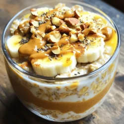 - 1 cup rolled oats - 2 cups almond milk (or milk of your choice) - 2 ripe bananas, sliced - 1/4 cup creamy peanut butter - 2 tablespoons honey or maple syrup - 1/2 teaspoon vanilla extract - 1/2 teaspoon ground cinnamon - A pinch of salt - Chopped nuts - Chia seeds - Extra banana slices - Drizzle of peanut butter This recipe for Peanut Butter Banana Overnight Oats is simple yet delicious. You need basic ingredients to make it. Rolled oats form the base. Almond milk adds creaminess. Bananas provide natural sweetness. Creamy peanut butter gives a rich flavor. Honey or maple syrup enhances the taste. For added flavor, you can mix in vanilla extract and ground cinnamon. A pinch of salt balances the sweetness. You can also get creative with your toppings. Chopped nuts add crunch. Chia seeds boost nutrition. Extra banana slices make it look pretty. A drizzle of peanut butter on top takes it up a notch. Using these ingredients, you create a filling meal. It’s perfect for busy mornings. You can find the full recipe to guide you through the steps. Enjoy this tasty dish! To start, gather your ingredients. You will need rolled oats, almond milk, peanut butter, honey or maple syrup, vanilla extract, ground cinnamon, and a pinch of salt. In a large bowl, combine these ingredients. Stir everything well. This step is very important. Mixing well ensures the peanut butter blends smoothly with the oats. You don’t want any clumps of peanut butter left behind. Next, it’s time to fold in the bananas. Take your ripe bananas and slice them. Add them to the mixture gently. This helps keep the banana pieces intact. You can save a few slices for topping later. Now, cover your bowl or container with a lid. Place it in the fridge for at least four hours or overnight. This soaking time allows the oats to soak up the milk and flavors, making them soft and tasty. When you’re ready to enjoy your oats, take them out of the fridge. Give them a good stir. If they seem too thick, add a splash of almond milk to loosen them up. Serve the oats in bowls. Top them with the reserved banana slices. You can also add chopped nuts, chia seeds, or an extra drizzle of peanut butter for more flavor. Enjoy this easy and delicious Peanut Butter Banana Overnight Oats recipe. Check out the Full Recipe for more details! You can change the sweetness of your oats. Use honey or maple syrup based on your taste. Start with two tablespoons. Adjust more or less as you like. Want to switch butters? Almond or cashew butter works great too. Each nut butter gives a different flavor. To get the right consistency, use 2 cups of almond milk. If you want it creamier, add more milk. Mix well to avoid clumps. Making ahead? Store in the fridge for up to three days. Just remember to stir before serving. Spices add a nice touch. Try adding a pinch of nutmeg or a dash of cocoa powder. These give depth to the flavor. Want more nutrition? Add chopped nuts or seeds. They make the dish crunchier and healthier. You can also mix in berries or apples for extra fun! {{image_2}} You can easily adjust this recipe to fit different diets. For a vegan option, use plant-based milk, like almond or oat milk. Replace honey with maple syrup to keep it vegan. To make it gluten-free, ensure you use certified gluten-free oats. If you need a nut-free version, try sun butter instead of peanut butter. This swap gives you a similar creamy texture without nuts. You can also use seed butter for a tasty alternative. For a fun twist, try making chocolate peanut butter banana oats. Just add cocoa powder for a rich, chocolatey taste. Mix in about 2 tablespoons of cocoa powder with the oats. You’ll love the extra flavor! Another great choice is berry banana oats. Add fresh or frozen berries, like strawberries or blueberries. They add a burst of flavor and beautiful color. Just fold them in before you let the oats sit overnight. Using seasonal fruits can really boost your oats. In summer, add fresh peaches or berries. In fall, try diced apples and a touch of nutmeg. These fruits keep your oats fresh and exciting. Spices can also add a seasonal flair. In winter, consider adding ginger or cinnamon. They warm up your oats and make them feel cozy. Mixing in seasonal ingredients keeps your breakfast creative and fun. For the complete recipe, refer to the Full Recipe section. To keep your Peanut Butter Banana Overnight Oats fresh, store them in the fridge. Use a tightly sealed container. Glass jars work well. They help keep the oats cool and tasty. Plastic containers are also fine. Just make sure they are airtight. Yes, you can freeze overnight oats! This method is great for meal prep. Use freezer-safe containers or bags. Leave some space at the top, as the oats will expand. To thaw, place them in the fridge overnight. You can also microwave them on low. Stir well after heating to avoid hot spots. In the fridge, these oats last about 3 to 5 days. Always check for signs of spoilage. If you see any mold or off smells, throw them out. Fresh oats should smell like peanut butter and bananas. Enjoy your creamy delight while it’s still fresh! Can I use instant oats instead? Yes, you can use instant oats. They will soak up liquid quickly. However, they may become mushy. Use rolled oats for a chewier texture. Can I make this recipe without bananas? Absolutely! You can swap bananas with applesauce or mashed avocado. This will change the flavor but still keep it creamy. Are peanut butter banana overnight oats healthy? Yes, they are quite healthy! They offer fiber, protein, and healthy fats. This makes them a balanced meal. What are the calorie counts and macros? One serving has about 400 calories. It contains 12g protein, 60g carbs, and 15g fat. Adjust ingredients for different macro goals. How far in advance can I prepare them? You can prepare these oats up to five days in advance. Just store them in the fridge in a sealed container. Can I double the recipe for meal prep? Yes, you can easily double the recipe. Just mix all ingredients in a larger container. Enjoy your ready-made breakfasts! This blog post shared how to make delicious overnight oats. You learned about key ingredients like rolled oats, almond milk, and bananas. You also discovered various tips for flavor and texture. Remember, you can customize your oats to fit your taste. Enjoy experimenting with toppings and flavors! These oats are a quick and healthy choice for breakfast. With the right ingredients and steps, you’ll always have a satisfying meal ready to go.