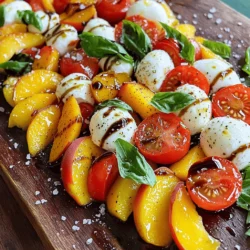To make a Peach Caprese Salad, you need some key ingredients. These include: - 3 ripe peaches, sliced - 1 cup fresh mozzarella balls (bocconcini) - 1 cup cherry tomatoes, halved - 1 cup fresh basil leaves These ingredients create a bright and tasty salad. The peaches add sweetness, while the mozzarella provides creaminess. Cherry tomatoes give a pop of color and fresh flavor, and basil brings a lovely aroma. Seasonings are important for flavor. You will need: - 2 tablespoons balsamic glaze - 1 tablespoon olive oil - Salt and freshly cracked black pepper, to taste The balsamic glaze adds a tangy sweetness. Olive oil enriches the salad with healthy fat. Salt and pepper enhance all the flavors, making each bite delicious. You might want to enhance your salad even more. Here are some optional toppings: - Cracked black pepper - Additional fresh herbs Cracked black pepper adds a spicy kick. Fresh herbs can boost the salad's aroma and taste. Feel free to get creative and personalize your dish! For the Full Recipe, check out the details to make this delightful salad. Start by washing your peaches. This step is key for freshness. Slice the peaches into thin wedges and set them aside. Next, grab a large serving bowl or platter. In this bowl, arrange the peach slices evenly. This creates a beautiful base for your salad. Now, it’s time to add more color. Place mozzarella balls around the peaches. Then, add halved cherry tomatoes. Tuck fresh basil leaves in between the peach and cheese layers. This not only adds flavor but also looks lovely. Aim for a mix of colors. The more vibrant, the better! Once your salad looks great, it’s time for the dressings. Drizzle olive oil and balsamic glaze over the entire salad. This adds a rich taste. Season with salt and freshly cracked black pepper to enhance the flavors. Gently toss the salad. Be careful not to break the peach slices. Let the salad sit for about 5 minutes. This allows the flavors to blend together perfectly. Enjoy your Peach Caprese Salad! You can find the Full Recipe for more details. To make your Peach Caprese Salad shine, pick ripe, juicy peaches. Look for peaches that have a nice yellow hue and feel slightly soft when you press them. The scent of a ripe peach is sweet and fragrant. Avoid hard or overly soft peaches, as they may lack flavor. You can boost the flavor with a few extra ingredients. Try adding thinly sliced red onion for a bit of bite. A sprinkle of feta cheese adds a salty kick that pairs well with the sweetness of the peaches. Fresh mint leaves can give your salad a refreshing twist. For an extra crunch, toss in some chopped nuts like pistachios or walnuts. Make your salad look stunning with a few simple tricks. Use a large, white platter to let the colors pop. Arrange peach slices in a circle, with mozzarella and tomatoes in the center. Drizzle balsamic glaze in a zigzag pattern over the top. Garnish with whole basil leaves for a fresh touch. This makes your salad not just tasty but also a feast for the eyes! {{image_2}} If you want a dairy-free or vegan option, swap mozzarella for vegan cheese. You can also use tofu. Silken tofu works well and gives a creamy texture. For a tangy flavor, try using cashew cream. These substitutes keep the dish tasty and vibrant. Change up the fruits based on what is fresh. In summer, try ripe strawberries or juicy nectarines. In fall, apples or pears can add a nice crunch. Seasonal fruits make the salad exciting and different each time. You can also use heirloom tomatoes in late summer for more color. Add nuts for a crunchy texture. Toasted pine nuts or walnuts can enhance the taste. You can also try different vinegars, like apple cider or red wine. They can bring out the natural sweetness of the peaches. For a kick, sprinkle in some red pepper flakes. Each twist makes the salad unique and fun to eat. For the full recipe, check out the section above. To keep your Peach Caprese Salad fresh, use an airtight container. This method helps to trap moisture and flavor. Store the salad in the fridge as soon as possible. If you want to keep the salad crisp, avoid mixing in the dressing until serving time. This way, the peaches, tomatoes, and cheese stay fresh. You can keep the salad in the fridge for about 2 days. After that, the peaches may start to brown, and the cheese can lose its texture. If you notice any changes in color or smell, it’s best to throw it away. Always trust your senses when it comes to food safety. Peach Caprese Salad is best served cold. It enhances the flavors and keeps the ingredients fresh. If you want to serve it later, just chill it in the fridge. Reheating is not recommended, as it can affect the salad's texture and taste. Enjoy it fresh for the best experience! For the complete recipe, check out the Full Recipe. Peach Caprese Salad pairs well with many tasty options. Here are a few ideas: - Grilled chicken or fish for protein - Crusty bread to soak up the juices - A light, crisp white wine like Pinot Grigio - A fresh green salad for a full meal These choices enhance the flavors and make your meal more satisfying. You can prepare the salad in advance, but timing is key. I recommend making it no more than two hours before serving. This keeps the peaches fresh and the mozzarella creamy. If you make it too early, the salad may become soggy. Peach Caprese Salad is a healthy choice. It is low in calories and rich in vitamins. Here’s a quick breakdown: - Peaches provide vitamins A and C. - Mozzarella adds protein and calcium. - Tomatoes are full of antioxidants. - Olive oil offers healthy fats. This salad is not only delicious but also packed with nutrition. Enjoy every bite knowing it’s good for you! Peach Caprese Salad combines fresh peaches, mozzarella, and tomatoes for a summer delight. You learned how to prepare, layer, and present this dish beautifully. Remember to choose ripe peaches for the best flavor. Consider healthy variations and toppings to personalize your salad. Store leftovers properly to keep them fresh. This dish not only pleases the palate but also impresses guests with its vibrant look. Enjoy exploring the flavors and making it your own. Your Peach Caprese Salad journey begins now!