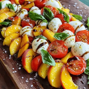 To make a Peach Caprese Salad, you need some key ingredients. These include: - 3 ripe peaches, sliced - 1 cup fresh mozzarella balls (bocconcini) - 1 cup cherry tomatoes, halved - 1 cup fresh basil leaves These ingredients create a bright and tasty salad. The peaches add sweetness, while the mozzarella provides creaminess. Cherry tomatoes give a pop of color and fresh flavor, and basil brings a lovely aroma. Seasonings are important for flavor. You will need: - 2 tablespoons balsamic glaze - 1 tablespoon olive oil - Salt and freshly cracked black pepper, to taste The balsamic glaze adds a tangy sweetness. Olive oil enriches the salad with healthy fat. Salt and pepper enhance all the flavors, making each bite delicious. You might want to enhance your salad even more. Here are some optional toppings: - Cracked black pepper - Additional fresh herbs Cracked black pepper adds a spicy kick. Fresh herbs can boost the salad's aroma and taste. Feel free to get creative and personalize your dish! For the Full Recipe, check out the details to make this delightful salad. Start by washing your peaches. This step is key for freshness. Slice the peaches into thin wedges and set them aside. Next, grab a large serving bowl or platter. In this bowl, arrange the peach slices evenly. This creates a beautiful base for your salad. Now, it’s time to add more color. Place mozzarella balls around the peaches. Then, add halved cherry tomatoes. Tuck fresh basil leaves in between the peach and cheese layers. This not only adds flavor but also looks lovely. Aim for a mix of colors. The more vibrant, the better! Once your salad looks great, it’s time for the dressings. Drizzle olive oil and balsamic glaze over the entire salad. This adds a rich taste. Season with salt and freshly cracked black pepper to enhance the flavors. Gently toss the salad. Be careful not to break the peach slices. Let the salad sit for about 5 minutes. This allows the flavors to blend together perfectly. Enjoy your Peach Caprese Salad! You can find the Full Recipe for more details. To make your Peach Caprese Salad shine, pick ripe, juicy peaches. Look for peaches that have a nice yellow hue and feel slightly soft when you press them. The scent of a ripe peach is sweet and fragrant. Avoid hard or overly soft peaches, as they may lack flavor. You can boost the flavor with a few extra ingredients. Try adding thinly sliced red onion for a bit of bite. A sprinkle of feta cheese adds a salty kick that pairs well with the sweetness of the peaches. Fresh mint leaves can give your salad a refreshing twist. For an extra crunch, toss in some chopped nuts like pistachios or walnuts. Make your salad look stunning with a few simple tricks. Use a large, white platter to let the colors pop. Arrange peach slices in a circle, with mozzarella and tomatoes in the center. Drizzle balsamic glaze in a zigzag pattern over the top. Garnish with whole basil leaves for a fresh touch. This makes your salad not just tasty but also a feast for the eyes! {{image_2}} If you want a dairy-free or vegan option, swap mozzarella for vegan cheese. You can also use tofu. Silken tofu works well and gives a creamy texture. For a tangy flavor, try using cashew cream. These substitutes keep the dish tasty and vibrant. Change up the fruits based on what is fresh. In summer, try ripe strawberries or juicy nectarines. In fall, apples or pears can add a nice crunch. Seasonal fruits make the salad exciting and different each time. You can also use heirloom tomatoes in late summer for more color. Add nuts for a crunchy texture. Toasted pine nuts or walnuts can enhance the taste. You can also try different vinegars, like apple cider or red wine. They can bring out the natural sweetness of the peaches. For a kick, sprinkle in some red pepper flakes. Each twist makes the salad unique and fun to eat. For the full recipe, check out the section above. To keep your Peach Caprese Salad fresh, use an airtight container. This method helps to trap moisture and flavor. Store the salad in the fridge as soon as possible. If you want to keep the salad crisp, avoid mixing in the dressing until serving time. This way, the peaches, tomatoes, and cheese stay fresh. You can keep the salad in the fridge for about 2 days. After that, the peaches may start to brown, and the cheese can lose its texture. If you notice any changes in color or smell, it’s best to throw it away. Always trust your senses when it comes to food safety. Peach Caprese Salad is best served cold. It enhances the flavors and keeps the ingredients fresh. If you want to serve it later, just chill it in the fridge. Reheating is not recommended, as it can affect the salad's texture and taste. Enjoy it fresh for the best experience! For the complete recipe, check out the Full Recipe. Peach Caprese Salad pairs well with many tasty options. Here are a few ideas: - Grilled chicken or fish for protein - Crusty bread to soak up the juices - A light, crisp white wine like Pinot Grigio - A fresh green salad for a full meal These choices enhance the flavors and make your meal more satisfying. You can prepare the salad in advance, but timing is key. I recommend making it no more than two hours before serving. This keeps the peaches fresh and the mozzarella creamy. If you make it too early, the salad may become soggy. Peach Caprese Salad is a healthy choice. It is low in calories and rich in vitamins. Here’s a quick breakdown: - Peaches provide vitamins A and C. - Mozzarella adds protein and calcium. - Tomatoes are full of antioxidants. - Olive oil offers healthy fats. This salad is not only delicious but also packed with nutrition. Enjoy every bite knowing it’s good for you! Peach Caprese Salad combines fresh peaches, mozzarella, and tomatoes for a summer delight. You learned how to prepare, layer, and present this dish beautifully. Remember to choose ripe peaches for the best flavor. Consider healthy variations and toppings to personalize your salad. Store leftovers properly to keep them fresh. This dish not only pleases the palate but also impresses guests with its vibrant look. Enjoy exploring the flavors and making it your own. Your Peach Caprese Salad journey begins now!