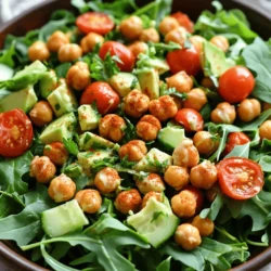 To make a tasty crispy chickpea salad, you need some key ingredients: - 1 can (15 ounces) chickpeas, drained and rinsed - 2 tablespoons olive oil - 1 teaspoon smoked paprika - 1 teaspoon garlic powder - Salt and pepper to taste - 4 cups mixed salad greens (arugula, spinach, and romaine) - 1 cup cherry tomatoes, halved - 1 cucumber, diced - 1 small red onion, thinly sliced - 1 avocado, diced These ingredients create a base that is both crunchy and fresh. The chickpeas provide protein, while the veggies add vitamins. A good salad needs a great dressing. Here’s what you need: - Juice of 1 lemon - 2 tablespoons tahini - 1 tablespoon honey or maple syrup (optional) This dressing ties the salad together. The tahini gives it a nutty taste while the lemon adds a bright touch. You can switch things up with some fun add-ins: - Feta cheese for creaminess - Nuts like almonds or walnuts for extra crunch - Avocado for added creaminess and healthy fats These options let you customize the salad based on what you enjoy. Try the full recipe to explore all these flavors. To start, you want to preheat your oven to 400°F (200°C). This step is key for crispy chickpeas. Next, grab a mixing bowl and add one can of drained and rinsed chickpeas. Pour in two tablespoons of olive oil. Now, sprinkle in one teaspoon of smoked paprika and one teaspoon of garlic powder. Add salt and pepper to taste. Toss everything together until the chickpeas are well coated. This mixture will give a nice flavor to your chickpeas. Spread the chickpeas out on a baking sheet in a single layer. This helps them get crispy. Roast them in the preheated oven for 25-30 minutes. Remember to shake the pan halfway through for even roasting. When they turn golden, they are ready! While the chickpeas are roasting, it’s time to prepare the salad base. Grab a large bowl and add four cups of mixed salad greens. I like a mix of arugula, spinach, and romaine for great taste and texture. Next, chop one cucumber and add it to the greens. Slice one small red onion thinly and toss that in, too. Halve one cup of cherry tomatoes and add these colorful bites to your bowl. Lastly, dice one avocado for creaminess and richness. After the chickpeas cool slightly, it’s time to combine everything. Add the warm, crispy chickpeas to the salad. This adds a nice contrast to the cool veggies. Now, let’s whip up the dressing. In a small bowl, mix the juice of one lemon with two tablespoons of tahini. If you like a touch of sweetness, add one tablespoon of honey or maple syrup. Season with salt and pepper to taste, then whisk until smooth. Drizzle the tahini dressing over your salad and toss gently to combine. This will coat each ingredient with flavor. Serve the salad right away, garnished with fresh parsley. Enjoy this crispy chickpea salad as a delicious and nutritious dish! For the full recipe, check out the details above. To get your chickpeas crispy, start with dry ones. Drain and rinse them well. After that, pat them dry with a clean towel. This step removes extra moisture. The drier your chickpeas, the crispier they will be. Toss them with olive oil and seasonings. I love using smoked paprika and garlic powder for a great taste. Spread them out on a baking sheet. Make sure they are not touching. This allows heat to circulate around them. Roast at 400°F for 25 to 30 minutes. Shake the pan halfway to ensure even cooking. When you hear a nice crunch, you know they are ready. I enjoy serving this salad with extra crispy chickpeas on top. It adds a fun crunch. You can also serve it with a side of lemon wedges. The lemon adds a fresh burst of flavor. For a heartier meal, try adding grilled chicken or shrimp. This makes it filling and satisfying. Pairing it with whole grain bread is also a great option. It gives a nice texture contrast. This salad shines with the right flavor pairings. The creamy avocado balances the crispness of the chickpeas. Fresh herbs like parsley enhance the dish's taste. If you want more spice, add some red pepper flakes. They bring a nice kick without overpowering. You can also mix in some feta cheese for a salty touch. For a sweet note, try adding sliced strawberries or apples. They brighten the salad and create a nice contrast. For more recipe tips, check the Full Recipe for ideas on variations! {{image_2}} This salad is already vegan! The chickpeas, greens, and veggies all fit. You can also add more plant-based toppings. Try sunflower seeds or pumpkin seeds for crunch. You might enjoy adding fresh herbs, like cilantro or basil, for extra flavor. Crispy Chickpea Salad is naturally gluten-free. The main ingredients, like chickpeas and fresh veggies, are safe. Check your tahini and any dressings to ensure they are gluten-free. You can swap honey with maple syrup for a sweet touch. Change the salad with the seasons! In spring, add fresh radishes for a crisp bite. In summer, toss in sweet corn or bell peppers for color. Fall is great for roasted squash or apples. Winter greens, like kale or Swiss chard, add a hearty touch. Use what's fresh to keep your salad exciting and tasty! For the full recipe, check out the Crispy Chickpea Salad. To store your crispy chickpea salad, place it in an airtight container. This keeps flavors fresh. You can keep it in the fridge for up to three days. If you want the chickpeas to stay crispy, store them separately from the salad. If you have leftover chickpeas, you can reheat them for a warm touch. Preheat your oven to 375°F (190°C). Spread the chickpeas on a baking sheet. Bake them for about 10 minutes or until crispy again. Avoid using the microwave, as it can make them soggy. Most ingredients in this salad have a good shelf life. Here’s a quick guide: - Chickpeas: Canned chickpeas last for 2-3 years if unopened. - Mixed greens: Use within 3-5 days for freshness. - Cherry tomatoes: Best if eaten within a week. - Cucumber: Lasts about a week in the fridge. - Avocado: Best to eat within 1-2 days after cutting. - Tahini: Can last for 6 months if stored properly. For more details, check the Full Recipe. Yes, you can use canned chickpeas. They save time and are easy to use. Just drain and rinse them well before cooking. This step removes extra salt and makes them taste fresher. Using canned chickpeas helps you make this Crispy Chickpea Salad quickly. If you need a tahini substitute, try nut butter or sunflower seed butter. These options give a similar creamy texture. You can also use plain yogurt for a tangy twist. Each choice will add its own flavor, so pick what you like best. To add spice, use red pepper flakes or hot sauce. Both options bring heat and flavor to your salad. You can also mix in diced jalapeños or fresh chili peppers. Start with a little, then taste and adjust to your liking. This blog post covered how to make a tasty crispy chickpea salad. You learned about the key ingredients and step-by-step guides. I shared tips to make your chickpeas crispy and gave serving suggestions. You can also explore different variations based on your needs. Remember to store leftovers correctly for best flavor. Crispy chickpea salad is fun to make and eat. Try it with your favorite ingredients! You’ll enjoy this recipe for meals all week.