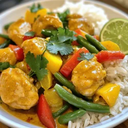 - 1 lb boneless, skinless chicken thighs, cut into bite-sized pieces - 1 can coconut milk - 2 tbsp red curry paste - 1 onion, finely chopped - 2 cloves garlic, minced - 1-inch piece ginger, grated - 1 bell pepper, sliced - 1 cup green beans, trimmed and halved - 1 tbsp fish sauce (optional) - 1 tbsp brown sugar - Juice of 1 lime - Fresh cilantro - Salt and pepper to taste Gather these ingredients before you start cooking. The chicken thighs are my favorite because they stay juicy. Coconut milk adds a creamy touch that balances the spice. The red curry paste brings depth and warmth to the dish. Next, the aromatics and veggies are key. Onion, garlic, and ginger create a fragrant base. The bell pepper adds sweetness, while green beans give a nice crunch. Finally, don’t skip the seasoning. Fish sauce adds umami, while brown sugar balances the heat. Lime juice brightens the dish, and cilantro gives a fresh finish. You can find the full recipe to make this dish at home. To make the best coconut curry chicken, start by prepping your ingredients. Gather all the items you need. Chop the onion, mince the garlic, and grate the ginger. Slice the bell pepper, and trim the green beans. Next, consider marinating the chicken. This step is optional, but it can add great flavor. Mix the chicken with some salt, pepper, and a splash of lime juice. Let it sit for about 15 minutes. Now, let’s cook! Heat olive oil in a large skillet over medium-high heat. Add the chopped onion and sauté until it turns soft and clear, which takes about 3 to 4 minutes. Then, stir in the minced garlic and grated ginger. Cook them until they smell amazing, about 1 minute. Once the aromatics are ready, add the chicken pieces. Make sure to season them with salt and pepper. Cook the chicken until it is brown on all sides, which should take about 5 to 6 minutes. After that, stir in the red curry paste. Coat the chicken well in the paste and cook for another 2 minutes. Pour in the coconut milk and mix everything well. Bring it to a gentle simmer. Now, add the sliced bell pepper and green beans. If you choose to use fish sauce, add it now along with brown sugar. Let the mixture simmer for 10 to 15 minutes. This will cook the chicken through and soften the veggies. Finally, check the taste. Adjust the seasoning with lime juice and add extra salt and pepper if needed. Remove the skillet from heat and sprinkle fresh cilantro on top just before serving. For the full recipe, be sure to check the complete instructions. Enjoy your flavorful coconut curry chicken! To make the best Coconut Curry Chicken, start with sautéing. Heat olive oil in your skillet over medium-high heat. Add chopped onion first. Sauté until the onion is soft and clear, about 3-4 minutes. Then, stir in minced garlic and grated ginger. Cook until you smell the aroma, about 1 minute. This step builds a solid flavor base. Next, add the chicken pieces. Make sure to season with salt and pepper. Cook until the chicken turns brown on all sides, about 5-6 minutes. This browning adds depth to your curry. For the perfect curry consistency, add the coconut milk after browning the chicken. Mix it well with the curry paste. Bring the pot to a gentle simmer. The goal is a creamy sauce that clings to the chicken and veggies. If you want to switch things up, try using tofu or shrimp instead of chicken. Tofu absorbs flavors well and is a great meat alternative. Shrimp cooks faster, so add it later in the simmering stage. For veggies, you can swap the bell pepper or green beans. Try adding zucchini, cauliflower, or snap peas. These swaps will keep your dish fresh and exciting. Coconut Curry Chicken pairs well with rice or noodles. Jasmine rice is a perfect fit; it soaks up the sauce nicely. For a fun twist, serve it with rice noodles. To add a burst of flavor, use lime juice and fresh cilantro as a topping. Squeeze lime over your curry before eating. It brightens the dish and balances the richness of the coconut milk. Enjoy this delightful meal with your loved ones! For a detailed guide, check the Full Recipe. {{image_2}} To spice up your Coconut Curry Chicken, try adding chili peppers or hot sauce. You can use fresh chili peppers like jalapeños or serranos for heat. Slice them thin and toss them in with the onions. If you prefer hot sauce, a few drops can go a long way. Just be careful, as you want to keep the balance of flavors. If you want a creamy version, consider using Greek yogurt instead of coconut milk. This swap adds a tangy flavor and makes the dish rich. Just stir in the yogurt at the end, after cooking the chicken. This keeps it smooth and prevents curdling. It’s a fun twist that still gives you a creamy texture. Incorporating seasonal vegetables can enhance your Coconut Curry Chicken. Think about adding zucchini, spinach, or peas. These veggies not only add color but also boost nutrition. You can toss them in during the last few minutes of cooking. They will cook quickly and stay bright and fresh. This way, you create a dish full of flavor and texture. For the full recipe, check out the Coconut Curry Chicken section. To store your Coconut Curry Chicken, place it in an airtight container. Let it cool to room temperature first. This helps keep it fresh. It will last for about three to four days in the fridge. When you are ready to eat, check for any off smells or changes in color. If you want to keep this dish longer, freezing is a great option. Pour your cooled Coconut Curry Chicken into a freezer-safe bag or container. Make sure to remove excess air to prevent freezer burn. It can stay frozen for up to three months. When you're ready to enjoy it, just thaw it in the fridge overnight. To reheat, use a skillet over medium heat. Add a splash of water or coconut milk to keep it moist. Stir it often until hot. You can also use the microwave. Heat it in short bursts, stirring in between, to avoid hot spots. This way, you'll keep all that yummy flavor and creamy texture intact. Enjoy your meal! Coconut curry chicken is a rich and creamy dish. It blends tender chicken with coconut milk and spices. This dish comes from Southeast Asia, especially Thai cuisine. The red curry paste adds warmth and depth. Each bite offers a burst of flavor. The mix of spices and coconut creates a comforting experience. Serve it over rice for a satisfying meal. To add more heat, try adding fresh chili peppers. Sliced jalapeños or Thai bird chilies work great. You can also mix in extra red curry paste. Start with a small amount and taste as you go. Another option is to add a dash of cayenne pepper. This keeps the flavor balanced while giving you the heat you crave. Yes, you can prepare coconut curry chicken ahead of time. Make it a day or two before serving. Just store it in an airtight container in the fridge. When you’re ready to eat, reheat it on the stove. Stir it gently to avoid sticking. You can also microwave it, but check it often. It’s best to serve it fresh for the best taste. For the full recipe, check the details above. This blog post covers making Coconut Curry Chicken. You learned the key ingredients, like chicken thighs and coconut milk. I shared cooking steps, tips for perfect texture, and how to make it spicy or creamy. Proper storage and reheating are essential, too. With these skills, you can create a delicious dish. Enjoy your cooking adventure, and don’t be afraid to explore your unique flavors!