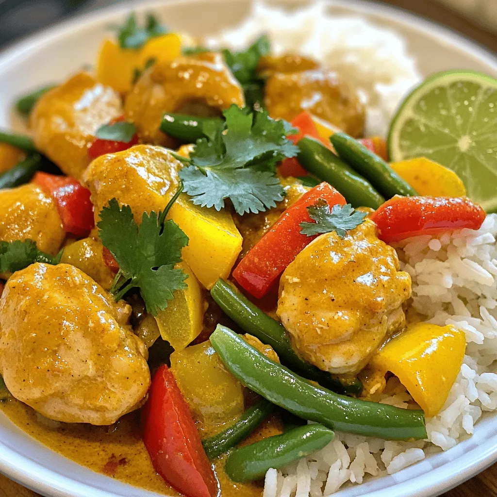 - 1 lb boneless, skinless chicken thighs, cut into bite-sized pieces - 1 can coconut milk - 2 tbsp red curry paste - 1 onion, finely chopped - 2 cloves garlic, minced - 1-inch piece ginger, grated - 1 bell pepper, sliced - 1 cup green beans, trimmed and halved - 1 tbsp fish sauce (optional) - 1 tbsp brown sugar - Juice of 1 lime - Fresh cilantro - Salt and pepper to taste Gather these ingredients before you start cooking. The chicken thighs are my favorite because they stay juicy. Coconut milk adds a creamy touch that balances the spice. The red curry paste brings depth and warmth to the dish. Next, the aromatics and veggies are key. Onion, garlic, and ginger create a fragrant base. The bell pepper adds sweetness, while green beans give a nice crunch. Finally, don’t skip the seasoning. Fish sauce adds umami, while brown sugar balances the heat. Lime juice brightens the dish, and cilantro gives a fresh finish. You can find the full recipe to make this dish at home. To make the best coconut curry chicken, start by prepping your ingredients. Gather all the items you need. Chop the onion, mince the garlic, and grate the ginger. Slice the bell pepper, and trim the green beans. Next, consider marinating the chicken. This step is optional, but it can add great flavor. Mix the chicken with some salt, pepper, and a splash of lime juice. Let it sit for about 15 minutes. Now, let’s cook! Heat olive oil in a large skillet over medium-high heat. Add the chopped onion and sauté until it turns soft and clear, which takes about 3 to 4 minutes. Then, stir in the minced garlic and grated ginger. Cook them until they smell amazing, about 1 minute. Once the aromatics are ready, add the chicken pieces. Make sure to season them with salt and pepper. Cook the chicken until it is brown on all sides, which should take about 5 to 6 minutes. After that, stir in the red curry paste. Coat the chicken well in the paste and cook for another 2 minutes. Pour in the coconut milk and mix everything well. Bring it to a gentle simmer. Now, add the sliced bell pepper and green beans. If you choose to use fish sauce, add it now along with brown sugar. Let the mixture simmer for 10 to 15 minutes. This will cook the chicken through and soften the veggies. Finally, check the taste. Adjust the seasoning with lime juice and add extra salt and pepper if needed. Remove the skillet from heat and sprinkle fresh cilantro on top just before serving. For the full recipe, be sure to check the complete instructions. Enjoy your flavorful coconut curry chicken! To make the best Coconut Curry Chicken, start with sautéing. Heat olive oil in your skillet over medium-high heat. Add chopped onion first. Sauté until the onion is soft and clear, about 3-4 minutes. Then, stir in minced garlic and grated ginger. Cook until you smell the aroma, about 1 minute. This step builds a solid flavor base. Next, add the chicken pieces. Make sure to season with salt and pepper. Cook until the chicken turns brown on all sides, about 5-6 minutes. This browning adds depth to your curry. For the perfect curry consistency, add the coconut milk after browning the chicken. Mix it well with the curry paste. Bring the pot to a gentle simmer. The goal is a creamy sauce that clings to the chicken and veggies. If you want to switch things up, try using tofu or shrimp instead of chicken. Tofu absorbs flavors well and is a great meat alternative. Shrimp cooks faster, so add it later in the simmering stage. For veggies, you can swap the bell pepper or green beans. Try adding zucchini, cauliflower, or snap peas. These swaps will keep your dish fresh and exciting. Coconut Curry Chicken pairs well with rice or noodles. Jasmine rice is a perfect fit; it soaks up the sauce nicely. For a fun twist, serve it with rice noodles. To add a burst of flavor, use lime juice and fresh cilantro as a topping. Squeeze lime over your curry before eating. It brightens the dish and balances the richness of the coconut milk. Enjoy this delightful meal with your loved ones! For a detailed guide, check the Full Recipe. {{image_2}} To spice up your Coconut Curry Chicken, try adding chili peppers or hot sauce. You can use fresh chili peppers like jalapeños or serranos for heat. Slice them thin and toss them in with the onions. If you prefer hot sauce, a few drops can go a long way. Just be careful, as you want to keep the balance of flavors. If you want a creamy version, consider using Greek yogurt instead of coconut milk. This swap adds a tangy flavor and makes the dish rich. Just stir in the yogurt at the end, after cooking the chicken. This keeps it smooth and prevents curdling. It’s a fun twist that still gives you a creamy texture. Incorporating seasonal vegetables can enhance your Coconut Curry Chicken. Think about adding zucchini, spinach, or peas. These veggies not only add color but also boost nutrition. You can toss them in during the last few minutes of cooking. They will cook quickly and stay bright and fresh. This way, you create a dish full of flavor and texture. For the full recipe, check out the Coconut Curry Chicken section. To store your Coconut Curry Chicken, place it in an airtight container. Let it cool to room temperature first. This helps keep it fresh. It will last for about three to four days in the fridge. When you are ready to eat, check for any off smells or changes in color. If you want to keep this dish longer, freezing is a great option. Pour your cooled Coconut Curry Chicken into a freezer-safe bag or container. Make sure to remove excess air to prevent freezer burn. It can stay frozen for up to three months. When you're ready to enjoy it, just thaw it in the fridge overnight. To reheat, use a skillet over medium heat. Add a splash of water or coconut milk to keep it moist. Stir it often until hot. You can also use the microwave. Heat it in short bursts, stirring in between, to avoid hot spots. This way, you'll keep all that yummy flavor and creamy texture intact. Enjoy your meal! Coconut curry chicken is a rich and creamy dish. It blends tender chicken with coconut milk and spices. This dish comes from Southeast Asia, especially Thai cuisine. The red curry paste adds warmth and depth. Each bite offers a burst of flavor. The mix of spices and coconut creates a comforting experience. Serve it over rice for a satisfying meal. To add more heat, try adding fresh chili peppers. Sliced jalapeños or Thai bird chilies work great. You can also mix in extra red curry paste. Start with a small amount and taste as you go. Another option is to add a dash of cayenne pepper. This keeps the flavor balanced while giving you the heat you crave. Yes, you can prepare coconut curry chicken ahead of time. Make it a day or two before serving. Just store it in an airtight container in the fridge. When you’re ready to eat, reheat it on the stove. Stir it gently to avoid sticking. You can also microwave it, but check it often. It’s best to serve it fresh for the best taste. For the full recipe, check the details above. This blog post covers making Coconut Curry Chicken. You learned the key ingredients, like chicken thighs and coconut milk. I shared cooking steps, tips for perfect texture, and how to make it spicy or creamy. Proper storage and reheating are essential, too. With these skills, you can create a delicious dish. Enjoy your cooking adventure, and don’t be afraid to explore your unique flavors!
