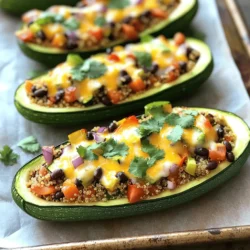 Here are the key ingredients you will need for stuffed zucchini boats: - 4 medium zucchini - 1 cup quinoa, rinsed and drained - 2 cups vegetable broth - 1 can (15 oz) black beans, drained and rinsed - 1 cup diced tomatoes (fresh or canned) - 1 small red onion, finely chopped - 1 red bell pepper, diced - 2 cloves garlic, minced - 1 teaspoon cumin - 1 teaspoon chili powder - 1/2 teaspoon smoked paprika - Salt and pepper to taste - 1 cup shredded cheese (cheddar or a Mexican blend) - Fresh cilantro for garnish - 1 tablespoon olive oil Feel free to add these ingredients for extra flavor: - Jalapeños for heat - Corn for sweetness - Avocado for creaminess - Lime juice for zest Each serving of stuffed zucchini boats is packed with nutrition. Here’s a breakdown: - Calories: About 350 - Protein: 14g - Carbohydrates: 50g - Fiber: 12g - Fat: 10g These boats are not only tasty but also a healthy option. With the mix of quinoa and beans, you get a good source of protein and fiber. Enjoy them as a main dish or a hearty side! Check out the Full Recipe for more cooking tips and serving ideas. 1. First, preheat your oven to 375°F (190°C). 2. Slice each zucchini in half lengthwise. 3. Use a spoon to scoop out the center, making boats. Leave a border around the edges. 4. Set the scooped zucchini flesh aside for later. 1. In a medium saucepan, heat 1 tablespoon of olive oil over medium heat. 2. Add the chopped red onion and diced red bell pepper. Sauté for about 5 minutes until soft. 3. Stir in the reserved zucchini flesh, minced garlic, cumin, chili powder, smoked paprika, salt, and pepper. Cook for 3 more minutes while stirring. 4. Add 1 cup of quinoa and 2 cups of vegetable broth to the pan. Bring to a boil. 5. Reduce heat to low, cover, and simmer for 15 minutes until quinoa is cooked and liquid is absorbed. 6. Remove from heat and gently fold in 1 can of black beans and 1 cup of diced tomatoes. Taste and adjust the seasoning if needed. 7. Place the zucchini boats on a baking sheet lined with parchment paper. Fill each boat with the quinoa mixture, pressing it down slightly. 8. Top each filled zucchini boat with 1 cup of shredded cheese. 9. Bake in the preheated oven for 20-25 minutes. Look for tender zucchini and melted cheese. 10. Once done, let the boats cool for a few minutes. Garnish with fresh cilantro before serving. Serve these stuffed zucchini boats on a colorful plate. Pair them with a fresh salad or some crusty bread. You can also drizzle a bit of hot sauce on top for a kick. Enjoy a zesty quinoa and black bean stuffed zucchini boat for a fun and healthy meal! For the full recipe, check here. To find the best zucchini, look for firm ones. Choose those with smooth skin and no spots. The size matters too. Smaller zucchinis have a sweeter taste and better texture. A medium zucchini works well for stuffing. Adding herbs and spices boosts flavor. Fresh herbs like basil or parsley add brightness. You can also add a squeeze of lemon juice for zing. A dash of hot sauce brings heat if you like spice. For a richer taste, try sautéing the veggies longer. One mistake is overcooking the zucchini. You want a tender bite, not mushy. Don’t forget to season your filling well. Taste it before filling the boats. Lastly, make sure to pack the filling tightly. This ensures every bite is full of flavor. For a full recipe, check out Zesty Quinoa and Black Bean Stuffed Zucchini Boats. {{image_2}} Stuffed zucchini boats are a great way to enjoy veggies. For a vegetarian twist, skip the meat. You can fill the boats with a mix of grains, beans, and veggies. Use ingredients like lentils, chickpeas, or brown rice. Add some spinach or kale for extra greens. Top with cheese or a creamy sauce. This keeps your meal flavorful and filling, and you get lots of nutrients. If you love meat, you can easily add it to your stuffed zucchini boats. Ground turkey, chicken, or beef works well. Just cook the meat with your sautéed veggies. Mix in the quinoa and seasonings. This gives your dish a hearty flavor. Top with cheese and bake. You will have a satisfying meal that both meat lovers and vegetarians can enjoy. Toppings can change the whole dish. Instead of cheese, try using avocado or a dollop of sour cream. You can also add fresh herbs like basil or parsley for a bright taste. Want a spicy kick? Add some jalapeños or hot sauce on top. This allows you to customize your stuffed zucchini boats to fit your taste. Explore different toppings to find your perfect flavor. For the full recipe, check out the details above. To keep your stuffed zucchini boats fresh, let them cool first. Place them in an airtight container. Store in the fridge for up to three days. Make sure to separate layers with parchment paper to avoid sticking. This helps keep them nice and neat. Reheat your zucchini boats in the oven for the best results. Set the oven to 350°F (175°C). Place the boats on a baking sheet and cover with foil. Heat for about 15 minutes until warm. You can also microwave them for 2-3 minutes, but the oven keeps the texture better. If you want to freeze stuffed zucchini boats, prepare them first, but don’t bake. After filling the boats, wrap each one in plastic wrap. Then, place them in a freezer-safe bag. They can last for up to three months. When ready to eat, thaw in the fridge overnight before baking. For the full recipe, check out the section above. You will know the zucchini boats are cooked when they are tender. Poke them gently with a fork to check. The cheese on top should also be melted and bubbly. If the zucchini feels soft but firm, you are good to go. This usually takes about 20-25 minutes in the oven at 375°F. Yes, you can prepare stuffed zucchini boats ahead of time. Just follow the recipe up to the baking step. After filling the zucchini, cover them and store them in the fridge. You can bake them later when needed. This makes for a quick meal on busy days. Just add a few extra minutes to the baking time if they are cold from the fridge. If you want to substitute quinoa, you have several options. Brown rice works well and adds a nice texture. You can also use couscous or bulgur wheat for a different flavor. If you prefer a low-carb option, try using cauliflower rice. Each of these will give you a tasty stuffed zucchini boat. For the full recipe, check out the instructions earlier. This blog post covered how to make stuffed zucchini boats. We looked at the ingredients, preparation, and cooking steps. You learned tips for picking the best zucchini and common mistakes to avoid. We explored delicious variations and how to store leftovers properly. In my view, stuffed zucchini boats are a fun and healthy dish. They offer many options for taste and ingredients. Try making your own and enjoy every bite!