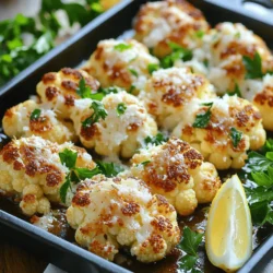 For this tasty dish, gather these key items: - 1 large head of cauliflower, cut into florets - 4 tablespoons olive oil - 4 cloves garlic, minced - 1/2 cup grated Parmesan cheese These main ingredients create the base of flavor and texture. Cauliflower becomes tender and crispy when roasted. Olive oil helps it brown and adds a rich taste. Garlic gives a nice aroma and taste. Parmesan cheese adds a wonderful salty crunch. To enhance the flavor, you will need: - 1 teaspoon onion powder - 1 teaspoon smoked paprika - 1/2 teaspoon salt - 1/4 teaspoon black pepper These spices make the dish pop! Onion powder adds depth. Smoked paprika brings a hint of smokiness. Salt and black pepper bring out the natural flavors of the cauliflower. To make your dish shine, consider these garnishes: - 2 tablespoons fresh parsley, chopped (for garnish) - Lemon wedges (for serving) Fresh parsley adds color and freshness. The lemon juice gives a zesty kick when squeezed over the hot cauliflower. It brightens the flavors and makes the dish even more enjoyable. For the full recipe, check the earlier section titled Full Recipe. First, gather your ingredients. You need a large head of cauliflower, olive oil, garlic, Parmesan, onion powder, smoked paprika, salt, and pepper. Cut the cauliflower into florets. Aim for bite-sized pieces. This helps them cook evenly. Place the florets in a large mixing bowl. Add the olive oil, minced garlic, onion powder, smoked paprika, salt, and black pepper. Toss everything together. Ensure each floret gets coated well. Next, preheat your oven to 425°F (220°C). Spread the cauliflower mixture onto a large baking sheet. Make sure the florets are in a single layer. This step is key for even roasting. Roast in the oven for 20-25 minutes. Halfway through, stir the florets to promote even cooking. Look for a nice golden brown color and tender texture. Once roasted, take the baking sheet out of the oven. Immediately sprinkle the grated Parmesan cheese over the hot cauliflower. This allows the cheese to melt nicely. Return the baking sheet to the oven for another 5 minutes. The cheese will get slightly crispy, adding a lovely texture. After that, remove the cauliflower from the oven. Let it cool for a minute. Transfer the roasted florets to a serving platter. Garnish with freshly chopped parsley. Serve with lemon wedges for a zesty touch. Squeeze the lemon juice just before eating for extra brightness. You can find the full recipe [here](#). To get the best roast, cut your cauliflower into even florets. This helps them cook at the same rate. Use a large baking sheet to spread out the florets. Crowding can lead to steaming instead of roasting. Make sure your oven is preheated to 425°F (220°C). This high heat makes the cauliflower crispy and golden. Stir the florets halfway through cooking for even browning. You can tweak the flavor to fit your taste. If you want more garlic, add a bit more minced garlic. For heat, try adding a pinch of red pepper flakes. You can also switch the smoked paprika for regular paprika if that's what you have. The salt and pepper can be adjusted too. Taste the mix before roasting to find your perfect balance. Serve this tasty dish with a squeeze of fresh lemon juice. The lemon adds a bright zing that contrasts well with the cheese. You can also pair it with grilled meats or fish for a lovely meal. Try adding it to salads for extra crunch or as a side to pasta dishes. For a fun twist, serve it on a taco with your favorite toppings. Check out the Full Recipe for more ideas on how to enjoy this dish! {{image_2}} If you want a vegan version, skip the cheese. You can use nutritional yeast instead. It adds a cheesy flavor without the dairy. Mix in 1/4 cup of nutritional yeast when you toss the cauliflower. This keeps it tasty and plant-based. You can try different cheeses for great flavor. Instead of Parmesan, use Pecorino Romano for a sharper taste. Or, go for a dairy-free cheese if you want to keep it vegan. Just remember to choose one that melts well. Want to mix it up? Add some other veggies like bell peppers or zucchini. They add color and flavor. You can also toss in some crushed red pepper flakes for heat. For a herb twist, sprinkle in thyme or rosemary before roasting. These additions keep your Garlic Parmesan Roasted Cauliflower exciting and fresh. Check out the Full Recipe for more ideas! After you enjoy your Garlic Parmesan Roasted Cauliflower, store leftovers in an airtight container. Keep it in the fridge for up to three days. This keeps the flavors fresh and the texture good. If you want to save it longer, consider freezing. To reheat, place the leftovers on a baking sheet. Bake at 350°F (175°C) for about 10-15 minutes. This method helps regain some crispness. You can also use a microwave, but it may make the cauliflower soft. For best results, use the oven. If you want to freeze Garlic Parmesan Roasted Cauliflower, let it cool first. Place it in a freezer-safe container or bag. It can last up to three months in the freezer. When you're ready to eat, thaw it in the fridge overnight. Then, reheat as mentioned before. Enjoy those tasty flavors later! Roasting cauliflower takes about 20 to 25 minutes. You want it tender and golden brown. Stir the florets halfway through to ensure they cook evenly. The time may vary slightly based on your oven and the size of the florets. Yes, you can prepare the cauliflower ahead of time. You can wash and cut the cauliflower a day before. Store it in the fridge in a sealed bag. Just add the olive oil and seasonings before roasting for the best flavor. Cauliflower is low in calories and packed with nutrients. It has vitamins C, K, and B6. It also contains fiber, which is good for digestion. Eating cauliflower may help reduce the risk of heart disease and improve overall health. You can use frozen cauliflower, but fresh gives the best texture. If using frozen, thaw it first and drain excess water. This helps the cauliflower roast well and not steam. Adjust roasting time as frozen cauliflower may need longer to cook through. For the full recipe, check out the complete instructions above. Garlic Parmesan Roasted Cauliflower is a tasty dish that’s easy to make. You learned about key ingredients and spices that add flavor. The step-by-step guide showed how to prepare, roast, and finish your cauliflower perfectly. Tips help you adjust flavors and serve it just right. Remember, you can make variations to suit your taste, whether using vegan cheese or extra spices. Storing leftovers is simple and reheating keeps the flavor strong. Now, enjoy this dish and impress your friends with your cooking skills!