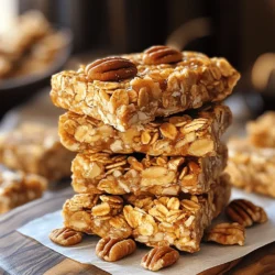 - 2 cups rolled oats - 1 cup pecans, chopped - 1/2 cup almond butter (or any nut butter) - 1/3 cup pure maple syrup - 1/4 cup honey (or agave syrup for a vegan option) - 1/2 teaspoon vanilla extract - 1/2 teaspoon cinnamon - 1/4 teaspoon salt - 1/2 cup dried cranberries or raisins (optional) - 1/4 cup mini dark chocolate chips (optional) The star of this recipe is the maple syrup. It gives the bars a sweet and rich flavor that pairs perfectly with the pecans. You can switch almond butter for another nut butter, depending on your taste. The oats offer a chewy texture, making every bite satisfying. When making these bars, consider adding dried fruit or chocolate chips for extra flavor. Dried cranberries add a tartness that balances the sweetness of the maple syrup. Mini dark chocolate chips bring a touch of indulgence that kids and adults love. Each bar has about 150 calories. They contain 4 grams of protein, 7 grams of fat, and 20 grams of carbohydrates. This makes them a great snack option for energy without a sugar crash. You can easily make these bars vegan by using agave syrup instead of honey. For a nut-free version, swap nut butter with sunflower seed butter. To keep them gluten-free, ensure your oats are certified gluten-free. This way, everyone can enjoy a delicious and healthy snack! - Preheat your oven to 350°F (175°C). - Line an 8x8 inch baking pan with parchment paper. - In a large bowl, mix 2 cups rolled oats and 1 cup chopped pecans. - Spread this mix on a baking sheet. - Toast the mixture in the oven for about 10 minutes. Stir halfway through. - In a saucepan over low heat, combine: - 1/2 cup almond butter - 1/3 cup pure maple syrup - 1/4 cup honey - 1/2 teaspoon vanilla extract - 1/2 teaspoon cinnamon - 1/4 teaspoon salt - Stir the mix for 3-5 minutes until smooth. - Remove the toasted oats and pecans from the oven and let cool slightly. - Pour the warm almond butter mix over the oat and pecan mix. - If desired, add 1/2 cup dried cranberries and 1/4 cup mini dark chocolate chips. - Use a spatula to stir everything until well coated. - Transfer the granola mix into the prepared baking pan. - Press the mixture firmly into the pan using a spatula or your hands. - Bake for 15-20 minutes until the edges start to brown. - Allow the bars to cool in the pan for about 10 minutes. - Lift them out using the parchment paper and let cool completely. - Once cool, cut into bars of your desired shape and size. For the complete recipe details, check the [Full Recipe]. To keep your granola bars fresh, store them in an airtight container. Place parchment paper between layers to avoid sticking. They stay good for about a week at room temperature. For longer storage, you can freeze them. Wrap each bar in plastic wrap and place them in a freezer bag. They will last for up to three months in the freezer. For a fun presentation, stack your granola bars on a wooden board. Add some extra pecans on top and drizzle with maple syrup. This gives a nice rustic look. You could also wrap each bar in parchment paper for easy snacks on the go. Pair these bars with yogurt or fresh fruit for a great breakfast or snack! A common mistake is not pressing the mixture firmly enough in the pan. This can lead to crumbly bars. Make sure to press it down well before baking. You can also customize your bars. Try adding different nuts, seeds, or dried fruits to match your taste. If you love chocolate, toss in some dark chocolate chips. This will add richness and flavor to your bars! For the full recipe, check the section above. {{image_2}} You can easily change the flavor of these bars. Adding different nuts or seeds makes a big difference. Try walnuts, almonds, or sunflower seeds. Each nut brings a unique taste and texture. You can also switch up the sweetener. Instead of maple syrup, use maple sugar or brown sugar for a new flavor. If you want to use a different nut butter, go ahead! Peanut butter works well and adds a nice taste. You can even try sunflower seed butter for a nut-free option. Changing sweeteners can also help. Use agave syrup instead of honey for a vegan choice. This keeps the bars tasty and suitable for everyone. You can make these bars fit many diets. For a gluten-free version, choose gluten-free oats. This keeps the bars safe for those with gluten issues. If you prefer a keto diet, swap the oats with crushed nuts or seeds. This adds healthy fats and keeps carbs low. For a high-protein option, add protein powder to the mix. This boosts the protein and helps you feel full longer. You can find many brands that sell maple pecan granola bars. Some popular options include Nature Valley, KIND, and Larabar. Each brand offers a unique flavor and texture. I recommend checking the ingredient list. Look for bars with whole ingredients and minimal added sugar. You can find these bars in grocery stores or online. Websites like Amazon and Thrive Market often have great selections. Making your own granola bars has benefits. You control the ingredients, so you can skip preservatives. You can also adjust flavors to your taste. However, making them takes time and effort. Store-bought bars are quick and easy, but they might cost more. Homemade bars are cheaper in the long run, especially with bulk ingredients. You can make a large batch to save money and have snacks ready. Here are some brands you might enjoy: - KIND: Known for its crunchy texture and clean ingredients. - Nature Valley: Offers a variety of flavors but often has added sugars. - RXBAR: Great for protein, but check for nut allergies. - Larabar: A simple ingredient list, perfect for a quick snack. These brands balance great taste and nutrition. When shopping, read the labels for the best choice. Homemade granola bars can last up to two weeks. Store them in an airtight container. Keep them in a cool, dry place. You can also freeze them for up to three months. Just wrap each bar tightly in plastic wrap or foil before freezing. Yes, you can make these bars nut-free. Use seeds like sunflower or pumpkin instead of nuts. You can also use seed butter, like sunflower seed butter, in place of almond butter. This gives the bars a similar texture and flavor. Yes, you can substitute maple syrup with honey or agave syrup. Honey will add a nice sweetness and stickiness. Agave syrup is a great vegan option. Keep in mind that different sweeteners can change the texture, so adjust accordingly. Granola bars can be healthy. They provide fiber from oats and nuts. They also contain healthy fats and protein. However, watch for added sugars and unhealthy fats in store-bought versions. Always read the labels to make smart choices. To make these granola bars vegan, use agave syrup instead of honey. Ensure your nut butter is vegan too. Many brands offer vegan options. You can also avoid adding chocolate chips if they contain dairy. This guide covered key ingredients and steps for making delicious granola bars. You learned about storage tips, serving ideas, and how to customize your recipe. Remember, you can easily swap ingredients to fit your needs, whether it’s vegan, nut-free, or gluten-free. Making your own granola bars can save money and meet your taste. Get creative with flavors, and enjoy your tasty, healthy snacks!