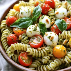 - 2 cups rotini pasta - 1 cup cherry tomatoes, halved - 1 cup fresh mozzarella balls, halved - 1 cup fresh basil leaves, torn - ½ cup homemade or store-bought basil pesto - 2 tablespoons extra virgin olive oil For a Pesto Caprese Pasta Salad, the essential ingredients are simple and fresh. The rotini pasta gives the salad a fun twist. Cherry tomatoes add a burst of sweetness, and fresh mozzarella adds creaminess. The torn basil leaves bring a lovely herbal note, while the basil pesto ties it all together with rich flavor. A drizzle of extra virgin olive oil adds smoothness and depth. - ¼ cup pine nuts, toasted (optional) - Balsamic glaze for drizzling (optional) - Salt and pepper to taste Optional ingredients can enhance the dish further. Toasted pine nuts provide a nice crunch and nutty flavor. A drizzle of balsamic glaze adds a hint of sweetness that contrasts with the savory ingredients. Don't forget to season with salt and pepper to make all the flavors pop. For the full recipe, check out the details above and get cooking! To cook rotini pasta perfectly, boil salted water in a large pot. Add the rotini and cook until it's al dente, about 8-10 minutes. This gives the pasta a nice bite. Drain it in a colander, then rinse it under cold water. This rinsing stops the cooking process and cools the pasta quickly. Set the pasta aside while you prepare the other ingredients. While the pasta cooks, it's time to prep the veggies. Halve the cherry tomatoes and mozzarella balls. This helps them mix well with the pasta. Next, tear the fresh basil leaves into smaller pieces. This releases their oils and enhances the flavor of the salad. In a large mixing bowl, combine the cooked rotini, halved cherry tomatoes, mozzarella balls, and torn basil leaves. Pour the basil pesto over the pasta mixture. Drizzle it with olive oil, and season with salt and pepper to taste. Toss everything gently until the pasta and veggies are well coated with the pesto. This ensures each bite bursts with flavor. Chilling the salad is key for flavor. Let it sit in the fridge for at least 30 minutes. This helps all the tastes blend together nicely. When ready to serve, plate the Pesto Caprese Pasta Salad in bowls or on a platter. You can drizzle balsamic glaze on top for a sweet touch, making it even more delightful. Enjoy this fresh and flavorful dish! For a great Pesto Caprese Pasta Salad, focus on the right ingredient ratios. Use 2 cups of rotini pasta to balance well with 1 cup of cherry tomatoes and 1 cup of mozzarella balls. This gives each bite a nice mix of flavors. Pasta texture is key. Cook the pasta until al dente. This keeps it firm and prevents mushiness in your salad. After cooking, rinse it under cold water to halt the cooking process. It will stay fresh and chewy. You can easily customize this salad for your needs. If you are gluten-free, swap out the rotini for gluten-free pasta. There are many good options available now. To make it heartier, add protein. Grilled chicken or shrimp work well. You can also use chickpeas for a vegetarian option. This adds a nice boost of flavor and fills you up. Serving this salad can be fun! Try using a large, shallow bowl. This allows the colors to shine. You can also layer the ingredients for a beautiful look. Garnishes make the dish pop. Use fresh basil leaves on top and sprinkle with toasted pine nuts. Drizzling balsamic glaze adds a sweet touch that tastes amazing. For the full recipe, check out the Pesto Caprese Pasta Salad details above. {{image_2}} You can change up the pasta in this dish for fun. Rotini is great, but try other shapes like penne or farfalle. Each shape holds the pesto and ingredients differently. You can also use whole grain pasta for a healthier choice. It adds fiber and a nutty flavor. Gluten-free options are available too. Look for pasta made from rice or quinoa. These choices keep your recipe tasty and inclusive. Want to add some protein? Grilled chicken or shrimp works well in this salad. They boost the meal and make it heartier. You can also play with herbs. Try using arugula or spinach for different flavors. Add a pinch of red pepper flakes for a little heat. This makes your dish even more exciting. Experiment with fresh herbs like parsley or dill to change the taste. Using seasonal veggies keeps your salad fresh and vibrant. In summer, add diced cucumbers or bell peppers. In fall, roasted squash or cherry tomatoes work well. Adjust your ingredients based on what's in season. This not only enhances flavor but also supports local farmers. You’ll enjoy a new taste with every season. For the full recipe, check out the details above! To keep your Pesto Caprese Pasta Salad fresh, place it in an airtight container. This helps prevent it from drying out or absorbing other odors in the fridge. You can store it for up to three days. Always make sure to cool it before sealing the container. Can you freeze Pesto Caprese Pasta Salad? Yes, you can, but with care. Freezing can change the texture of fresh ingredients. To freeze, place the salad in a freezer-safe container. Leave some space at the top, as it may expand. It’s best to use it within a month for the best quality. If you want to enjoy it warm, reheat it gently. Use the microwave for quick heating. Place the pasta salad in a bowl and cover it with a damp paper towel. Heat in short bursts, stirring in between. This way, you keep the texture of the pasta and veggies. Avoid overheating, as it can make the salad mushy. I recommend using homemade pesto if you can. It tastes fresh and bright. You can blend basil, garlic, pine nuts, olive oil, and Parmesan. This creates a rich flavor. Store-bought pesto is also good if you're short on time. Choose a brand with simple ingredients. Always check for freshness and avoid preservatives. Pesto Caprese Pasta Salad keeps well for about three days. Store it in an airtight container. The flavors will mingle over time, which enhances taste. After a few days, watch for any signs of spoilage. If it smells off or looks strange, toss it out. Yes, you can make this salad ahead. It tastes better after chilling for at least 30 minutes. If you prepare it the night before, the flavors blend nicely. Just keep it in the fridge until ready to serve. If you plan to add pine nuts, add them just before serving for crunch. For the full recipe, check out the ingredients and steps above. In this guide, we've explored how to make a tasty Pesto Caprese Pasta Salad. We covered essential ingredients like rotini pasta, cherry tomatoes, and fresh mozzarella. I shared step-by-step instructions, tips for flavor balance, and fun variations to customize your dish. Remember, chilling the salad enhances its flavor. Feel free to swap in seasonal veggies or proteins for extra heartiness. With these insights, you'll create a delicious salad that's both fresh and satisfying. Enjoy your culinary adventure!