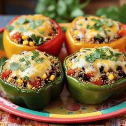 To make these delicious stuffed bell peppers, gather these items: - 4 large bell peppers (any color) - 1 cup quinoa, rinsed - 2 cups vegetable broth - 1 can (15 oz) black beans, rinsed and drained - 1 cup corn kernels (fresh or frozen) - 1 small red onion, diced - 2 cloves garlic, minced - 1 teaspoon cumin - 1 teaspoon smoked paprika - ½ teaspoon chili powder - Salt and pepper to taste - 1 cup diced tomatoes (canned or fresh) - 1 cup shredded cheese (cheddar or a blend) - Fresh cilantro or parsley for garnish The spices in this dish bring it to life. Cumin adds warmth and earthiness. Smoked paprika gives a hint of smokiness. Chili powder boosts the heat and adds depth. Diced tomatoes add juiciness and balance the flavors. Fresh herbs like cilantro or parsley give a burst of freshness. Each ingredient plays a role in making this dish irresistible. This recipe is not just tasty; it is good for you too. Quinoa is a complete protein, offering all nine essential amino acids. It is also high in fiber, which keeps you full longer. Black beans are rich in protein and fiber, supporting digestive health. Bell peppers are packed with vitamins A and C, boosting your immune system. Corn adds sweetness and fiber, making the dish even more satisfying. Together, they create a healthy meal that nourishes your body. For the full recipe and detailed cooking instructions, check out Colorful Quinoa-Stuffed Bell Peppers . To start, you need to prepare the bell peppers. Slice the tops off and remove the seeds. This step is key to making room for the tasty filling. Set the tops aside; you can use them later for a garnish or other dishes. Next, rinse your quinoa under cold water. This helps remove any bitterness. Then, boil the quinoa with vegetable broth in a medium pot. When it boils, lower the heat and cover it. In about 15 minutes, the quinoa will be fluffy and ready to use. For the filling, heat olive oil in a large skillet. Add diced red onion and cook until it turns clear. This usually takes about 3-4 minutes. Next, stir in minced garlic and spices like cumin and smoked paprika. Cook until the mixture smells great. Then, add black beans, corn, and diced tomatoes to the skillet. Mix well and cook until everything is hot. Finally, fold in half of the shredded cheese. This adds creaminess to your filling. Now it's time to stuff the peppers. Take a spoonful of the quinoa mixture and fill each pepper. Press down gently to make sure it fits well. You want every bite to be packed with flavor. Place the stuffed peppers in a baking dish and top them with the remaining cheese. Cover the dish with foil and bake it at 375°F (190°C) for 25 minutes. After that, remove the foil and bake for another 10-15 minutes. The peppers should be soft, and the cheese will be bubbly. For the full recipe, check out Colorful Quinoa-Stuffed Bell Peppers . One big mistake is not cooking the quinoa properly. Always rinse it first to remove bitterness. Another mistake is overcooking the bell peppers. They should be tender but not mushy. Avoid under-stuffing too. Press the filling down gently to pack it well. Lastly, don’t skip the cheese. It adds great flavor and creaminess. Cooking time can change based on your oven and pepper size. If your peppers are large, add 5-10 minutes to the bake time. Check them often to avoid burning. If you want a firmer bite, reduce the time. For extra cheese on top, broil the peppers for 2-3 minutes at the end. This gives a nice golden crust. Serve the stuffed peppers on a colorful platter. Garnish with fresh cilantro or parsley for a pop of color. Adding a wedge of lime on the side brightens the dish. You can pair them with a light salad or some rice for a complete meal. For more flavor, drizzle some hot sauce over the top. For the full recipe, check the section above! {{image_2}} You can easily make this dish vegetarian or vegan. Just skip the cheese or use a plant-based cheese. The rest of the ingredients are already vegan-friendly. You can add more veggies like spinach or zucchini. This keeps your meal colorful and full of nutrients. If you want more protein, add cooked chicken, beef, or turkey. You can also mix in tofu or tempeh for a meat-free option. Adding other veggies like mushrooms or carrots adds flavor and texture. These can be sautéed with the onions for a tasty kick. To boost flavor, try adding spices like oregano or coriander. A splash of hot sauce can spice things up too. You can also drizzle balsamic glaze on top before serving. This adds a sweet and tangy element to your stuffed peppers. For a richer taste, consider adding a few tablespoons of salsa or taco sauce to the filling. For the full recipe, check out the Colorful Quinoa-Stuffed Bell Peppers . After you enjoy your stuffed bell peppers, let them cool. Place any leftovers in an airtight container. Store the container in the fridge. They will stay fresh for about 3 to 5 days. Make sure to cover them well. This keeps the flavors intact. To reheat your stuffed peppers, you can use your oven or microwave. If using the oven, preheat it to 350°F (175°C). Place the peppers in a baking dish and cover with foil. Heat for about 20 minutes. If you prefer the microwave, place the peppers on a microwave-safe plate. Heat them for 2 to 3 minutes or until warm. Always check the temperature before you eat. If you want to save your stuffed peppers for later, freezing works great! Wrap each pepper tightly in plastic wrap. Then, place them in a freezer bag. Squeeze out as much air as possible. They will last about 3 months in the freezer. When ready to eat, thaw in the fridge overnight before reheating. Enjoy the flavors again with little effort! For the full recipe, check out Colorful Quinoa-Stuffed Bell Peppers . To pick the best bell peppers, look for ones that are firm and shiny. Avoid any that feel soft or have wrinkles. Choose peppers with bright, even color. The stems should be green and fresh. When you press on them, they should bounce back. This means they are fresh and ready to eat. Yes, you can use different grains instead of quinoa. Brown rice, farro, or couscous work well, too. Each grain adds a unique texture and flavor. Just make sure to cook them according to the package instructions before mixing them into your filling. This keeps your stuffed peppers tasty and well-balanced. Great side dishes to serve with stuffed peppers include a fresh salad or roasted veggies. You can also try a side of garlic bread or a grain-based salad like tabbouleh. These dishes add variety and flavor to your meal. They also help balance the hearty stuffed peppers. For a full flavor experience, try out the Colorful Quinoa-Stuffed Bell Peppers recipe! This post covered all you need for making colorful quinoa-stuffed bell peppers. We explored the key ingredients and their health benefits. The step-by-step instructions made prep easy. Tips helped you avoid common mistakes. We also shared fun variations to try. Don’t forget the proper storage and reheating methods. Now you can create tasty stuffed peppers tailored to your taste! Enjoy making this dish and impress your family and friends with your skills. Happy cooking!