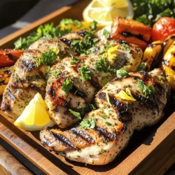 - 4 boneless, skinless chicken breasts - 1/4 cup olive oil - 3 tablespoons fresh lemon juice - Zest of 1 lemon - 4 cloves garlic, minced - 2 teaspoons fresh rosemary, chopped - 2 teaspoons fresh thyme, chopped - 1 teaspoon dried oregano - Salt and pepper to taste - Fresh parsley for garnish - Olive oil alternatives: You can use avocado oil or canola oil if you want. Both work well in marinades. - Fresh herbs vs. dried herbs: Fresh herbs give more flavor, but dried herbs work too. Use one-third the amount if you go dried. - How to choose chicken cuts: Boneless, skinless chicken breasts are easy to grill. You can also use thighs for more flavor and juiciness. Start by whisking together the olive oil, lemon juice, lemon zest, minced garlic, rosemary, thyme, oregano, salt, and pepper in a large bowl. This mix creates a bright and zesty marinade that enhances the chicken's flavor. Make sure all the ingredients blend well. For marinating chicken, I recommend using a resealable plastic bag or a shallow dish. Place the chicken breasts inside and pour the marinade over them. Seal the bag or cover the dish tightly. Refrigerate for at least 30 minutes, but marinating overnight gives the best taste. Before grilling, preheat your grill to medium-high heat. This step is crucial because it helps the chicken cook evenly. Lightly oil the grill grates to keep the chicken from sticking. Remove the chicken from the marinade, letting the excess drip off. Discard the leftover marinade to avoid any food safety issues. Grill the chicken for about 6-7 minutes on one side. Flip the chicken and grill for another 6-7 minutes. The chicken is done when its internal temperature hits 165°F (75°C). After grilling, let the chicken rest for about 5 minutes. This step allows the juices to redistribute, making the chicken juicy and tender. For a lovely presentation, serve the grilled chicken on a platter. Add lemon wedges and sprinkle fresh parsley on top. For extra color, consider serving grilled vegetables or a light salad alongside. Enjoy this tasty dish and impress your family or friends. Check the Full Recipe for more details! To make your lemon herb grilled chicken pop, try adding more herbs. Fresh basil and parsley can add a nice touch. You can also mix in spices like smoked paprika for a smoky flavor or a bit of cumin for warmth. For marinating, aim for at least 30 minutes. This allows the chicken to soak up all those yummy flavors. If you can, let it sit overnight for the best taste. Just remember to keep it in the fridge! Choose the right grill to get the best results. A gas grill makes it easy to control heat. Charcoal grills give a nice smoky flavor but need more time to heat up. Either works well! When grilling, you’ll want some key tools. A good pair of tongs helps flip the chicken without losing juice. A meat thermometer ensures your chicken reaches 165°F for safety. A brush for oiling the grill is also handy to prevent sticking. One common mistake is overcooking the chicken. Keep an eye on the time and use a meat thermometer to check. If you overcook it, the meat can become dry and tough. Not using enough salt is another error. Salt enhances the flavor of the chicken. Make sure you season well before grilling for the best taste. You can find the full recipe [here](#). {{image_2}} You can change the taste of lemon herb grilled chicken easily. Try using lime or orange juice instead of lemon juice. Each citrus brings a new twist. Lime adds a sharp zest, while orange gives a sweet touch. You can also add spices to your marinade. Paprika gives a smoky flavor, while cumin adds warmth. These spices change the dish, making it your own. If you don’t have a grill, you can bake the chicken. Just preheat your oven to 400°F (200°C). Place the marinated chicken in a baking dish. Bake for about 25-30 minutes. This method keeps the chicken juicy and tender. Another fun way to cook is to make lemon herb chicken skewers. Cut the chicken into cubes and thread them onto skewers. Grill or bake them until cooked. This method is great for parties or picnics. You can use lemon herb flavors with tofu too. Marinate firm tofu in the same mix. Grill or bake it until golden. This is a tasty option for vegetarians. Lemon herb flavors also work well with fish. Try grilling salmon or tilapia. The fish absorbs the flavors and turns out delicious. Just adjust the cooking time, as fish cooks faster than chicken. For the full recipe, check out the details above. Enjoy experimenting with these variations! To keep your lemon herb grilled chicken fresh, store it properly. First, let the chicken cool to room temperature. Avoid leaving it out for more than two hours. Place the chicken in airtight containers. You can also use resealable plastic bags. Make sure to remove as much air as possible. For freezing, wrap each piece in plastic wrap, then foil. This helps prevent freezer burn. When reheating, it’s best to use the oven or a skillet. Preheat the oven to 350°F (175°C). Place the chicken on a baking sheet. Cover it with foil to keep it moist. Heat for about 15-20 minutes. If using a skillet, add a splash of water or broth. Cover it and heat on low until warm. This method keeps the chicken juicy and tasty. Lemon herb grilled chicken lasts in the fridge for about 3-4 days. Make sure it is in a sealed container. In the freezer, it can last 2-6 months. For best flavor, eat it within 2 months. Always check for any signs of spoilage before eating. To marinate chicken well, start with a good mix of oil, acid, and herbs. I suggest using olive oil and lemon juice. The oil keeps the chicken juicy, while the acid helps tenderize it. Make sure to coat the chicken fully. Place it in a sealed bag or dish. This allows the flavors to soak in. For best results, marinate for at least 30 minutes to two hours. Overnight is even better! Grilling chicken takes about 12 to 15 minutes. Start by grilling for 6 to 7 minutes on one side. Then flip and grill for another 6 to 7 minutes. Always check the internal temperature. It should reach 165°F (75°C) for safe eating. This time gives the chicken a nice char and keeps it juicy. Yes, you can use dried herbs instead of fresh. Dried herbs have a stronger flavor. Use about one-third of the amount called for fresh herbs. For example, if the recipe calls for 2 teaspoons of fresh rosemary, use about 2/3 teaspoon of dried. However, fresh herbs add a bright taste and aroma that dried can't match. Lemon herb grilled chicken pairs great with many sides. Here are a few ideas: - Grilled vegetables like zucchini or bell peppers - A light salad with mixed greens and lemon vinaigrette - Quinoa or rice pilaf for a filling side - Garlic bread for a crunchy touch These sides complement the chicken's zesty flavors well. Enjoy your meal! For the full recipe, check the earlier section. This blog post covered how to make delicious lemon herb grilled chicken. You learned about the key ingredients, step-by-step instructions, and helpful tips. I shared variations and storage tips to keep your meals fresh. Grilling chicken does not have to be hard. With a few simple steps and some tasty herbs, you can create a meal that impresses everyone. Enjoy cooking and feel free to try your own twist on the flavors!
