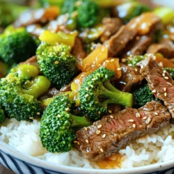 - 1 lb (450 g) sirloin steak, thinly sliced against the grain - 4 cups fresh broccoli florets - 3 tablespoons soy sauce - 2 tablespoons oyster sauce - 1 cup beef broth - 1 tablespoon cornstarch - 1 tablespoon vegetable oil - 2 cloves garlic, minced - 1 teaspoon ginger, grated For this easy beef and broccoli recipe, you need fresh ingredients. The sirloin steak gives a great flavor and texture. Thin slices help the beef cook fast and stay tender. Broccoli florets add crunch and color, making the dish appealing. The sauce blends soy sauce, oyster sauce, and beef broth. This mix brings a rich taste that pairs well with the beef and broccoli. The garlic and ginger add a warm, aromatic touch. Cornstarch thickens the sauce, making it stick to the beef and broccoli. Use vegetable oil for stir-frying. It has a high smoke point, so it works well for quick cooking. Gather these ingredients to ensure a tasty meal. Check the [Full Recipe] for complete details on the preparation. To start, mix the marinade. In a medium bowl, combine: - 1 lb sirloin steak, thinly sliced - 1 tablespoon soy sauce - 1 tablespoon cornstarch - Half of the minced garlic This mix helps tenderize the beef. Let it marinate for 15 minutes. This short time enhances flavor without making it mushy. Next, it’s time to prepare the broccoli. Blanch the florets in boiling water for 2 minutes. This method keeps the color bright and the texture crisp. After blanching, quickly transfer the broccoli to an ice bath. The ice bath stops the cooking right away, keeping it fresh and bright. Now, heat a large skillet over medium-high heat. Add 1 tablespoon of vegetable oil and let it get hot. Once hot, add the marinated beef. Stir-fry for 2-3 minutes until the beef turns brown but is not fully cooked. Remove the beef and set it aside. In the same skillet, add the remaining garlic and 1 teaspoon of grated ginger. Stir for about 30 seconds until you smell the aroma. Next, pour in 1 cup of beef broth, the rest of the soy sauce, and 2 tablespoons of oyster sauce. Bring this mix to a simmer for 2 minutes. Finally, add the beef back into the skillet along with the blanched broccoli. Stir everything together and cook for another 3-4 minutes. This step ensures the beef is cooked through and the broccoli is tender yet crisp. Drizzle 1 tablespoon of sesame oil on top and stir once more to coat everything nicely. Serve the beef and broccoli over cooked rice. Spoon the tasty sauce over the top for an extra boost of flavor. For the full recipe, check the previous sections. Enjoy your home-cooked meal! Slicing beef against the grain is key. This method keeps the meat tender. Look for the lines in the beef and cut across them. Aim for thin slices, about a quarter inch thick. For cooking time, stir-fry the beef for just 2-3 minutes. It should brown but not cook all the way. This step helps keep it juicy. You want the broccoli to stay crisp. To do this, blanch it properly. Boil the florets for only 2 minutes. Then, move them to an ice bath. This stops the cooking and keeps their bright color. Drain well before adding to the stir-fry. Adjusting the sauce can boost flavor. Add more soy sauce for saltiness or more oyster sauce for a richer taste. For a fresh touch, sprinkle sesame seeds or chopped green onions on top. These garnishes add color and extra flavor to your dish. {{image_2}} You can swap beef for chicken or tofu. Chicken gives a lighter taste, while tofu is great for a plant-based meal. If using chicken, slice it thinly like the beef. Cook it the same way, but check that it's cooked through. For tofu, use firm varieties, and press it to remove excess water. Then, cut it into cubes and stir-fry until golden. Adjust cooking times if needed, as chicken cooks faster than beef. Feel free to add more veggies to your dish. Carrots, bell peppers, and snap peas work well. You can also include mushrooms for extra umami. Think about the season, too! In spring, try asparagus or fresh peas. In winter, add hearty greens like kale or spinach. Just make sure to blanch or stir-fry them briefly to keep them crisp and bright. If you're cutting carbs, serve your beef and broccoli over cauliflower rice. It’s simple to make! Just pulse cauliflower florets in a food processor until they are rice-sized. Sauté the cauliflower in a pan for a few minutes until tender. You can also modify the sauce by using less sugar or switching to a low-sodium soy sauce. This keeps the dish tasty without the extra carbs. For the best flavor, add more ginger and garlic to the sauce. For the full recipe, check the [Full Recipe]. To keep your beef and broccoli fresh, use airtight containers. Glass or plastic containers work well. Store the dish in the fridge. It stays good for 3 to 4 days. Make sure the dish cools down before sealing. This helps keep moisture in check. When reheating, use a skillet or microwave. A skillet is best for keeping the beef tender. Heat it on medium. Add a splash of water to help steam the dish. If using the microwave, cover it with a lid. Heat in short bursts, stirring in between. This helps keep the texture just right. To freeze beef and broccoli, let it cool. Then, transfer it to a freezer-safe container. It can stay in the freezer for up to 3 months. For best results, separate the rice from the beef and broccoli before freezing. When ready to eat, thaw it in the fridge overnight. Reheat in a skillet or microwave as mentioned above. Enjoy your meal just like when it was fresh! To make Easy Beef and Broccoli, start with fresh ingredients. First, slice the sirloin steak thinly against the grain. This helps it stay tender. Next, marinate the beef with soy sauce, cornstarch, and minced garlic for 15 minutes. While it marinates, blanch the broccoli in boiling water for just 2 minutes. Then, cool it in an ice bath to keep it bright green and crisp. Now, heat vegetable oil in a skillet and stir-fry the beef until browned. Remove it and cook garlic and ginger until fragrant. Pour in beef broth, soy sauce, and oyster sauce, then simmer. Add back the beef and broccoli, stirring until everything is cooked through. Finally, drizzle sesame oil and serve it over rice. You will find this recipe easy and fast. For the full recipe, check above. Yes, you can use frozen broccoli. Frozen broccoli is convenient, but it may change the dish's texture. It usually cooks faster than fresh broccoli. You might want to reduce the cooking time. Just add it to the skillet after the beef and sauce simmer. Cook until it's heated through. Be careful not to overcook it, or it may become mushy. Beef and broccoli pairs well with several side dishes. Rice is a classic choice and soaks up the sauce nicely. You can also serve it with noodles for a fun twist. For a lighter option, try a fresh salad or steamed vegetables. These sides complement the rich flavors of the dish. This easy and tasty beef and broccoli dish starts with marinating sirloin steak and fresh broccoli florets. You then create a flavorful sauce from soy sauce, oyster sauce, and beef broth. Cooking tips, variations, and storage advice help you get the best results. You can switch proteins or add seasonal veggies to keep things fresh. Enjoy your stir-fry dish! It’s simple, quick, and can change each time you make it. Don't hesitate to experiment and find your favorite version. Happy cooking!