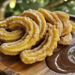 To make cinnamon sugar churros, gather these simple items: - 1 cup water - 2 tablespoons granulated sugar - 1/2 teaspoon salt - 1 cup all-purpose flour - 2 large eggs - 1 teaspoon vanilla extract - 1/4 cup vegetable oil (for frying) - 1/2 cup granulated sugar (for coating) - 1 tablespoon ground cinnamon If you prefer metric measurements, here they are: - 1 cup water = 240 ml - 2 tablespoons granulated sugar = 30 g - 1/2 teaspoon salt = 3 g - 1 cup all-purpose flour = 125 g - 2 large eggs = approx. 100 g - 1 teaspoon vanilla extract = 5 ml - 1/4 cup vegetable oil = 60 ml - 1/2 cup granulated sugar = 100 g - 1 tablespoon ground cinnamon = 8 g You can tweak the recipe if needed: - Swap vegetable oil for canola oil or coconut oil. - Replace all-purpose flour with gluten-free flour for a gluten-free option. - Use honey or maple syrup instead of granulated sugar for a natural sweetener. - If you don’t have cinnamon, try nutmeg or vanilla sugar for a different flavor. This selection ensures you have all you need for delicious cinnamon sugar churros. For the full recipe, check the provided link. 1. Boiling and Mixing Start by boiling water, sugar, and salt in a medium saucepan. Heat it until it gently bubbles. This step brings out the flavors. 2. Dough Preparation After boiling, take the pan off the heat. Add in the flour all at once. Stir hard with a wooden spoon until the mix forms a ball. It should pull away from the pan's sides. Let the dough cool a bit. Then, mix in the eggs one at a time. Make sure each egg is well mixed before adding the next. Finally, stir in the vanilla extract for extra flavor. 3. Frying Process Heat vegetable oil in a deep pan to 375°F (190°C). This is the perfect temperature for frying. Use a pastry bag with a star tip to pipe the dough. Make long strips, about 6 inches, into the hot oil. Cut the dough with scissors as you go. Fry each churro until golden brown and crispy. This takes about 2-3 minutes. Use a slotted spoon to move them to a plate with paper towels. This helps soak up the extra oil. - Use dry measuring cups for flour and sugar. - Level off the top with a knife for precise amounts. - For liquids, use a clear measuring cup and check at eye level. - Boil the water, sugar, and salt. - Mix flour into the boiling mix. - Add eggs and vanilla after cooling. - Fry churros until golden and crispy. - Roll in cinnamon sugar right after frying. For the full recipe, check out [Full Recipe]. Many people make errors when making churros. Here are some mistakes to watch out for: - Not cooling the dough: If you add eggs to hot dough, they can cook. - Wrong oil temperature: If the oil is too cold, churros absorb too much oil. If it's too hot, they burn outside and stay raw inside. - Overcrowding the pan: Fry small batches to keep the oil temperature stable. Crispy churros come from a few simple steps: - Use the right flour: All-purpose flour works best for the right texture. - Pipe quickly: Do not let the dough sit before frying. This avoids soggy churros. - Fry in small batches: This helps maintain the oil temperature. Fry until golden brown, about 2-3 minutes. Having the right tools makes a big difference: - Pastry bag: A piping bag with a star tip is essential for shaping churros. - Deep pan or fryer: Use a deep pan to fry churros evenly. - Slotted spoon: This helps drain excess oil after frying. - Candy thermometer: To check the oil temperature accurately, ensuring the perfect fry. For the full recipe, refer to the beginning of this article. {{image_2}} For a rich twist, try chocolate-dipped churros. After you coat them in cinnamon sugar, melt some chocolate. Use dark, milk, or white chocolate for dipping. The warm churros and cool chocolate create a tasty treat. Kids love this version! Stuffed churros are a fun way to change things up. You can fill them with cream, fruit, or even chocolate. To do this, pipe the dough in shorter strips. Once they cool, use a pastry bag to fill them. Strawberry jam or whipped cream works great inside! Get creative with flavors like pumpkin spice or matcha. For pumpkin spice churros, add pumpkin puree and spices to the dough. For matcha, mix in matcha powder for a bright green color. These unique flavors give churros a fun twist. These variations show how versatile churros can be. Each option offers a new taste experience. Explore them all for a delightful treat! For the base recipe, check out the Full Recipe. Store leftover churros in an airtight container. This keeps them fresh and helps maintain their taste. Avoid stacking them to prevent them from becoming soggy. If you plan to eat them later, let them cool first. This step is key to keeping them crunchy. To reheat churros, use an oven or an air fryer. Preheat your oven to 350°F (175°C). Place the churros on a baking sheet. Bake for about 5 to 7 minutes. This method helps restore their crispness. If using an air fryer, set it to 350°F (175°C) and heat for 3 to 5 minutes. Avoid using a microwave, as it makes them soft. You can freeze churros for later enjoyment. Allow them to cool completely, then place them in a single layer on a baking sheet. Freeze for about an hour, then transfer them to a freezer bag. This helps prevent them from sticking. When you're ready to eat, simply reheat as described above. Enjoy them warm and crunchy! To make cinnamon sugar churros from scratch, you need to follow a series of simple steps. First, boil water, sugar, and salt in a saucepan. Remove it from heat and mix in flour quickly. Once the dough cools, add eggs one at a time. Then, heat oil in a pan and pipe long strips of dough into the hot oil. Fry until golden brown and crispy. Finally, coat the churros in a mix of sugar and cinnamon. You can find the full recipe above. Yes, churros can be baked, but they won’t be as crispy. Baking can be a healthier option. To bake them, preheat your oven to 400°F (200°C). Pipe the dough onto a baking sheet lined with parchment paper. Bake for about 15-20 minutes or until golden. You may want to spray them with oil for a slight crunch. If you don’t want to make churros at home, you can find them at various places. Many bakeries and dessert shops sell freshly made churros. You can also check local fairs or food trucks, as they often serve this sweet treat. Some grocery stores may even have frozen churros in their freezer section. Churros pair well with a variety of dipping sauces. A classic choice is chocolate sauce, which adds a rich flavor. You can also serve them with dulce de leche for a sweet, caramel-like taste. Another fun option is whipped cream or even fruit sauces like raspberry. Each dip adds a unique twist to the churro experience! This blog covered all you need to know about churros, from ingredients to storage. We detailed how to make dough, tips for frying, and variations like chocolate-dipped churros. Remember, avoid common mistakes for great results. Enjoy your tasty treats fresh or stored for later. With practice, you'll master churros and impress anyone. Happy cooking!