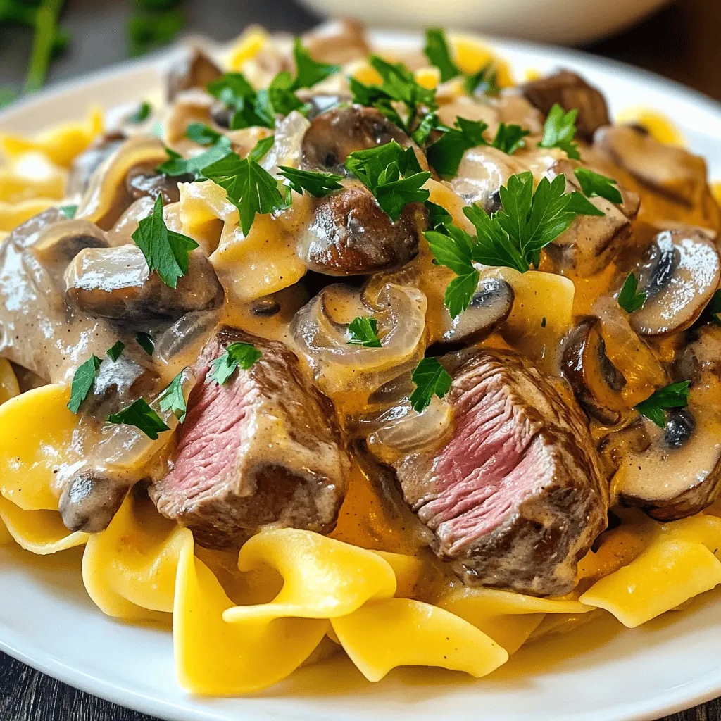 - 1 lb beef sirloin or tenderloin, thinly sliced - 2 tablespoons olive oil - 1 medium onion, thinly sliced - 3 cloves garlic, minced - 8 oz mushrooms, sliced (cremini or button) - 1 tablespoon Worcestershire sauce - 1 teaspoon paprika - 1 cup beef broth - 1 cup sour cream - 2 tablespoons all-purpose flour - Salt and pepper to taste - Fresh parsley for garnish - 8 oz egg noodles