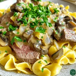 - 1 lb beef sirloin or tenderloin, thinly sliced - 2 tablespoons olive oil - 1 medium onion, thinly sliced - 3 cloves garlic, minced - 8 oz mushrooms, sliced (cremini or button) - 1 tablespoon Worcestershire sauce - 1 teaspoon paprika - 1 cup beef broth - 1 cup sour cream - 2 tablespoons all-purpose flour - Salt and pepper to taste - Fresh parsley for garnish - 8 oz egg noodles