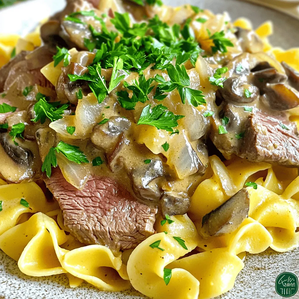 - 1 lb beef sirloin or tenderloin, thinly sliced - 2 tablespoons olive oil - 1 medium onion, thinly sliced - 3 cloves garlic, minced - 8 oz mushrooms, sliced (cremini or button) - 1 tablespoon Worcestershire sauce - 1 teaspoon paprika - 1 cup beef broth - 1 cup sour cream - 2 tablespoons all-purpose flour - Salt and pepper to taste - Fresh parsley for garnish - 8 oz egg noodles