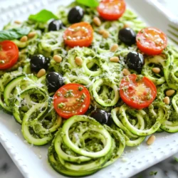 To make the best zucchini noodles, you need: - 4 medium zucchinis These zucchinis are fresh and full of flavor. They are low in calories and packed with nutrients. You can use a spiralizer or a vegetable peeler to turn them into fun noodles. This method gives a nice shape and texture to the dish. For the vibrant pesto, gather these ingredients: - 1 cup fresh basil leaves - 1/4 cup pine nuts (toasted) - 2 cloves garlic, minced - 1/3 cup extra virgin olive oil - 1/4 cup grated Parmesan cheese - Salt and pepper to taste - 1/2 teaspoon lemon zest Each of these components brings a unique taste. Fresh basil gives a bright flavor. Toasted pine nuts add a nice crunch. The garlic, olive oil, and cheese blend together to make a creamy sauce. Lemon zest adds a refreshing touch. For a little extra flair, consider these garnishes: - Cherry tomatoes, halved - Black olives, sliced (optional) These add color and flavor to your dish. The tomatoes bring sweetness, while olives offer a salty bite. You can mix and match garnishes to suit your taste. This recipe is simple yet satisfying, perfect for a quick meal. For the full recipe, check out the detailed instructions. First, select four medium zucchinis. Wash them well. You can use a spiralizer or a vegetable peeler to make zoodles. If you want thicker strands, use the peeler. For thinner noodles, go for the spiralizer. Once you have your zoodles, set them aside. It’s best to keep them dry to avoid sogginess later. Next, grab your food processor. Add one cup of fresh basil leaves, a quarter cup of toasted pine nuts, and two minced garlic cloves. Pulse until everything is finely chopped. This mix smells amazing! Now, while the processor runs, slowly drizzle in one-third cup of olive oil. This helps to make the pesto smooth. Add a quarter cup of grated Parmesan cheese along with half a teaspoon of lemon zest. Season with salt and pepper to taste. Pulse again until creamy. This fresh pesto gives zoodles a big flavor boost. In a large skillet, heat one tablespoon of olive oil over medium heat. Once hot, add the zoodles. Sauté for about two to three minutes. You want them tender but still slightly crisp. Avoid cooking them too much. Remove the skillet from heat, then add your fresh pesto directly to the zoodles. Toss gently to coat every noodle. Now, your dish is almost ready! Plate the zoodles and garnish with halved cherry tomatoes and sliced black olives if you like. A drizzle of olive oil and more Parmesan on top adds a nice touch. Feel free to check the Full Recipe for more details! To get the best texture for your zoodles, choose firm zucchinis. Look for ones that are not too soft. Spiralize them just before cooking to keep them fresh. When cooking, sauté them quickly over medium heat for two to three minutes. This keeps them crisp. If you overcook them, they can turn mushy. Fresh basil is key for a vibrant pesto. Use bright green leaves without dark spots. Toasting the pine nuts brings out a nutty flavor. Add garlic for a nice kick. When blending, drizzle in olive oil slowly for a smooth mix. Don't forget the lemon zest! It adds a fresh, bright taste. Serve your zoodles on a large platter for a family-style meal. For a fun touch, add halved cherry tomatoes and sliced black olives on top. You can drizzle extra olive oil for richness. A sprinkle of pine nuts and Parmesan makes it even better. This dish is great warm or at room temperature. For the full recipe, check the earlier section. {{image_2}} You can make zucchini noodles with pesto a full meal by adding protein. Grilled chicken or shrimp pairs well with the fresh flavors. Try adding slices of cooked chicken breast. You can also use sautéed shrimp for a seafood twist. For a meatless option, consider chickpeas or tofu. They add protein and texture. Zucchini noodles are naturally gluten-free, making them a great choice. If you want more options, try brown rice pasta or quinoa pasta. Both provide a similar texture and taste. You can mix these in with the zoodles for a hearty dish. This way, you enjoy a gluten-free meal without losing flavor. Want to spice things up? You can add red pepper flakes for heat. Fresh herbs like parsley or cilantro can brighten the dish. Consider adding a squeeze of lemon juice for extra zing. You can also mix in sun-dried tomatoes for a rich flavor. Each of these options can take your zucchini noodles with pesto to the next level. For the full recipe, refer to the earlier section. You can store leftover zucchini noodles and pesto in the fridge. Place them in an airtight container. They stay fresh for about three days. If you notice any moisture, use a paper towel to soak it up. This helps keep the zoodles crisp. Freezing zucchini noodles is easy. Start by blanching them. Cook the zoodles in boiling water for one minute. Then, transfer them to ice water to stop the cooking. Drain and dry them. Place the zoodles in freezer bags, removing as much air as possible. They can last up to three months in the freezer. To reheat zucchini noodles, use a skillet over medium heat. Add a drizzle of olive oil. Heat them for about two to three minutes until warm. Avoid cooking them too long. This keeps their crunch and flavor intact. If using the microwave, heat them in short bursts to prevent sogginess. Enjoy your zoodles with pesto fresh and tasty! Yes, you can use store-bought pesto. It can save time and effort. Look for one with fresh ingredients. Some brands may use preservatives, so check the label. Store-bought pesto can still taste great. It won’t have the same freshness as homemade, but it works well in a pinch. To spiralize zucchinis, you’ll need a spiralizer or a vegetable peeler. A spiralizer is simple and quick. Just attach the zucchini and turn the handle. If you use a vegetable peeler, peel long strips lengthwise. Keep turning the zucchini to get more noodles. Try to make them thin for better texture. Zucchini noodles pair well with many dishes. You can serve them with grilled chicken or shrimp for protein. A light salad or crusty bread complements the meal. You can also add roasted vegetables for extra flavor. If you want, sprinkle more cheese on top for a tasty finish. This guide covered making tasty zucchini noodles with fresh pesto. You learned about key ingredients, step-by-step cooking, and helpful tips and tricks. Adding protein and flavor boosts can make your dish even better. Remember to store extras properly for future meals. Enjoy experimenting with this healthy dish and make it yours. You now have the tools to enjoy zucchini noodles anytime.