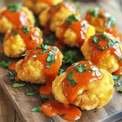To make these tasty Buffalo Cauliflower Bites, you need the following items: - 1 medium head of cauliflower, cut into bite-sized florets - 1 cup all-purpose flour - 1 teaspoon garlic powder - 1 teaspoon onion powder - 1 teaspoon smoked paprika - ½ teaspoon salt - ½ teaspoon black pepper - 1 cup water (or plant-based milk for extra creaminess) - 1 cup buffalo sauce (store-bought or homemade) - 2 tablespoons olive oil - Fresh parsley, chopped (for garnish) If you want to tweak the recipe, you can use gluten-free flour instead of all-purpose flour. This makes it safe for those with gluten issues. For a vegan version, use plant-based milk to mix the batter. Make sure your buffalo sauce is vegan, as not all brands are. These small changes let anyone enjoy the dish! Using fresh cauliflower gives you a better taste and texture. It stays crispier when baked. Fresh cauliflower also has more nutrients. Frozen cauliflower can save time, but it often contains added water. This extra moisture can lead to soggy bites. If you go with frozen, make sure to drain and dry it well before cooking. Choose fresh for the best results! To make buffalo cauliflower bites, start by preheating your oven to 450°F (230°C). Line a baking sheet with parchment paper. In a big bowl, mix the flour, garlic powder, onion powder, smoked paprika, salt, and black pepper. Gradually add water or plant-based milk. Stir until the batter is smooth. Next, cut the cauliflower into bite-sized florets. Dip each floret into the batter. Make sure each piece is well coated. Place the battered florets on the prepared baking sheet. Bake them for 20 minutes until they are golden brown and crispy. While the cauliflower bakes, mix the buffalo sauce with olive oil in another bowl. After 20 minutes, take the cauliflower out of the oven. Drizzle or toss them in the buffalo sauce mixture. Coat them evenly. Return the bites to the oven and bake for 10-15 more minutes. They should be crispy and the sauce should set. Finally, take them out of the oven and let them cool for a couple of minutes. Garnish with chopped parsley before serving. You can find the full recipe for these yummy bites above. For crispy buffalo cauliflower bites, the batter must be thick enough to cling to the florets. Use cold water or plant-based milk for the batter. This helps the bites crisp up nicely. Bake them on parchment paper. This keeps them from sticking and allows better airflow. Flip the bites halfway through baking for even cooking. Adding a little olive oil to the batter can also help with crispiness. For a crunchier texture, you can broil them for a minute after baking. You need a few items for this recipe. A mixing bowl makes it easy to combine the batter ingredients. A whisk helps mix everything well. Use a baking sheet lined with parchment paper for easy cleanup and even baking. A spatula is useful for flipping the cauliflower bites. If you want to measure ingredients accurately, grab measuring cups and spoons. An oven mitt is a must for safely handling hot pans. With these tools, you can make your buffalo cauliflower bites with ease! To make the batter just right, start with the right amount of flour. Use one cup of all-purpose flour. Add water slowly. Aim for a smooth, thick batter. It should coat the cauliflower well. If it’s too thin, add more flour. If it’s too thick, add more water. The right consistency helps create a crispy crust. You can boost the flavor with spices in the batter. Try adding a pinch of cayenne for heat. You can also mix in some Italian herbs for a fresh taste. After baking, top the bites with chopped green onions. A sprinkle of nutritional yeast adds a cheesy flavor too. For extra crunch, sprinkle some toasted sesame seeds on top. Avoid overcrowding the baking sheet. Give each cauliflower bite space to crisp up. If they touch, they will steam instead of bake. Also, don’t skip the olive oil in the buffalo sauce. It helps the sauce stick and adds flavor. Lastly, check on them while baking. Ovens can vary, and you want them golden, not burnt. For the full recipe, check out the detailed instructions above! {{image_2}} You can switch up the flavor by using different sauces. Barbecue sauce gives a sweet twist. Garlic parmesan adds a creamy, cheesy taste. Both options are easy to make. Just toss your cooked cauliflower bites in your sauce of choice. Each sauce brings its own unique flair to the dish. You can add more veggies to your Buffalo cauliflower bites. Broccoli florets work well with the sauce. Bell peppers add color and crunch. You could even mix in some carrots for a sweet touch. Just make sure to cut all vegetables to a similar size for even cooking. The more, the merrier when it comes to flavor! Buffalo cauliflower bites are great on their own, but dips enhance the fun. Try ranch or blue cheese dressing for a classic touch. Hummus adds a creamy, healthy option. Pair these bites with celery and carrot sticks for a crunchy side. You can serve them as an appetizer or with a hearty salad. Friends and family will love these flavorful bites. For the full recipe, check out the complete guide! To store leftover Buffalo Cauliflower Bites, let them cool first. Place them in an airtight container. You can keep them in the fridge for up to three days. If you want to keep them longer, consider freezing. For the best taste, reheat your Buffalo Cauliflower Bites in the oven. Preheat your oven to 350°F (175°C). Spread them on a baking sheet. Heat them for about 10 minutes. This helps keep them crispy. You can also use an air fryer for a quick option. To freeze Buffalo Cauliflower Bites, lay them flat on a baking sheet. Freeze them until solid, about one hour. Then, transfer them to a freezer-safe bag. Remove as much air as you can. They can stay in the freezer for up to three months. When you’re ready to eat, bake them directly from the freezer. Adjust cooking time as needed for best results. Check out the Full Recipe for more details! Buffalo Cauliflower Bites can last up to four days in the fridge. Store them in an airtight container. This keeps them fresh and tasty. If you wait too long, they may lose their crispiness. Yes, you can make Buffalo Cauliflower Bites ahead of time. You can prepare the batter and coat the florets. Store them in the fridge for a day before baking. This saves time when you want a quick snack or meal. The best way to reheat Buffalo Cauliflower Bites is in the oven. Preheat your oven to 375°F (190°C). Place the bites on a baking sheet for about 10 minutes. This keeps them crispy and delicious. You can also use an air fryer for a quicker option. Just heat them at 350°F (175°C) for about 5 minutes. Enjoy your bites hot and flavorful! You learned how to make tasty Buffalo Cauliflower Bites. We covered key ingredients, from fresh options to gluten-free and vegan alternatives. I gave you clear steps to cook them crispy and tips for better flavor. You explored fun sauce variations and how to store leftovers too. Remember, this dish is versatile and can fit your taste. Now, enjoy creating your own Buffalo Cauliflower Bites!