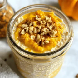 To make pumpkin spice overnight oats, gather these ingredients: - 1 cup rolled oats - 1 cup unsweetened almond milk (or milk of your choice) - ½ cup canned pumpkin puree - 2 tablespoons maple syrup (or honey) - 1 teaspoon pumpkin pie spice - ½ teaspoon vanilla extract - ¼ cup Greek yogurt (optional, for creaminess) - Pinch of salt These ingredients come together to create a comforting, tasty breakfast. If you don't have some ingredients, here are some good substitutes: - Use any milk you like, such as coconut or oat milk. - If you lack pumpkin puree, mashed banana is a fun swap. - Honey can replace maple syrup for sweetness. - Skip Greek yogurt if you want a dairy-free option. These swaps keep the recipe simple yet flavorful. Toppings add crunch and flavor. Here are some options to try: - Chopped walnuts or pecans for texture. - A sprinkle of cinnamon for extra warmth. - Sliced bananas or apples for fresh taste. - A drizzle of maple syrup for added sweetness. Feel free to mix and match your favorite toppings to make your oats even better! For the full recipe, check out the instructions. Making pumpkin spice overnight oats is simple and fun. You will need about 10 minutes to prep everything. Gather your ingredients first. You will mix them in a bowl, then chill them overnight. The oats will soak up all the flavors as they rest. 1. In a medium bowl, combine the rolled oats, almond milk, and pumpkin puree. 2. Add the maple syrup, pumpkin pie spice, and vanilla extract next. 3. If you want a creamier texture, mix in the Greek yogurt. 4. Don’t forget the pinch of salt! This helps bring out all the flavors. 5. Stir everything well until fully mixed. You want a smooth blend. 6. Divide the mix into two airtight jars or containers. 7. Seal the jars tightly. Place the jars in the fridge. Let the oats soak overnight or for at least four hours. This time allows the oats to soften and absorb the flavors. In the morning, stir the oats well. If they seem too thick, add a splash of milk. Now, they are ready to enjoy! To make your overnight oats creamy, use rolled oats. These oats soak up liquid well. If you want extra creaminess, add Greek yogurt. Mixing in yogurt gives a nice texture. Always use enough liquid, like almond milk, to help oats soften. Measure one cup of liquid for one cup of oats. Stir well to combine everything before refrigerating. This helps the oats soak evenly. For sweetness, start with two tablespoons of maple syrup. You can taste and add more if needed. Honey is a great substitute if you prefer. If you like more spice, add a pinch of cinnamon or nutmeg. This can enhance the pumpkin flavor. Always adjust to your taste. Experiment to find the mix you love best. In the morning, stir the oats before serving. If they feel thick, add a splash of milk. Top your oats with chopped walnuts or pecans for crunch. A sprinkle of extra pumpkin pie spice makes it special. You can also add sliced bananas or berries for color and flavor. Enjoy your tasty fall breakfast! For the full recipe, check out the instructions above. {{image_2}} You can easily change the taste of your overnight oats. For a chocolate twist, add 2 tablespoons of cocoa powder. Mix it in with the oats and milk. This gives a rich and sweet flavor. If you prefer apple cinnamon, swap the pumpkin puree for ½ cup of applesauce. Add 1 teaspoon of cinnamon to the mix. This gives a warm, cozy taste perfect for fall. Making these oats vegan is simple. Use plant-based milk, like almond or oat milk. Instead of Greek yogurt, try coconut yogurt for creaminess. This keeps the dish both vegan and tasty. If you want less sugar, use a sugar substitute. You can enjoy the oats without losing flavor or creaminess. To make the oats nut-free, choose oat milk or soy milk. Just be sure these milks are safe for allergies. For a gluten-free option, use certified gluten-free oats. This way, everyone can enjoy this yummy breakfast. You can still top with pumpkin seeds for crunch and flavor. This recipe is versatile, so feel free to get creative! Check out the Full Recipe for the base you can modify. To keep your pumpkin spice overnight oats fresh, store them in airtight jars. Make sure to seal the jars tightly. This helps prevent any spills and keeps the oats moist. Place the jars in the fridge right after you mix the ingredients. This way, they will soak overnight and be ready in the morning. Pumpkin spice overnight oats last up to five days in the fridge. If you want to eat them later, just stir them well before serving. If they seem thick, add a splash of milk. You can reheat them in the microwave if you prefer warm oats. Heat for 30 seconds to 1 minute, stirring halfway through. You can freeze your pumpkin spice overnight oats for longer storage. Use freezer-safe jars or containers. Fill them with the oat mixture but leave some space at the top. This allows the oats to expand as they freeze. They can last up to three months in the freezer. To eat, thaw them overnight in the fridge and enjoy your delicious breakfast! Overnight oats last up to five days in the fridge. They stay fresh and tasty. Store them in airtight jars to keep them from drying out. Each day, the oats will soak up more liquid and become creamier. If you see any signs of spoilage, like a bad smell or mold, throw them away. You can use quick oats, but the texture will change. Quick oats cook faster and become softer. This may result in a mushier mix. If you prefer a chewier bite, stick with rolled oats. Rolled oats give a nice balance of texture and flavor in pumpkin spice overnight oats. Many milk alternatives work well in overnight oats. Almond milk is a popular choice. It adds a light, nutty flavor. You can also use oat milk, soy milk, or coconut milk. Each has its own taste and creaminess. Choose the one you enjoy most. Experiment to find your favorite mix for pumpkin spice overnight oats. For the full recipe, check out the provided details above. You learned the key ingredients for making pumpkin spice overnight oats. We explored substitutes and optional toppings to suit your taste. I shared a clear step-by-step method for easy preparation and storage tips. Through best practices and serving ideas, you can enjoy creamy oats that fit your lifestyle. Finally, we discussed flavor variations and storage options to keep your oats fresh. With this guide, you have all the tools to make delicious, grab-and-go breakfasts any time you want. Enjoy your oats!