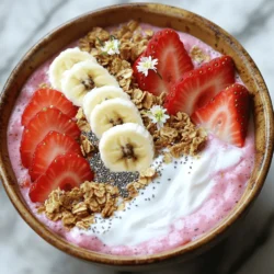 - 1 cup frozen strawberries - 1 ripe banana, sliced - 1/2 cup Greek yogurt or plant-based yogurt - 1/2 cup almond milk or any milk of your choice - 1 tablespoon honey or maple syrup - 1 tablespoon chia seeds - Granola - Sliced fresh strawberries - Banana slices - Shredded coconut - Nuts and edible flowers for garnish The main ingredients create the base of your smoothie bowl. Frozen strawberries add a cold touch and natural sweetness. The ripe banana gives creaminess and a sweet flavor. Yogurt adds protein and a nice tang. Almond milk makes it blend easily and keeps it light. If you like a bit of sweetness, you can add honey or maple syrup. Chia seeds not only boost nutrition but also add a nice texture. For toppings, you can get creative. Granola adds crunch, while fresh fruit makes it look pretty. Coconut gives a tropical feel, and nuts add a nice bite. Edible flowers can make your dish stand out. For the full recipe, check the section above! - Combine main ingredients in a blender. - Add 1 cup of frozen strawberries, 1 sliced banana, 1/2 cup Greek yogurt, and 1/2 cup almond milk. - If you want, add 1 tablespoon of honey or maple syrup and 1 tablespoon of chia seeds. - Blend until smooth and creamy. Make sure to stop and scrape down the sides if needed. - Taste your smoothie mixture. - If it's not sweet enough, add more honey or maple syrup. Blend again to mix. - Pour your smoothie into a bowl. - Artfully arrange your toppings on top. Use granola, fresh fruit slices, and shredded coconut. - For a special touch, sprinkle chia seeds and add edible flowers. Serve with a spoon. This method gives you a tasty and beautiful Strawberry Banana Smoothie Bowl. Enjoy your creation! For more detailed steps, check the Full Recipe. When making your smoothie bowl, start with room temperature ingredients. If you use frozen fruit, you can skip this step. Room temperature items blend better and help create a smooth texture. Make sure to blend on high speed for a creamy finish. If needed, stop to scrape down the sides of the blender to mix well. For a stunning look, use a shallow bowl. This allows your toppings to shine. After pouring the smoothie into the bowl, arrange your toppings in fun patterns. You can sprinkle granola, fresh fruit slices, and nuts to add color. Drizzling honey or syrup on top gives it a nice shine. Feel free to swap out ingredients. You can use any dairy or plant-based yogurt you like. This allows you to cater to your tastes or dietary needs. For the milk, experiment with almond, oat, or coconut milk. Each will give your smoothie bowl a unique flavor. {{image_2}} You can change up your smoothie bowl by adding spinach. This makes a green smoothie bowl that is full of nutrients. You can also mix in other berries like blueberries or raspberries for extra flavor. They add a nice burst of sweetness and color. Adding spices can really change the flavor. Try including cinnamon for warmth or a bit of vanilla extract for sweetness. You can also use different nut butters like almond or peanut butter. This will add creaminess and richness to your smoothie bowl. Toppings can make your bowl more exciting. Use seasonal fruits that are fresh and tasty. For example, in summer, you can add peaches or cherries. In fall, consider nuts or dried fruits. This keeps your smoothie bowl fun and interesting throughout the year. After you enjoy your Strawberry Banana Smoothie Bowl, store any leftovers in an airtight container. This keeps it fresh for up to 24 hours in the fridge. I recommend eating it soon for the best flavor and texture. If you wait too long, it may lose its creamy goodness. Want to save some smoothie for later? You can freeze the leftovers! Pour your smoothie into popsicle molds for a fun treat. These smoothie popsicles are perfect for warm days. Just blend, pour, and freeze. When you're ready, pop them out and enjoy a tasty, healthy snack! To make your smoothie bowl thicker, adjust your ingredient ratios. Here are some tips: - Use less almond milk or any milk you choose. - Add more frozen strawberries and banana slices. - Include a bit more Greek yogurt. These changes will help create a creamy texture. You can also add chia seeds. They soak up liquid and add thickness. Yes, you can use fresh fruits. However, using frozen fruit gives a thicker and colder smoothie bowl. Fresh fruit may result in a thinner mix. If you want to use fresh fruit, add ice cubes while blending. This will keep it cold and help thicken the mixture. Here are some great nutritious toppings to consider: - Granola for crunch - Sliced fresh strawberries for extra flavor - Banana slices for sweetness - Shredded coconut for texture - Nuts for healthy fats - Edible flowers for a beautiful touch These toppings not only add flavor but also nutrients, making your bowl even better. Enjoy exploring different combinations! This post showed how to make a delicious smoothie bowl. You learned the key ingredients, like frozen strawberries and bananas, and optional add-ins like honey or chia seeds. We covered easy steps for blending and serving, plus tips on storage. Remember, you can customize your bowl with various fruits and flavors. Try different toppings to make it your own. Enjoy creating your tasty and healthy treat that suits your taste!