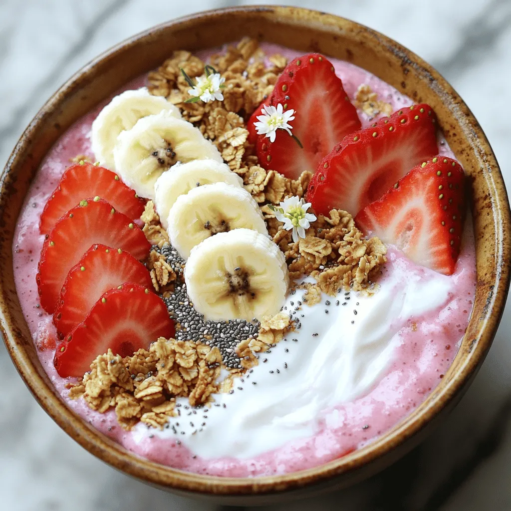 - 1 cup frozen strawberries - 1 ripe banana, sliced - 1/2 cup Greek yogurt or plant-based yogurt - 1/2 cup almond milk or any milk of your choice - 1 tablespoon honey or maple syrup - 1 tablespoon chia seeds - Granola - Sliced fresh strawberries - Banana slices - Shredded coconut - Nuts and edible flowers for garnish The main ingredients create the base of your smoothie bowl. Frozen strawberries add a cold touch and natural sweetness. The ripe banana gives creaminess and a sweet flavor. Yogurt adds protein and a nice tang. Almond milk makes it blend easily and keeps it light. If you like a bit of sweetness, you can add honey or maple syrup. Chia seeds not only boost nutrition but also add a nice texture. For toppings, you can get creative. Granola adds crunch, while fresh fruit makes it look pretty. Coconut gives a tropical feel, and nuts add a nice bite. Edible flowers can make your dish stand out. For the full recipe, check the section above! - Combine main ingredients in a blender. - Add 1 cup of frozen strawberries, 1 sliced banana, 1/2 cup Greek yogurt, and 1/2 cup almond milk. - If you want, add 1 tablespoon of honey or maple syrup and 1 tablespoon of chia seeds. - Blend until smooth and creamy. Make sure to stop and scrape down the sides if needed. - Taste your smoothie mixture. - If it's not sweet enough, add more honey or maple syrup. Blend again to mix. - Pour your smoothie into a bowl. - Artfully arrange your toppings on top. Use granola, fresh fruit slices, and shredded coconut. - For a special touch, sprinkle chia seeds and add edible flowers. Serve with a spoon. This method gives you a tasty and beautiful Strawberry Banana Smoothie Bowl. Enjoy your creation! For more detailed steps, check the Full Recipe. When making your smoothie bowl, start with room temperature ingredients. If you use frozen fruit, you can skip this step. Room temperature items blend better and help create a smooth texture. Make sure to blend on high speed for a creamy finish. If needed, stop to scrape down the sides of the blender to mix well. For a stunning look, use a shallow bowl. This allows your toppings to shine. After pouring the smoothie into the bowl, arrange your toppings in fun patterns. You can sprinkle granola, fresh fruit slices, and nuts to add color. Drizzling honey or syrup on top gives it a nice shine. Feel free to swap out ingredients. You can use any dairy or plant-based yogurt you like. This allows you to cater to your tastes or dietary needs. For the milk, experiment with almond, oat, or coconut milk. Each will give your smoothie bowl a unique flavor. {{image_2}} You can change up your smoothie bowl by adding spinach. This makes a green smoothie bowl that is full of nutrients. You can also mix in other berries like blueberries or raspberries for extra flavor. They add a nice burst of sweetness and color. Adding spices can really change the flavor. Try including cinnamon for warmth or a bit of vanilla extract for sweetness. You can also use different nut butters like almond or peanut butter. This will add creaminess and richness to your smoothie bowl. Toppings can make your bowl more exciting. Use seasonal fruits that are fresh and tasty. For example, in summer, you can add peaches or cherries. In fall, consider nuts or dried fruits. This keeps your smoothie bowl fun and interesting throughout the year. After you enjoy your Strawberry Banana Smoothie Bowl, store any leftovers in an airtight container. This keeps it fresh for up to 24 hours in the fridge. I recommend eating it soon for the best flavor and texture. If you wait too long, it may lose its creamy goodness. Want to save some smoothie for later? You can freeze the leftovers! Pour your smoothie into popsicle molds for a fun treat. These smoothie popsicles are perfect for warm days. Just blend, pour, and freeze. When you're ready, pop them out and enjoy a tasty, healthy snack! To make your smoothie bowl thicker, adjust your ingredient ratios. Here are some tips: - Use less almond milk or any milk you choose. - Add more frozen strawberries and banana slices. - Include a bit more Greek yogurt. These changes will help create a creamy texture. You can also add chia seeds. They soak up liquid and add thickness. Yes, you can use fresh fruits. However, using frozen fruit gives a thicker and colder smoothie bowl. Fresh fruit may result in a thinner mix. If you want to use fresh fruit, add ice cubes while blending. This will keep it cold and help thicken the mixture. Here are some great nutritious toppings to consider: - Granola for crunch - Sliced fresh strawberries for extra flavor - Banana slices for sweetness - Shredded coconut for texture - Nuts for healthy fats - Edible flowers for a beautiful touch These toppings not only add flavor but also nutrients, making your bowl even better. Enjoy exploring different combinations! This post showed how to make a delicious smoothie bowl. You learned the key ingredients, like frozen strawberries and bananas, and optional add-ins like honey or chia seeds. We covered easy steps for blending and serving, plus tips on storage. Remember, you can customize your bowl with various fruits and flavors. Try different toppings to make it your own. Enjoy creating your tasty and healthy treat that suits your taste!