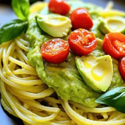 - 12 oz spaghetti or linguine - 2 ripe avocados, pitted and flesh scooped out - 2 cloves garlic, minced - 2 tablespoons fresh lemon juice - 1/4 cup fresh basil leaves, plus extra for garnish - 1/4 cup extra virgin olive oil - 1/4 cup grated Parmesan cheese (or nutritional yeast for vegan option) - Salt and pepper to taste - 1/4 teaspoon red pepper flakes (optional) - Cherry tomatoes, halved, for garnish When it comes to making creamy avocado pasta, the ingredients are simple, fresh, and full of flavor. The star of this dish is the avocado. It gives the pasta a rich, creamy texture without any heavy cream. You will need ripe avocados for the best taste. They should feel soft to the touch when gently squeezed. The garlic adds a punch of flavor. I like to use fresh garlic, but you can use garlic powder if that’s what you have. Fresh lemon juice brightens the dish and balances the creaminess. Basil leaves give it a fresh, herbal note. The olive oil enhances the creamy texture and adds healthy fats. Parmesan cheese adds a savory touch. If you're vegan, nutritional yeast is a great substitute. You can adjust the salt and pepper to your liking. Red pepper flakes are optional, but they add a nice heat if you like spicy food. Cherry tomatoes make a colorful garnish and add a sweet burst of flavor. You can find the full recipe for this delicious creamy avocado pasta [here](#). - Step 1: Boil water and salt Fill a large pot with water. Add a good amount of salt. Bring it to a boil. - Step 2: Cook spaghetti or linguine to al dente Add 12 oz of spaghetti or linguine. Cook it until it's al dente, about 8 to 10 minutes. Reserve 1 cup of pasta water, then drain the pasta. - Step 3: Blend avocado, garlic, lemon juice, and basil In your food processor, add 2 ripe avocados, 2 cloves of minced garlic, 2 tablespoons of fresh lemon juice, and 1/4 cup of fresh basil leaves. Blend until smooth. - Step 4: Add olive oil and Parmesan cheese, blend until smooth Pour in 1/4 cup of extra virgin olive oil and 1/4 cup of grated Parmesan cheese. Blend again until the sauce is creamy. If needed, add some reserved pasta water to make it smoother. - Step 5: Toss pasta with sauce In a large bowl, mix the pasta with the avocado sauce. Make sure all the pasta is well coated. - Step 6: Adjust seasoning and garnish Taste the dish. Add salt and pepper to your liking. For a bit of heat, sprinkle in 1/4 teaspoon of red pepper flakes. Serve the pasta with halved cherry tomatoes and extra basil leaves on top. For the full recipe, check out the details above. Enjoy your creamy avocado pasta! To get the right sauce consistency, blend the avocados until smooth. If it feels thick, add a bit of reserved pasta water. This will help loosen the sauce. For a dairy-free option, replace Parmesan cheese with nutritional yeast. It gives a cheesy flavor without any dairy. You can also add a bit more lemon juice for extra zing. To keep your pasta al dente, cook it just until tender. Taste a piece before draining. It should have a slight bite to it. Always reserve a cup of pasta water before draining. This starchy water helps bind the sauce to the pasta later. You can use it to adjust the sauce's thickness as needed. Pair your creamy avocado pasta with grilled chicken or shrimp for added protein. You can also toss in seasonal veggies like spinach or cherry tomatoes for extra color and nutrition. For a beautiful plate, twirl the pasta with a fork and place it in the center. Garnish with extra basil leaves and halved cherry tomatoes for a fresh look. This makes the dish not only tasty but also visually appealing. {{image_2}} You can easily make creamy avocado pasta your own. Want more protein? Add grilled chicken or shrimp. Both options taste great with the creamy sauce. If you prefer veggies, try mixing in seasonal vegetables. Fresh spinach, zucchini, or cherry tomatoes work well. Boost the flavor of your dish with spices or herbs. A pinch of garlic powder or a sprinkle of paprika can add zest. Fresh herbs like parsley or cilantro can brighten the dish. You can also switch up your cheese. Try feta or goat cheese for a different taste. Feel free to get creative with sauces. A creamy Alfredo or pesto sauce can be a fun twist. You can also mix the avocado sauce with classic marinara for a unique blend. Experiment and find what you love! Check out the Full Recipe for more ideas. To store creamy avocado pasta, place it in an airtight container. This keeps moisture in and prevents the pasta from drying out. You can also cover the container with plastic wrap if you don’t have a lid. Try to eat leftovers within two days for the best taste and texture. When reheating, do so gently on the stove or in the microwave. Add a splash of olive oil or a bit of reserved pasta water. This helps restore the creamy texture. Stir well to mix the sauce back into the pasta. You can also add fresh basil or cherry tomatoes to refresh the dish. Can you freeze creamy avocado pasta? It’s best not to freeze it. The avocado may change texture when thawed. Instead, you can freeze the sauce and pasta separately. For the sauce, place it in a freezer-safe bag or container. For the pasta, let it cool, then store in a separate container. When ready to use, thaw the sauce and reheat the pasta. This way, you keep the best flavors and textures. Creamy avocado pasta can last about 2 to 3 days in the fridge. Store it in an airtight container to keep it fresh. If you notice any browning on the avocado, that's a sign it’s starting to spoil. A strong or sour smell also means you should toss it. Yes, you can make creamy avocado pasta ahead of time! For best results, make the sauce and cook the pasta separately. When you're ready to eat, mix them together. This keeps the pasta from becoming mushy. You can warm it up gently on the stove. Add a splash of water if needed to loosen the sauce. If you want to switch things up, you can use zucchini noodles or gluten-free pasta. Zucchini noodles are light and fresh. They add a nice crunch. Gluten-free pasta works well for those with dietary needs. Both options keep the dish tasty and satisfying. In this blog post, we covered how to make creamy avocado pasta. We discussed the simple ingredients, step-by-step instructions, and helpful tips. You can customize this dish with add-ins or different flavors. Don't forget the storage tips for leftovers. Making this meal is easy and fun. It’s tasty, healthy, and great for any occasion. Try it out, and enjoy your creamy avocado pasta today!
