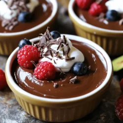 To make a rich and creamy chocolate avocado mousse, you need just a few simple ingredients. Each one plays a key role in achieving that smooth texture and delightful flavor. Here’s what you will need: - 2 ripe avocados - 1/2 cup unsweetened cocoa powder - 1/2 cup maple syrup (or honey) - 1/4 cup almond milk (or any milk of choice) - 1 teaspoon vanilla extract - Pinch of sea salt - Optional toppings: whipped coconut cream, fresh berries, or shaved chocolate Ripe avocados are a must! They add creaminess and healthy fats. Cocoa powder gives the mousse its rich chocolate taste. For sweetness, you can choose maple syrup or honey. Almond milk helps blend everything smoothly. Vanilla extract adds a warm flavor. A pinch of sea salt enhances the overall taste. Feel free to get creative with toppings! Whipped coconut cream adds a light touch, while fresh berries bring a pop of color. Shaved chocolate is a fun way to finish it off. Check out the Full Recipe for detailed steps on how to make this tasty dessert. 1. Cutting and scooping avocados Start by cutting each avocado in half. Remove the pit carefully to avoid any mess. Use a spoon to scoop out the green flesh into your food processor. Make sure to get all the creamy goodness! 2. Mixing ingredients in the food processor Add the unsweetened cocoa powder, maple syrup, almond milk, vanilla extract, and a pinch of sea salt to the avocados in the food processor. This mix brings rich flavors together. 3. Blending until smooth Turn on the food processor and blend all the ingredients. Blend until the mixture is smooth and creamy. Stop to scrape down the sides as needed. This ensures everything blends well. 4. Adjusting sweetness Taste the mousse once it's smooth. If you like it sweeter, add a bit more maple syrup. Blend again to mix in the extra sweetness. It should be just right! 5. Serving and garnishing Once the mousse is creamy, transfer it to your favorite serving dishes. Chill them in the fridge for at least 30 minutes. This helps the mousse set. Before serving, add your choice of toppings like whipped coconut cream, fresh berries, or shaved chocolate. For the full recipe, check back on the ingredients and instructions you need! - Choosing ripe avocados: Select avocados that feel soft but not mushy. The skin should be dark green or black. A ripe avocado will yield gently when pressed. This ensures your mousse has a rich, creamy base. - Ensuring a creamy texture: Blend the ingredients well. Use a high-powered food processor or blender to achieve a smooth finish. Scrape down the sides to mix all parts. If the mousse is too thick, add a bit more almond milk to loosen it up. - Adjusting flavors to preference: Taste your mousse as you go. If you want it sweeter, add more maple syrup or honey. You can also add a pinch of salt to enhance the chocolate flavor. Feel free to experiment with flavors until it’s just right for you. - Best food processors or blenders: A strong blender or food processor is key. Look for models with high wattage. This will help blend the ingredients smoothly. Brands like Vitamix or Ninja are great choices. - Portioning tools for serving: Use small ramekins or dessert cups for serving. This makes each portion look lovely. You can also use a piping bag if you want to get fancy with your presentation. {{image_2}} You can make this chocolate avocado mousse even more fun! First, try adding nut butters. Almond or peanut butter adds a rich taste. Just mix in a few tablespoons when you blend the mousse. This gives a nice twist to the flavor. Next, think about spices. A pinch of cinnamon can warm the taste. You might also enjoy a hint of chili powder for a little kick. These spices can change the mousse from simple to exciting. If you want a vegan or gluten-free version, this recipe is already great. Use maple syrup for sweetness and almond milk for creaminess. You can feel good about what you eat. Serving this mousse is where your creativity shines. You could top it with whipped coconut cream for a tropical twist. Fresh berries add color and a bright taste. You can even sprinkle some shaved chocolate on top. Each option makes the dish look and taste amazing. For something different, build a chocolate avocado mousse parfait. Start with a layer of mousse. Then, add your favorite toppings. Repeat until your glass is full. This looks stunning and tastes delicious. You can find the full recipe to guide you through these fun variations! To keep your chocolate avocado mousse fresh, store it in the fridge. Use airtight containers to prevent the mousse from absorbing other smells. It will stay good for up to three days. If you notice any browning, just give it a quick stir. This will blend the flavors back together. Can you freeze mousse? Yes, you can! Freezing chocolate avocado mousse is a great option if you want to save some for later. Just place it in a freezer-safe container. It can last up to a month in the freezer. When you are ready to eat it, move the mousse to the fridge to thaw overnight. After thawing, stir it well before serving. You might want to add a little more almond milk if it seems too thick. Enjoy your creamy treat! Is Chocolate Avocado Mousse healthy? Yes, it is healthy! This mousse uses avocados, which are full of good fats. They help your heart and keep you full. The cocoa powder adds antioxidants that can boost your mood too. How long does it take to set? It takes about 30 minutes to set in the fridge. This time helps the flavors blend. It also makes the mousse nice and creamy. You can wait longer if you want a firmer texture. Can I use other sweeteners? Yes, you can use many sweeteners. Honey, agave, or stevia work well. Just remember to adjust the amount based on how sweet you want it. Taste as you go! What are the benefits of using avocados in desserts? Avocados add creaminess without dairy. They also provide healthy fats, making the dessert rich. Plus, they give vitamins and minerals. This makes your dessert not just tasty but good for you too. How to make it sugar-free To make it sugar-free, use sugar-free sweeteners like erythritol. These sweeteners can replace maple syrup. Start with a small amount and taste as you mix. This way, you get the sweetness you like. Can I make it without almond milk? Yes, you can skip almond milk. You can use any milk you prefer, like soy or coconut milk. If you want a thicker mousse, use less liquid. Just keep blending until it is smooth. This blog post explored how to make a delicious chocolate avocado mousse. We covered the key ingredients, from ripe avocados to cocoa powder and sweeteners. I shared easy preparation steps and tips for a perfect texture. You learned creative variations, storage tips, and answered common questions to boost your confidence. In closing, this mousse is not just tasty; it's a healthy treat. Enjoy making this dessert with your own twists!