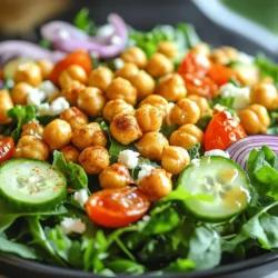 - Chickpeas: Use 1 can (15 oz) of chickpeas. Rinse them well. - Seasonings: You need olive oil, smoked paprika, garlic powder, ground cumin, salt, and pepper. - Salad Base Ingredients: Gather 4 cups of mixed greens (like spinach, arugula, and kale), 1 cup of halved cherry tomatoes, 1 diced cucumber, and 1/4 thinly sliced red onion. - Dressing Components: For the dressing, use 2 tablespoons of tahini, 1 tablespoon of lemon juice, and 1 tablespoon of water to thin it out. This mix of ingredients makes the crispy chickpea salad both tasty and healthy. Each part plays a role in the flavor and crunch. The chickpeas add protein, while the veggies bring fresh taste and color. For the dressing, tahini gives a creamy texture, and lemon juice adds brightness. You can find the full recipe [here](#). First, preheat your oven to 400°F (200°C). This step is key for crispy chickpeas. While your oven heats, line a baking sheet with parchment paper. This helps with easy cleanup and keeps the chickpeas from sticking. Next, prepare the chickpeas. Drain and rinse them well. This removes excess sodium and makes them healthier. In a mixing bowl, toss the chickpeas with olive oil, smoked paprika, garlic powder, ground cumin, salt, and pepper. Make sure each chickpea gets coated evenly with the seasonings. Now it’s time to roast your chickpeas. Spread them in a single layer on the baking sheet. This allows hot air to circulate and gives them a nice crunch. Roast them for 25 to 30 minutes. Stir them halfway through to ensure even cooking. The chickpeas should turn golden brown and crispy. For optimal crispiness, make sure the chickpeas are dry before adding oil. Also, do not overcrowd the baking sheet. This helps them roast instead of steam. While the chickpeas roast, prepare the salad. In a large salad bowl, combine mixed greens, halved cherry tomatoes, diced cucumber, and sliced red onion. This mix adds freshness and color. Next, prepare the tahini dressing. In a small bowl, whisk together tahini, lemon juice, and water. This creates a creamy dressing. Adjust the water amount for your preferred thickness. Once the chickpeas are done, let them cool slightly. Then, add them to the salad bowl. Drizzle the tahini dressing over everything and toss gently to combine. If you like, sprinkle crumbled feta cheese on top. Finally, garnish with chopped fresh parsley before serving. For the full recipe, check out the details above. Enjoy your crispy chickpea salad! To get crispy chickpeas, use the right amount of oil. Too much oil makes them soggy. Just one tablespoon is enough to coat them well. The oil helps the seasonings stick and crisps them up in the oven. Next, pay attention to the roasting temperature and time. Preheat your oven to 400°F (200°C). Roast the chickpeas for 25 to 30 minutes. Stir them halfway to ensure even cooking. You want them golden brown and crunchy, not burnt. The order of ingredients matters for the best flavor. Start with your mixed greens. Add cucumbers and cherry tomatoes next. Top with red onion for a sweet crunch. Finally, toss in the crispy chickpeas. This way, the warm chickpeas mix well with the cold veggies. To prevent soggy greens, add the dressing just before serving. This keeps the greens crisp. You can set aside some chickpeas to sprinkle on top for extra crunch. For a great meal, pair this salad with grilled chicken or a warm pita. These sides complement the salad’s flavors nicely. When presenting the dish, use a large bowl to show off the colors. You can also serve it on individual plates. Garnish with fresh parsley for a pop of green. For an extra touch, sprinkle some feta cheese on top for creaminess. For the full recipe and more details, check out the Full Recipe. {{image_2}} You can change the dressing to suit your taste. Try balsamic vinaigrette for a tangy kick. A yogurt dressing adds creaminess and zest. You can mix things up with a spicy sriracha sauce for heat. Feel free to swap ingredients too. Instead of tahini, use almond butter for a nutty flavor. You can even add honey or maple syrup to sweeten your dressing. Want to boost your protein? Add grilled chicken or tofu to the salad. Both options give it a hearty touch. You can also try black beans or lentils if you want a different legume. They add flavor and nutrition, too. Using seasonal veggies makes your salad fresh and exciting. In spring, add peas or asparagus. In summer, use bell peppers or zucchini. In fall, try roasted butternut squash or apples. In winter, incorporate hearty greens like collards or Swiss chard. Adjust your salad for the time of year to keep it interesting and tasty. For the full recipe and tips, check out the detailed guide above. To keep your crispy chickpea salad fresh, use an airtight container. Glass containers work best. Make sure to cool your salad to room temperature before storing. This helps prevent sogginess. Layer your salad with chickpeas on top. This keeps the greens crisp. Store in the fridge for up to three days. Chickpeas can be reheated in an oven or on the stove. If using the oven, preheat it to 350°F (175°C). Spread the chickpeas on a baking sheet and warm for about 10 minutes. On the stove, heat them in a skillet over medium heat. Add a splash of olive oil to keep them crispy. To keep the salad fresh, do not reheat the greens. It’s best to serve the salad cold or at room temperature. Yes, you can freeze chickpeas. After roasting, let them cool completely. Then, place them in a freezer bag. Remove all air before sealing. They can last up to three months in the freezer. When you're ready to eat, thaw them overnight in the fridge. For quick meals, add the frozen chickpeas directly to soups or stews. This way, you have quick, healthy meals ready. Crispy chickpeas can last up to five days when stored properly. To keep them fresh, place them in an airtight container. Store them at room temperature, away from humidity. If they lose some crunch, you can re-roast them briefly to revive their crispiness. Yes, you can prepare this salad ahead of time! I recommend storing the salad and the crispy chickpeas separately. This way, the greens stay fresh, and the chickpeas remain crunchy. You can mix them just before serving. The tahini dressing can also be made ahead and stored in the fridge for up to three days. If you don’t have tahini, you can use almond butter or sunflower seed butter. These alternatives give a nice flavor. Greek yogurt is another option for a creamy dressing. Just mix it with lemon juice and water to reach your desired consistency. Feel free to get creative with what you have on hand! This blog provided a clear guide to making a tasty chickpea salad. You learned about the key ingredients, step-by-step cooking instructions, and expert tips. The recipe is flexible, letting you swap ingredients and try new flavors. For best results, focus on crisping up the chickpeas and layering your salad well. This dish is not just healthy; it's fun and easy to prepare. Enjoy it fresh or store for later. Experiment with variations to keep meals exciting!