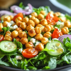 - Chickpeas: Use 1 can (15 oz) of chickpeas. Rinse them well. - Seasonings: You need olive oil, smoked paprika, garlic powder, ground cumin, salt, and pepper. - Salad Base Ingredients: Gather 4 cups of mixed greens (like spinach, arugula, and kale), 1 cup of halved cherry tomatoes, 1 diced cucumber, and 1/4 thinly sliced red onion. - Dressing Components: For the dressing, use 2 tablespoons of tahini, 1 tablespoon of lemon juice, and 1 tablespoon of water to thin it out. This mix of ingredients makes the crispy chickpea salad both tasty and healthy. Each part plays a role in the flavor and crunch. The chickpeas add protein, while the veggies bring fresh taste and color. For the dressing, tahini gives a creamy texture, and lemon juice adds brightness. You can find the full recipe [here](#). First, preheat your oven to 400°F (200°C). This step is key for crispy chickpeas. While your oven heats, line a baking sheet with parchment paper. This helps with easy cleanup and keeps the chickpeas from sticking. Next, prepare the chickpeas. Drain and rinse them well. This removes excess sodium and makes them healthier. In a mixing bowl, toss the chickpeas with olive oil, smoked paprika, garlic powder, ground cumin, salt, and pepper. Make sure each chickpea gets coated evenly with the seasonings. Now it’s time to roast your chickpeas. Spread them in a single layer on the baking sheet. This allows hot air to circulate and gives them a nice crunch. Roast them for 25 to 30 minutes. Stir them halfway through to ensure even cooking. The chickpeas should turn golden brown and crispy. For optimal crispiness, make sure the chickpeas are dry before adding oil. Also, do not overcrowd the baking sheet. This helps them roast instead of steam. While the chickpeas roast, prepare the salad. In a large salad bowl, combine mixed greens, halved cherry tomatoes, diced cucumber, and sliced red onion. This mix adds freshness and color. Next, prepare the tahini dressing. In a small bowl, whisk together tahini, lemon juice, and water. This creates a creamy dressing. Adjust the water amount for your preferred thickness. Once the chickpeas are done, let them cool slightly. Then, add them to the salad bowl. Drizzle the tahini dressing over everything and toss gently to combine. If you like, sprinkle crumbled feta cheese on top. Finally, garnish with chopped fresh parsley before serving. For the full recipe, check out the details above. Enjoy your crispy chickpea salad! To get crispy chickpeas, use the right amount of oil. Too much oil makes them soggy. Just one tablespoon is enough to coat them well. The oil helps the seasonings stick and crisps them up in the oven. Next, pay attention to the roasting temperature and time. Preheat your oven to 400°F (200°C). Roast the chickpeas for 25 to 30 minutes. Stir them halfway to ensure even cooking. You want them golden brown and crunchy, not burnt. The order of ingredients matters for the best flavor. Start with your mixed greens. Add cucumbers and cherry tomatoes next. Top with red onion for a sweet crunch. Finally, toss in the crispy chickpeas. This way, the warm chickpeas mix well with the cold veggies. To prevent soggy greens, add the dressing just before serving. This keeps the greens crisp. You can set aside some chickpeas to sprinkle on top for extra crunch. For a great meal, pair this salad with grilled chicken or a warm pita. These sides complement the salad’s flavors nicely. When presenting the dish, use a large bowl to show off the colors. You can also serve it on individual plates. Garnish with fresh parsley for a pop of green. For an extra touch, sprinkle some feta cheese on top for creaminess. For the full recipe and more details, check out the Full Recipe. {{image_2}} You can change the dressing to suit your taste. Try balsamic vinaigrette for a tangy kick. A yogurt dressing adds creaminess and zest. You can mix things up with a spicy sriracha sauce for heat. Feel free to swap ingredients too. Instead of tahini, use almond butter for a nutty flavor. You can even add honey or maple syrup to sweeten your dressing. Want to boost your protein? Add grilled chicken or tofu to the salad. Both options give it a hearty touch. You can also try black beans or lentils if you want a different legume. They add flavor and nutrition, too. Using seasonal veggies makes your salad fresh and exciting. In spring, add peas or asparagus. In summer, use bell peppers or zucchini. In fall, try roasted butternut squash or apples. In winter, incorporate hearty greens like collards or Swiss chard. Adjust your salad for the time of year to keep it interesting and tasty. For the full recipe and tips, check out the detailed guide above. To keep your crispy chickpea salad fresh, use an airtight container. Glass containers work best. Make sure to cool your salad to room temperature before storing. This helps prevent sogginess. Layer your salad with chickpeas on top. This keeps the greens crisp. Store in the fridge for up to three days. Chickpeas can be reheated in an oven or on the stove. If using the oven, preheat it to 350°F (175°C). Spread the chickpeas on a baking sheet and warm for about 10 minutes. On the stove, heat them in a skillet over medium heat. Add a splash of olive oil to keep them crispy. To keep the salad fresh, do not reheat the greens. It’s best to serve the salad cold or at room temperature. Yes, you can freeze chickpeas. After roasting, let them cool completely. Then, place them in a freezer bag. Remove all air before sealing. They can last up to three months in the freezer. When you're ready to eat, thaw them overnight in the fridge. For quick meals, add the frozen chickpeas directly to soups or stews. This way, you have quick, healthy meals ready. Crispy chickpeas can last up to five days when stored properly. To keep them fresh, place them in an airtight container. Store them at room temperature, away from humidity. If they lose some crunch, you can re-roast them briefly to revive their crispiness. Yes, you can prepare this salad ahead of time! I recommend storing the salad and the crispy chickpeas separately. This way, the greens stay fresh, and the chickpeas remain crunchy. You can mix them just before serving. The tahini dressing can also be made ahead and stored in the fridge for up to three days. If you don’t have tahini, you can use almond butter or sunflower seed butter. These alternatives give a nice flavor. Greek yogurt is another option for a creamy dressing. Just mix it with lemon juice and water to reach your desired consistency. Feel free to get creative with what you have on hand! This blog provided a clear guide to making a tasty chickpea salad. You learned about the key ingredients, step-by-step cooking instructions, and expert tips. The recipe is flexible, letting you swap ingredients and try new flavors. For best results, focus on crisping up the chickpeas and layering your salad well. This dish is not just healthy; it's fun and easy to prepare. Enjoy it fresh or store for later. Experiment with variations to keep meals exciting!