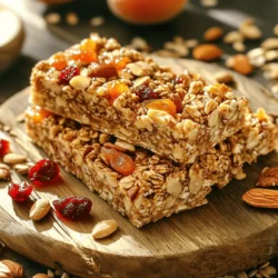 To make homemade granola bars, you need a few key items. Here’s what you will need: - 2 cups rolled oats - 1 cup mixed nuts (almonds, walnuts, and pecans), chopped - ½ cup honey or maple syrup - ½ cup natural nut butter (peanut or almond butter) - ½ cup dried fruits (cranberries, raisins, or apricots), chopped - ¼ cup seeds (pumpkin or sunflower seeds) - 1 teaspoon vanilla extract - ½ teaspoon cinnamon - Pinch of salt These ingredients create a tasty and chewy bar packed with flavor and nutrition. You can easily swap out some ingredients for healthier choices. If you want to reduce sugar, use less honey or maple syrup. You can also try unsweetened applesauce instead. For nut butter, choose a light option like sunflower seed butter if you have nut allergies. Instead of dried fruits, use fresh fruits for more vitamins. Just remember that fresh fruits have more moisture, so adjust the other ingredients accordingly. You can also add spices like nutmeg or ginger for extra flavor without extra calories. Each serving of these homemade granola bars gives you great nutrition. Here’s what you can expect: - Calories: About 150 - Protein: 5 grams - Carbohydrates: 20 grams - Fiber: 3 grams - Fat: 6 grams These bars are a smart choice for a snack or on-the-go breakfast. They keep you full and energized. For the complete recipe, check out the Full Recipe. Start by preheating your oven to 350°F (175°C). This heat helps the bars cook evenly. Grab an 8x8 inch baking dish. Line it with parchment paper, leaving some paper hanging over the sides. This makes it easy to lift the bars out later. In a large mixing bowl, combine the rolled oats, chopped mixed nuts, and seeds. Add the cinnamon and salt. Use a spoon to stir these ingredients until they mix well. This step is key for even flavor. Now, take a small saucepan. Warm the honey or maple syrup and nut butter on low heat until they melt together. Stir in the vanilla extract. Pour this warm mixture over your dry ingredients. Mix everything until the oats and nuts are fully coated. Then, fold in the chopped dried fruits gently. Transfer the mixture into your prepared baking dish. Press it down firmly with your hands or a spatula. This helps the bars stick together. Bake for about 20-25 minutes, until the edges turn golden brown. Let the granola cool in the pan for about 30 minutes. Once cool, lift it out using the parchment paper and cut it into bars or squares. Store any leftovers in an airtight container at room temperature. Enjoy your homemade granola bars! For the full recipe, check out the earlier section. To get the best texture in your granola bars, use rolled oats. They hold together well. Mix in chopped nuts for crunch. I love using almonds, walnuts, and pecans. They add great flavor and good fats. A pinch of salt helps balance the sweetness of honey or maple syrup. Don’t skip the cinnamon; it brings warmth to each bite. Press the mixture tightly in the baking dish. This helps the bars stick together. You can make these bars fit your diet. For a nut-free option, swap nuts for seeds. Use sunflower seeds or pumpkin seeds instead. If you need gluten-free bars, choose certified gluten-free oats. For a vegan version, use maple syrup and a plant-based nut butter. Dried fruits add natural sweetness. Use cranberries, raisins, or apricots, depending on your taste. You can also add dark chocolate chips for a treat. Serving your granola bars can be fun! Cut them into neat squares or rectangles. For a special touch, arrange them on a colorful platter. Drizzle a little honey on top for shine. You can wrap each bar in parchment paper. Secure with twine for a cute gift. This makes them perfect for sharing at parties or picnics. These simple ideas will make your homemade granola bars look as good as they taste. {{image_2}} You can mix flavors to make your granola bars exciting. Try adding chocolate chips or coconut flakes for a sweet twist. You can also use spices like nutmeg or ginger for a warm touch. Want a fruity bite? Add banana chips or diced apple. Each flavor change gives a new taste! Make simple swaps for a healthier bar. Use agave nectar instead of honey for a lower-glycemic option. Swap mixed nuts for seeds if you need nut-free bars. You can also use unsweetened applesauce instead of nut butter. This will cut extra fat while keeping it moist. Using seasonal ingredients can enhance your bars. In fall, add pumpkin puree and pumpkin spice for a cozy flavor. In summer, mix in fresh berries or peaches for a fruity burst. Winter is great for dried fruits like figs or dates. Each season offers fresh ideas! For the full recipe, check the "Nutty Bliss Homemade Granola Bars" section. To keep your homemade granola bars fresh, use an airtight container. This helps to prevent them from getting stale. You can store them at room temperature for up to a week. If you want to keep them longer, the fridge is a better option. Just make sure to wrap each bar in parchment paper or plastic wrap for extra protection. This keeps them moist and tasty. Homemade granola bars can last about one week at room temperature. In the fridge, they may last up to two weeks. If you notice any changes in smell or texture, it’s time to toss them. Fresh bars should feel firm yet chewy. If they become hard or crumbly, they may be past their best. Freezing is a great way to store granola bars for a long time. To freeze, wrap each bar tightly in plastic wrap. Then, place them in a freezer-safe bag. You can keep them in the freezer for up to three months. When you want to eat one, just take it out and let it thaw at room temperature. This way, you can enjoy a healthy snack whenever you like! For the complete recipe, refer to the Full Recipe section. You can make granola bars without nuts easily. Simply skip the nuts in the recipe. Use extra seeds instead, like sunflower or pumpkin seeds. You can also add more dried fruits. This gives your bars flavor and texture without the nuts. Yes, you can use other sweeteners in your granola bars. Agave syrup or brown rice syrup work well. For a low-sugar option, try mashed bananas or apple sauce. Each sweetener gives a unique taste, so choose one you like best. Toppings add fun and flavor to your granola bars. Here are some ideas: - Chocolate chips - Shredded coconut - Chia seeds - Extra dried fruits - A drizzle of nut butter Feel free to mix and match these toppings. They make your bars even more tasty and fun to eat. For the complete recipe, refer to the Full Recipe section. Making homemade granola bars is simple and rewarding. We reviewed key ingredients, prep steps, and storage tips to ensure success. You can customize your bars with flavors, swap ingredients for health, and serve them in fun ways. Remember to check the freshness as you store them. In summary, these tasty bars are easy to make, healthy, and fun to enjoy. You now have the tools to create your perfect granola bar! Enjoy experimenting with new flavors and sharing them with friends and family.