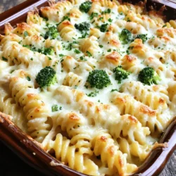 - 2 cups rotini pasta - 2 cups cooked chicken, shredded - 2 cups broccoli florets - 1 cup heavy cream - 1 cup Alfredo sauce - 1 cup shredded mozzarella cheese - 1/2 cup grated Parmesan cheese - 1 teaspoon garlic powder - 1 teaspoon onion powder - 1/2 teaspoon black pepper - 1/4 teaspoon salt - 1 tablespoon fresh parsley, chopped To make a great Creamy Chicken Alfredo Bake, you need fresh ingredients. Each one plays a key role in flavor and texture. The rotini pasta holds the sauce well, while the chicken adds protein. Broccoli gives a nice crunch and color. Heavy cream and Alfredo sauce create a rich base. The mozzarella and Parmesan cheeses melt beautifully, making the dish extra creamy. - Alternatives for broccoli: You can use spinach or green beans instead of broccoli. Both add great taste and nutrition. - Options for gluten-free pasta: Look for gluten-free rotini or penne. Many pasta brands offer great gluten-free choices. - Homemade Alfredo sauce tips: To make a simple Alfredo sauce, use butter, heavy cream, and cheese. Melt butter, add cream, and stir in cheese until smooth. This can be a tasty option if you prefer homemade sauce. These substitutions allow you to customize the dish. You can make it fit your taste or dietary needs. Enjoy experimenting with different flavors! For the full recipe, check out the [Full Recipe]. - Preheat the oven to 350°F (175°C). - In a large pot, boil salted water. Add the rotini pasta. Cook until al dente. Drain it and put it back in the pot. - In a separate pot, steam the broccoli florets for 3-4 minutes. They should be bright green and tender. Add the broccoli to the pot with the pasta. - Shred the cooked chicken into bite-sized pieces. This makes it easy to mix with the pasta and broccoli. - In a medium bowl, mix heavy cream and Alfredo sauce. Add garlic powder, onion powder, black pepper, and salt. Stir until smooth. - This rich sauce adds flavor and creaminess to the dish. - Pour the sauce over the pasta and broccoli. Add the shredded chicken. Toss everything together until the pasta and chicken are covered in sauce. - Transfer this mixture into a greased 9x13 inch baking dish. Spread it out evenly. - Place the baking dish in the preheated oven. Bake for 25-30 minutes. The cheese should be bubbly and golden brown. - You’ll know it’s done when the cheese looks delicious and melted. - After baking, let it sit for 5 minutes. Garnish with fresh parsley for color. - Serve the creamy chicken Alfredo bake directly from the dish. Add extra Parmesan for a tasty finish. For a complete meal, pair it with a simple green salad. For the full recipe, check out [Full Recipe]. - Achieving perfect pasta texture: Cook the rotini pasta until it is al dente. This means it should be firm but not hard. Overcooking will make it mushy. Always use plenty of salted water for boiling. Drain it well before mixing with other ingredients. - Cheese melting tips: For a creamy melt, use freshly shredded mozzarella and Parmesan cheese. Pre-packaged cheese often has anti-caking agents that can affect melting. Sprinkle the cheese evenly on top of your dish. This helps it melt nicely and form a golden crust. - Serving suggestions: Serve the creamy chicken Alfredo bake hot from the oven. Use a large spoon for easy serving. Add a sprinkle of extra Parmesan and parsley on top for color. This makes the dish look more inviting and fresh. - Pairing with side dishes: A simple green salad pairs well with this dish. The crisp greens balance the creamy pasta. Garlic bread is another great option. It adds crunch and complements the flavors. - Fixing dry pasta: If your pasta comes out dry, try adding a splash of heavy cream. Mix it in gently to keep the texture smooth. This adds moisture without making it soggy. - Adjusting seasoning: Taste your dish before serving. If it lacks flavor, add a pinch of salt or pepper. Fresh herbs like parsley or basil can also enhance the taste. They add a burst of freshness that elevates the creamy sauce. For the full recipe, check out the Creamy Chicken Alfredo Bake recipe. {{image_2}} You can change up the vegetables in this dish. Try adding spinach, bell peppers, or zucchini. These colorful veggies not only taste great but also add more nutrients. You can also mix in some peas or carrots for a pop of color and flavor. Using different proteins can also make this meal exciting. Swap chicken for turkey, shrimp, or even sausage. Each protein adds a unique taste. If you want a meat-free option, use chickpeas or tofu for protein instead. To keep things fresh, try a creamy pesto Alfredo. Blend pesto sauce into your Alfredo for a zesty twist. This will give your dish a lovely green hue and a burst of flavor. You can also play with different cheese combinations. Mix mozzarella with gouda or fontina for a richer taste. Experimenting with cheese can change the whole vibe of the dish. If you have vegetarians in your family, you can easily make a vegetarian version. Just leave out the chicken and add more veggies. You can also use a plant-based Alfredo sauce for a creamy touch. For those who need dairy-free options, use coconut milk instead of heavy cream. There are also great dairy-free cheese choices available now. These swaps let everyone enjoy this tasty dish without missing out! To keep your creamy chicken Alfredo bake fresh, store leftovers in the fridge. Use an airtight container for best results. Let it cool down first before sealing. This method helps keep flavors intact. If you want to freeze it, portion it into smaller containers. This way, you can take out only what you need later. Reheat your creamy chicken Alfredo bake in the oven. Preheat your oven to 350°F (175°C). Place the dish covered with foil to keep it moist. Heat for about 20 minutes or until hot. You can also use the microwave. Place a portion on a microwave-safe plate. Heat for 1-2 minutes, stirring halfway through. To avoid sogginess, do not overheat. In the fridge, the creamy chicken Alfredo bake lasts about 3 to 4 days. Make sure it stays sealed tight. When frozen, it can last up to 3 months. Just remember to label the containers with dates. This helps you keep track of how long it's been stored. For best taste, enjoy it sooner rather than later. To make homemade Alfredo sauce, you need: - 1 cup heavy cream - 1/2 cup grated Parmesan cheese - 1/2 teaspoon garlic powder - 1/4 teaspoon salt - 1/4 teaspoon black pepper Steps involved: 1. In a saucepan, heat the heavy cream over medium heat. 2. Stir in the grated Parmesan cheese until melted. 3. Add garlic powder, salt, and black pepper. 4. Mix until smooth and creamy. Yes, you can use leftover chicken. Shredded rotisserie chicken works great. Best practices for using leftover chicken: - Ensure the chicken is fully cooked. - Shred or chop it into bite-sized pieces. - Add it directly to the pasta and sauce mixture. Yes, this recipe is perfect for meal prep. It stores well and reheats nicely. Tips for making in advance: - Cook the pasta and mix everything together. - Store it in an airtight container. - Keep it in the refrigerator for up to three days. Storage and reheating suggestions: - To reheat, use the microwave or oven. - Add a splash of cream or milk to keep it moist. Yes, you can make this recipe gluten-free. Use gluten-free pasta to replace regular pasta. Gluten-free pasta options: - Brown rice pasta - Quinoa pasta - Chickpea pasta Adjustments to ingredients: - Check that your Alfredo sauce is gluten-free. - Use gluten-free broth if you add any liquid. This dish combines rotini pasta, chicken, and broccoli for a tasty meal. We covered the main ingredients, cooking steps, and some helpful tips. You learned how to make a creamy Alfredo sauce and how to store leftovers. Try variations to fit your taste, like using different veggies or proteins. In the end, this recipe is fun and easy. You can impress family and friends while enjoying a delicious dinner. Happy cooking!