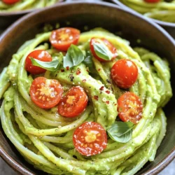 - 2 ripe avocados - 8 ounces spaghetti or pasta of choice - 2 cloves garlic, minced - Crushed red pepper flakes - Grated Parmesan cheese - Fresh lemon juice - Olive oil - Salt and pepper Creamy avocado pasta is simple to make, and you need just a few key ingredients. The main stars are the ripe avocados, which give the dish its creamy texture. I prefer using fresh avocados that are soft but not overripe. This ensures a smooth sauce that brings life to the pasta. You'll also need spaghetti or your favorite pasta. I love using spaghetti because it holds the creamy sauce well. For an extra flavor boost, minced garlic adds a great kick to the mix. To enhance the dish, I recommend fresh lemon juice. This adds brightness and cuts through the creaminess. Olive oil helps blend everything into a luscious sauce. Don't forget to season with salt and pepper to taste. If you want to take it a step further, consider adding optional ingredients. Crushed red pepper flakes give a nice heat, and grated Parmesan cheese adds a rich, savory flavor. These extras make the dish even more delicious! For the full recipe, refer to the beginning of this article. - Bring salted water to boil. - Cook spaghetti until al dente. To start, fill a large pot with water. Add a generous pinch of salt. This step boosts the flavor of the pasta. Once the water bubbles, add your spaghetti. Stir it gently to prevent sticking. Follow the package time for cooking. You want the pasta firm yet tender. This is called al dente. Before draining, save about 1 cup of the pasta water. This water helps later for the sauce. - Blend avocados with garlic, lemon juice, and olive oil. - Adjust consistency with reserved pasta water. While the pasta cooks, grab your ripe avocados. Cut them in half and scoop out the green flesh into a blender. Add minced garlic, fresh lemon juice, and olive oil. This mix makes the sauce rich and tasty. Blend everything until it is smooth and creamy. If it's too thick, add a little of the pasta water you saved. Keep blending until you get your desired texture. Don’t forget to season with salt and pepper for extra flavor. - Mix drained pasta with the avocado sauce. - Incorporate cherry tomatoes and basil. When your pasta is done, drain it well. Return the warm pasta to the pot over low heat. Pour the creamy avocado sauce over the pasta. Gently toss everything to coat the noodles well. If the sauce is still too thick, splash in more reserved pasta water. Next, fold in halved cherry tomatoes and chopped fresh basil. This adds color and bright flavors to the dish. Toss gently until everything is well mixed and heated through. For the best creamy texture, always use ripe avocados. They blend smoothly and give a rich feel. If your sauce is too thick, add a bit of reserved pasta water. This will help you reach the perfect consistency. You can boost the flavor by adding fresh herbs. Try cilantro or parsley for a fresh taste. A touch of lemon zest also brightens the dish. It adds a nice zing that makes the pasta pop. To make your dish look great, serve it in deep bowls. Garnish with fresh basil leaves and a drizzle of olive oil. For an extra touch, sprinkle high-quality Parmesan on top. This will make your creamy avocado pasta not only tasty but also beautiful. Feel free to check the Full Recipe for more details on making this dish! {{image_2}} You can easily make this dish gluten-free. Just substitute regular pasta with gluten-free pasta. There are many types available, like brown rice or chickpea pasta. These options taste great and keep the creamy avocado flavor intact. To create a vegan-friendly version, simply omit the Parmesan cheese. You can also use vegan cheese alternatives. Nutritional yeast is a tasty option that adds a cheesy flavor without dairy. This way, everyone can enjoy this dish. Want to boost the protein in your pasta? You can add grilled chicken or shrimp. Both options complement the avocado sauce nicely. If you're looking for a plant-based boost, try adding chickpeas. They mix well with the creamy sauce and add fiber too. Store any leftovers in an airtight container. This keeps the pasta fresh and tasty. It's best to eat it within 1-2 days. After that, the avocado may brown and lose flavor. Freezing this dish is not recommended. The texture of avocado changes in the freezer. If you must freeze, keep the sauce separate from the pasta. This way, you can enjoy the sauce later without the strange texture. To reheat, do it gently on low heat. Add a splash of water to the pan. This helps to revive the sauce and keep it creamy. Don't rush this step; take your time to heat it through. Yes, you can prep creamy avocado pasta in advance. Cook the pasta and cool it. Store it in the fridge. For the avocado sauce, blend it fresh. This keeps the sauce green and tasty. When you’re ready to eat, mix the pasta and sauce. Heat gently to warm it up. If you don't have avocados, use silken tofu or cashew cream. Both give a creamy texture. You can also try mashed banana for a sweet twist. Each option changes the taste a bit, so pick what suits you best. To keep pasta from sticking, follow a few simple tips. First, use plenty of salted water when boiling. Stir the pasta often during cooking. After draining, toss it with a bit of olive oil. This helps prevent clumps. If you are using the pasta later, cool it quickly and store it in an airtight container. This blog post guides you through making creamy avocado pasta. You need ripe avocados, pasta, and garlic for the sauce. We explored seasoning options, cooking methods, and tips for texture and flavor. To make your dish unique, consider variations like adding protein or herbs. Remember, store your leftovers correctly for the best taste. This dish is simple yet versatile, sure to impress. Enjoy experimenting and creating your perfect creamy pasta.
