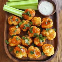 - 1 large head of cauliflower, cut into bite-size florets - 1 cup all-purpose flour - 1 cup unsweetened almond milk (or regular milk) - 1 teaspoon garlic powder - 1 teaspoon onion powder - 1 teaspoon smoked paprika - 1/2 teaspoon salt - 1/4 teaspoon black pepper These main ingredients form the base of your Buffalo Cauliflower Bites. The cauliflower gives a great texture and absorbs flavors well. The flour and almond milk create a nice batter that sticks to the florets. The spices add a kick, making each bite tasty. - 1 cup buffalo sauce (store-bought or homemade) - 1 tablespoon melted vegan butter (optional, for extra richness) - Fresh parsley, chopped (for garnish) - Celery sticks (for serving) - Ranch or blue cheese dressing (for dipping) Buffalo sauce is key to this dish. You can choose store-bought for convenience or make your own for a personal touch. Adding vegan butter gives the sauce a rich flavor. Garnishing with fresh parsley brightens the dish. Celery sticks and a creamy dip make for a complete snack. For the full recipe, check out the [Full Recipe]. 1. First, preheat your oven to 450°F (230°C). This high heat makes the bites crispy. 2. Line a baking sheet with parchment paper. This keeps the bites from sticking. 3. In a large bowl, mix together the flour, almond milk, garlic powder, onion powder, smoked paprika, salt, and black pepper. Whisk until smooth. This batter should be thick enough to coat the cauliflower. 1. Take each cauliflower floret and dip it into the batter. Make sure it is fully coated. 2. Let any extra batter drip off before placing it on the baking sheet. This helps them bake better. 3. Arrange the florets in a single layer. Bake for about 20-25 minutes. Flip them halfway through to get an even crisp. Look for a golden brown color to know they’re ready. 1. While the florets bake, prepare your buffalo sauce mixture. If you like, mix the buffalo sauce with melted vegan butter. This adds richness and flavor. 2. Once the cauliflower is crispy, take it out of the oven. Carefully toss the hot bites in the buffalo sauce until evenly coated. 3. Return the coated florets to the baking sheet. Bake for an additional 10-15 minutes. This final baking makes them even crispier. 4. After that, let them cool for a minute. Garnish with fresh parsley for a nice touch. Enjoy your savory buffalo cauliflower bites! For the full recipe, refer to the detailed instructions above. To get that perfect crunch, you need the right baking temperature. I recommend preheating your oven to 450°F (230°C). This high heat helps the batter crisp up nicely. Another key tip is flipping the florets halfway through baking. This ensures even cooking and crispiness on all sides. You can adjust the spice levels in your buffalo sauce to suit your taste. If you love heat, add more hot sauce. For a milder flavor, use less. You can also add herbs or spices to boost the taste. Try garlic powder, smoked paprika, or even a pinch of cayenne for extra kick. The best dips to pair with Buffalo Cauliflower Bites are ranch or blue cheese dressing. These creamy dips balance the heat of the sauce well. For presentation, serve the bites on a platter with celery sticks. A sprinkle of chopped parsley adds a nice touch and fresh color. This makes your dish look even more inviting! {{image_2}} You can choose healthier ways to enjoy Buffalo cauliflower bites. One way is to bake them instead of frying. Baking uses less oil and makes them crisp and light. Just follow the full recipe, and you will get that crunchy texture without the extra fat. If you need gluten-free bites, use gluten-free flour. Almond flour or chickpea flour works well. Replace all-purpose flour with these options to keep the taste yum while catering to dietary needs. To mix things up, try different sauces. BBQ sauce adds a sweet twist, while teriyaki gives a savory touch. You can even switch the buffalo sauce for something milder if you want less heat. Adding cheese or nutritional yeast can boost flavor. Sprinkle some sharp cheddar or a vegan cheese on top before baking. The cheese melts beautifully, making each bite even tastier. Garnishing can change your dish. Fresh herbs like cilantro or chives can add a nice touch. If you want a crunch, try adding sliced radishes or green onions on top. Serving styles can enhance the experience too. For game night, place the bites on a large platter and add celery sticks for dipping. For a fancy touch, arrange them on a nice plate with sauces on the side. This way, guests can have fun dipping each bite! To keep your Buffalo Cauliflower Bites fresh, store them in an airtight container. Place a paper towel at the bottom to absorb moisture. This helps prevent sogginess. Refrigerate them for up to three days. When you’re ready to enjoy them again, use these tips to reheat: - Preheat your oven to 350°F (175°C). - Spread the bites on a baking sheet. - Bake for around 10-15 minutes until crispy. This method keeps the outside crunchy and the inside warm. Avoid using the microwave, as it can make them soft. If you have extra Buffalo Cauliflower Bites, freezing is a great choice. Here’s how to freeze them properly: - Let the bites cool completely after baking. - Place them in a single layer on a baking sheet. - Freeze until solid, then transfer to a freezer bag. This method helps them keep their shape. For thawing and reheating, follow these steps: - Take the bites out of the freezer and let them sit for 10 minutes at room temperature. - Preheat your oven to 375°F (190°C). - Bake for 15-20 minutes until heated through and crispy. This way, you can enjoy your savory snack anytime! For the full recipe, check out the recipe section. Buffalo Cauliflower Bites can last about 3-5 days in the fridge. Store them in an airtight container. This keeps them fresh and tasty for your next snack. Yes, you can make Buffalo Cauliflower Bites ahead of time! Prepare them fully, then store them in the fridge. When you are ready to eat, reheat them in the oven at 350°F. This helps keep them crispy. To make Buffalo Cauliflower Bites gluten-free, simply use gluten-free flour. This swap works well in the batter. Check your buffalo sauce too; some brands may have gluten. Buffalo Cauliflower Bites are simple and fun to make. You learned about the main and extra ingredients, along with step-by-step instructions. I shared tips for perfect crunch and flavor, plus variations to keep it exciting. Don’t forget about storage ways for leftovers! These bites are tasty for snacks or parties. You now have everything to whip up your own Buffalo Cauliflower Bites. Enjoy exploring flavors and impressing your friends!