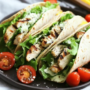 - 2 boneless, skinless chicken breasts - 1 tablespoon olive oil - 1 teaspoon garlic powder - 1 teaspoon Italian seasoning - Salt and pepper to taste - 4 large whole wheat tortillas - 2 cups romaine lettuce, chopped - 1/2 cup Caesar dressing (store-bought or homemade) - 1/2 cup grated Parmesan cheese - Freshly cracked black pepper (for topping) - Cherry tomatoes, halved (for garnish) To make Grilled Chicken Caesar Wraps, you need fresh, high-quality ingredients. The chicken brings protein, while romaine adds crunch. Whole wheat tortillas provide a hearty base. Caesar dressing gives that classic flavor, and Parmesan cheese adds richness. - Sliced avocado - Croutons for extra crunch - Fresh herbs like basil or parsley - Lemon wedges for a fresh squeeze These optional ingredients can elevate your wraps. Sliced avocado adds creaminess, while croutons give a nice crunch. Fresh herbs can brighten the dish, and a squeeze of lemon can enhance the flavors. Each wrap typically contains: - Calories: 450 - Protein: 35g - Carbohydrates: 40g - Fat: 18g - Fiber: 5g This meal is both tasty and nutritious. It offers a good balance of protein, carbs, and healthy fats. You can enjoy this wrap as a satisfying lunch or dinner without guilt. For the full recipe, check the previous section. Start by preparing the chicken. In a small bowl, mix together one tablespoon of olive oil, one teaspoon of garlic powder, one teaspoon of Italian seasoning, and salt and pepper to taste. Rub this mixture all over the two boneless, skinless chicken breasts. This helps give the chicken great flavor. Next, heat your grill or grill pan to medium-high heat. Grill the chicken breasts for about 6-7 minutes on each side. You want them to be fully cooked and the juices to run clear. Once done, remove the chicken from the grill and let it cool slightly. After that, slice it into thin pieces. Now, it's time to assemble your wraps. Lay out four large whole wheat tortillas on a clean surface. Start with a generous scoop of chopped romaine lettuce in the center of each tortilla. Drizzle Caesar dressing over the lettuce, followed by a sprinkle of grated Parmesan cheese. Then, place the sliced grilled chicken on top of the salad. To wrap it up, fold the bottom of the tortilla over the filling. Next, fold in the sides and roll tightly to secure everything. Repeat this with the remaining tortillas. For easier eating, slice each wrap in half. You can serve them with extra Caesar dressing on the side for dipping. Add halved cherry tomatoes as a garnish for a fresh touch. Enjoy your tasty meal! Grilling chicken can be simple. Follow these steps for great results: - Choose the Right Cut: Use boneless, skinless chicken breasts. They grill well and stay juicy. - Marinate for Flavor: A mix of olive oil, garlic powder, and seasonings adds great taste. - Preheat the Grill: Get your grill hot before adding the chicken. This gives nice grill marks. - Check the Temperature: Cook until the chicken reaches 165°F. This keeps it safe and tender. - Let It Rest: After grilling, let the chicken rest for a few minutes. This keeps juices inside. Wrapping your Grilled Chicken Caesar Wraps is key for neatness and taste. Here’s how to do it right: - Layer Ingredients: Start with lettuce, then drizzle dressing, add cheese, and finally chicken. - Fold the Bottom: Bring the bottom of the tortilla up over the filling. - Fold in the Sides: Tuck the sides in to keep filling secure. - Roll Tightly: Roll from the bottom up to keep everything inside. A tight wrap is easier to eat. Pair your Grilled Chicken Caesar Wraps with sides that complement their flavor. Here are some ideas: - Fresh Fruit: Slices of watermelon or a mixed berry bowl add sweetness. - Chips: Serve with baked tortilla chips for a crunchy contrast. - Salad: A light side salad with vinaigrette balances the meal. - Soup: Tomato or minestrone soup makes a warm and hearty option. For a full recipe, you can check out the Grilled Chicken Caesar Wraps section. Enjoy your cooking! {{image_2}} You can swap chicken for shrimp or tofu. Shrimp grills fast and adds a nice flavor. Simply season the shrimp like the chicken and grill for about 2-3 minutes per side. Tofu is a great option for a plant-based meal. Just press and cube firm tofu, then marinate it in the same spices. Grill until it’s golden and crispy. You can use store-bought or homemade dressing. Store-bought is quick and easy. Just pour it on your salad and go! If you want to make your own, mix mayonnaise, lemon juice, garlic, and anchovy paste. This gives a fresh taste and lets you control the flavor. To make this wrap vegetarian, leave out meat and add more veggies. You can use chickpeas or black beans for protein. Add sliced bell peppers, cucumbers, or avocados for crunch. This keeps the wrap filling and tasty without using meat. Explore these variations to find your favorite twist on the Grilled Chicken Caesar Wraps! For the full recipe, check out my earlier sections. After enjoying your Grilled Chicken Caesar Wraps, you may have some leftovers. To store them safely, wrap each one tightly in plastic wrap or foil. Place the wraps in an airtight container. Keep them in the fridge for up to three days. This will keep them fresh and tasty. If you want to save your wraps for later, freezing is a great option. First, wrap each one in plastic wrap. Then, place them in a freezer-safe bag or container. Make sure to remove as much air as possible. You can freeze the wraps for up to three months. When you're ready to eat, just thaw them in the fridge overnight. Reheating your Grilled Chicken Caesar Wraps is easy. For the best taste, use an oven or a skillet. Preheat your oven to 350°F (175°C). Place the wraps on a baking sheet and heat for about 10-15 minutes. If using a skillet, heat on medium-low, turning occasionally for even warmth. You want them to be hot all the way through without getting soggy. Enjoy your meal fresh! Yes, you can make Grilled Chicken Caesar Wraps ahead of time. You can grill the chicken and prepare the wraps a few hours in advance. Keep the wraps tightly wrapped in plastic wrap or foil. This helps them stay fresh. If you want the best taste, do not add the dressing until you're ready to eat. This keeps the tortillas from getting soggy. Making Caesar dressing from scratch is easy and fun. Here’s a simple recipe: - 1/2 cup mayonnaise - 2 tablespoons lemon juice - 1 teaspoon Dijon mustard - 1 garlic clove, minced - 1/4 cup grated Parmesan cheese - Salt and pepper to taste Mix all the ingredients in a bowl. Whisk until smooth. Taste and adjust the seasoning as needed. This dressing adds great flavor to your wraps. Some great sides include: - Fresh fruit salad - Crispy sweet potato fries - Veggie sticks with dip - A light green salad These sides balance the meal and add more color. They also keep it light and fresh. Try different sides to find your favorite combo! Grilled Chicken Caesar Wraps are simple yet tasty. We covered key ingredients, from chicken to optional flavors. Next, I shared easy steps for grilling and assembling the wraps. Tips for grilling chicken and wrapping it well make a difference. You can even switch proteins or dressings to suit your taste. Proper storage ensures your leftovers stay fresh. With these tips, you can impress anyone. Enjoy your wraps or share them with friends!