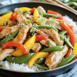 - 1 lb chicken breast, thinly sliced - 1 tablespoon vegetable oil - 1 red bell pepper, julienned - 1 yellow bell pepper, julienned - 1 cup snap peas, trimmed - 3 tablespoons soy sauce - 2 tablespoons honey - 1 tablespoon sriracha (adjust to taste) - 1 tablespoon cornstarch - 1/4 cup chicken broth - 2 green onions, sliced - Sesame seeds To create the Sweet and Spicy Chicken Stir-Fry, start with fresh, high-quality ingredients. Using one pound of chicken breast gives you enough protein for four servings. Thinly slice the chicken to ensure it cooks fast and evenly. For the vegetables, I love the crunch of red and yellow bell peppers. Their bright colors make the dish pop! Snap peas add a sweet crunch that pairs well with the sauce. The sauce is where the magic happens. Mix three tablespoons of soy sauce with two tablespoons of honey. This blend adds sweetness and umami. Sriracha brings the heat, but you can adjust it based on your taste. Cornstarch thickens the sauce, while chicken broth adds depth. For the finishing touch, consider garnishing with sliced green onions and sesame seeds. These add flavor and a beautiful look. You can find the full recipe at the end of this section to make your cooking experience easier! - Mix soy sauce, honey, sriracha, cornstarch, and chicken broth in a bowl. - Stir until cornstarch is fully dissolved. To make the sauce, you want a balance of sweet heat. The honey adds sweetness, while sriracha gives it a kick. Cornstarch thickens the sauce, making it stick to the chicken and veggies. This mix is a crucial step for great flavor. - Heat vegetable oil in a skillet or wok over medium-high heat. - Add sliced chicken and stir-fry for 4-5 minutes until cooked through. When cooking chicken, keep it moving. This helps it cook evenly and stay juicy. I like to cut the chicken thin. Thin pieces cook fast, saving you time during busy nights. - Add minced garlic and grated ginger, sauté for 30 seconds. - Stir-fry bell peppers and snap peas for 3-4 minutes until tender. Garlic and ginger add a nice aroma. You want just enough time to wake up their flavors. Then, toss in the bell peppers and snap peas. They should stay bright and crisp, adding texture to your dish. - Return cooked chicken to the skillet. - Pour in the prepared sauce, stir to coat, and cook until sauce thickens for 2-3 minutes. Now, bring it all together! Add the chicken back and pour in your sauce. Stir well, so everything gets coated. Cook until the sauce thickens, which should only take a few minutes. This is where the magic happens! You’ll see it transform into a delicious meal. You can find the full recipe for more details. - Use thin slices of chicken for quick cooking. - Ensure the skillet is hot before adding ingredients for best results. A hot skillet helps the chicken sear nicely and keeps it juicy. - Serve over steamed jasmine rice or quinoa. The rice or quinoa will soak up the tasty sauce. - Consider adding lime wedges for an extra zing. The lime will add a fresh burst of flavor to your dish. - Adjust spiciness by altering sriracha amount. You can add more for heat or less for mild flavor. - Substitute honey with maple syrup for a different sweetness. Maple syrup gives a nice, rich flavor that pairs well with chicken. {{image_2}} You can switch up the veggies in this stir-fry. Use broccoli, carrots, or asparagus instead of bell peppers. These choices add nice color and crunch. Adding mushrooms brings extra flavor and a meaty texture. Mix and match based on what you like or have on hand. Want to change the protein? Easy! You can use shrimp, tofu, or beef strips instead of chicken. Each option gives a new taste. Just remember to adjust cooking time. Shrimp cooks fast, while beef may take a bit longer. You can also play with the sauce. Swap soy sauce for tamari if you need a gluten-free option. This keeps the flavor but makes it safe for gluten-free diets. If you prefer vegan, use agave syrup instead of honey. It adds sweetness without animal products. For the full recipe, check the earlier section. Store any leftovers in an airtight container. This keeps your chicken fresh. It will last for up to 3 days in the fridge. Make sure it cools down before you seal it. You can freeze the stir-fry for later. Use a freezer-safe container. It will stay good for 2-3 months. When you're ready to eat, thaw it in the fridge. This helps keep the texture nice. To reheat, use the stovetop. Keep the heat low and add a splash of water if it seems dry. Stir often to heat it evenly. You can also use a microwave. Heat on medium and stir every minute until it's warm. Enjoy your tasty meal again! For the full recipe, check the earlier section. To make your Sweet and Spicy Chicken Stir-Fry spicier, you can increase the amount of sriracha. You can also add red pepper flakes to the dish. Start with a little and taste as you go. This way, you control the heat level. You can pair this dish with steamed rice, quinoa, or noodles. Each option brings its unique taste and texture. Steamed jasmine rice adds softness, while quinoa offers a nutty flavor. Noodles give a satisfying chewiness. Yes, you can prep ingredients ahead of time. Slice the chicken and chop the veggies early in the day. However, it’s best to cook the stir-fry just before serving. This keeps the veggies crisp and the chicken juicy. Total time is about 20 minutes. You will spend about 15 minutes prepping. Cooking takes only a few minutes, making this a quick and tasty meal. Yes, this dish stores well and can be reheated. It’s perfect for meal prep. Just store it in an airtight container. You can enjoy it for lunch or dinner throughout the week. In this blog post, we explored how to create a delicious sweet and spicy chicken stir-fry. We covered key ingredients, including chicken, fresh veggies, and a flavorful sauce. You learned step-by-step instructions for cooking and tips for storage. Lastly, we discussed tasty variations and serving suggestions. This dish is quick, easy, and versatile, perfect for any meal. I hope you feel ready to make this yummy stir-fry tonight!