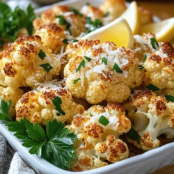 - 1 large head of cauliflower, cut into florets - 4 cloves of garlic, minced - 1/2 cup grated Parmesan cheese - 1/4 cup olive oil - 1 teaspoon sea salt - 1/2 teaspoon black pepper - 1 teaspoon smoked paprika - 2 tablespoons fresh parsley, chopped (for garnish) - Lemon wedges (for serving) The main ingredient is the large head of cauliflower. It gives the dish its unique flavor and texture. You want to cut it into florets. This makes sure they cook evenly and get nice and crispy. The garlic adds a strong, tasty punch. I love using fresh garlic. Mince it well to spread the flavor. Parmesan cheese is key for that cheesy goodness. It melts and creates a tasty crust. Olive oil helps everything cook well. It also gives a nice, rich flavor. The sea salt and black pepper bring out the dish's natural taste. Smoked paprika adds a warm, smoky note. It really enhances the flavor profile. Fresh parsley is for garnishing. It adds color and freshness. Lastly, lemon wedges brighten up the dish. A squeeze of lemon over the roasted cauliflower makes it pop. - Large mixing bowl - Baking sheet - Parchment paper Using a large mixing bowl makes it easy to coat the cauliflower. A baking sheet is essential for roasting. Lining it with parchment paper helps with cleanup and prevents sticking. This simple setup ensures your Garlic Parmesan Roasted Cauliflower turns out perfectly every time. If you want to dive deeper into the cooking process, check out the full recipe for Garlic Parmesan Roasted Cauliflower. - Preheat your oven to 425°F (220°C). - Line a large baking sheet with parchment paper. This step helps with cleanup later. - In a bowl, whisk together minced garlic, olive oil, sea salt, black pepper, and smoked paprika. - Mix it until everything blends well. This garlic coating packs a lot of flavor. - Take your cauliflower florets and coat them with the garlic mixture. - Make sure each piece gets a good amount of the coating. - Then, sprinkle grated Parmesan cheese over the cauliflower. - Toss again so the cheese sticks to the florets. - Spread the cauliflower evenly on the baking sheet. - Roast in the oven for 25-30 minutes. Stir halfway through for even cooking. - You want the cauliflower to be golden brown and tender. Enjoy the amazing smell as it roasts. It’s a simple yet flavorful side dish that everyone will love! For the full recipe, check out the recipe section. To get that perfect roast, start by cutting your cauliflower into uniform florets. This ensures they cook evenly. If they're all the same size, they will brown nicely together. Stir the cauliflower halfway through cooking. This simple step helps all sides get crispy and golden. It makes a big difference in texture and taste. You can play with flavors by adding more seasonings. Try a pinch of cayenne for heat or some thyme for a fresh taste. These small changes can make a big impact. If you want to switch up the cheese, try using Pecorino or nutritional yeast for a vegan option. Each cheese has its own unique flavor, so experiment to find what you like best. Garnishing makes your dish look special. After roasting, sprinkle chopped parsley on top for a fresh touch. You can also add lemon wedges for a pop of color and a zesty finish. This makes the dish not just tasty but also beautiful. Serving it well adds to the whole meal experience. {{image_2}} If you want to change the flavor, try different cheeses. For a sharp taste, use aged cheddar. For something creamier, try goat cheese or feta. Each cheese gives a unique twist to the dish. You can even mix cheeses for a fun blend. This keeps your Garlic Parmesan Roasted Cauliflower fresh and exciting. You don’t have to stick to just cauliflower. Mixing in other veggies can boost color and taste. Carrots add sweetness, while bell peppers bring crunch. You can also try broccoli or Brussels sprouts for variety. Just remember to cut them into similar sizes so they cook evenly. This mix makes a tasty and colorful side dish. Want to add some heat? Sprinkle in chili flakes for a kick. You can also use paprika or cayenne pepper for a nice touch. If you like a smoky flavor, smoked paprika works great too. Adjust the spice to fit your taste. This will enhance your Garlic Parmesan Roasted Cauliflower and make it even more delicious. To keep your Garlic Parmesan Roasted Cauliflower fresh, store it in an airtight container. Place it in the fridge within two hours of cooking. This helps to avoid bacteria growth. You can also freeze it. To do this, let the cauliflower cool first. Then, spread it out on a baking sheet. Freeze it for about an hour, then transfer it to a freezer bag. This method keeps the texture better when you reheat it later. When you are ready to enjoy the leftovers, there are a few ways to reheat them. The best method is to use the oven. Preheat it to 350°F (175°C). Place the cauliflower on a baking sheet. Heat for about 10-15 minutes. This helps keep the cauliflower crispy. You can also use a microwave, but it may get soggy. To avoid this, cover it with a damp paper towel for even heat. In the fridge, the Garlic Parmesan Roasted Cauliflower lasts about 3-5 days. If you freeze it, it can last for up to 3 months. Just remember, while it stays safe to eat, the quality may drop over time. Enjoy it fresh for the best taste! Yes, you can make Garlic Parmesan Roasted Cauliflower vegan! Swap the Parmesan cheese for a vegan cheese option. Nutritional yeast also adds a cheese-like flavor. For the olive oil, you can use melted coconut oil or avocado oil. These substitutions keep the dish tasty and plant-based. You can tell when the cauliflower is done by its color and texture. Look for a golden brown color on the edges. The florets should feel tender when pierced with a fork. This usually takes about 25 to 30 minutes in a hot oven. Stirring halfway helps ensure even roasting. This dish pairs well with many main courses. Try it with grilled chicken or fish for a balanced meal. It also goes great with pasta dishes or a hearty salad. For a vegetarian option, serve it alongside quinoa or lentils. The flavors work well with many foods! For the complete directions and details, refer to the full recipe for Garlic Parmesan Roasted Cauliflower. This blog post shared a tasty recipe for Garlic Parmesan Roasted Cauliflower. We covered the ingredients needed, the tools to use, and each cooking step. I offered tips for the best roast and suggested tasty variations. Remember, cooking can be fun and simple. Experiment with flavors or serve it alongside your favorite meals. Enjoy the cooking process and share this dish with others!