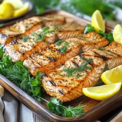 - Salmon fillets - 1/4 cup olive oil - 3 tablespoons fresh lemon juice - 2 cloves garlic, minced - 1 tablespoon fresh dill, chopped - 1 tablespoon fresh parsley, chopped - 1 teaspoon dried oregano - Salt and pepper to taste - Lemon wedges, for serving For the perfect Lemon Herb Grilled Salmon, measure your olive oil and lemon juice accurately. Use a liquid measuring cup for the olive oil. Pour it in slowly and keep an eye on the line. For the lemon juice, a citrus juicer helps get every drop. Fresh herbs make a big difference in taste. They add bright, bold flavors. Dried herbs can work, but fresh is best. If you use dried herbs, remember to use less. Dried herbs are stronger. A good rule is to use one-third the amount of dried herbs as fresh herbs. This careful measuring ensures your salmon turns out just right. For the full recipe, check the link. First, gather your ingredients for the marinade. You need olive oil, lemon juice, minced garlic, and fresh herbs like dill and parsley. I use a small bowl for mixing. Start whisking the olive oil and lemon juice together. This step is key. It blends the flavors well. After mixing, add the garlic, dill, parsley, oregano, salt, and pepper. Whisk again until everything combines. Marinating is really important. Let the salmon soak in the marinade for at least 30 minutes. If you have time, go for 2 hours. This makes the salmon taste even better. Before grilling, preheat your grill to medium-high heat. This helps cook the salmon evenly. You want a nice hot grill. While it heats, oil the grill grates. Use a paper towel soaked in oil. This keeps the salmon from sticking. Make sure to do this right before you add the salmon. A well-oiled grill helps create nice grill marks. When your grill is ready, take the salmon out of the marinade. Let the excess marinade drip off. Place the salmon fillets on the grill skin-side down. Grill them for about 5-6 minutes. Resist the urge to move them. After that, flip the salmon carefully with a spatula. Grill for another 4-5 minutes. You want to look for signs of doneness. The fish should flake easily with a fork. It should not look raw in the center. Once done, remove the salmon from the grill. Let it rest for a couple of minutes. This helps keep it juicy. For the full recipe, check the [Full Recipe]. To get great grilled salmon, you must check the internal temperature. Salmon cooks well at 145°F. Use a meat thermometer for accuracy. Insert it into the thickest part of the fillet. This simple step ensures your salmon is safe to eat and perfectly cooked. Avoid common grilling mistakes. First, don’t flip the salmon too soon. Let it grill for 5-6 minutes before turning. This helps it form a nice crust. Second, don’t overcrowd the grill. This can lower the temperature, causing uneven cooking. Give each fillet enough room to breathe. You can add more flavor to your salmon with extra spices or sauces. Try a dash of smoked paprika for a smoky twist. Or, drizzle honey for a sweet glaze. Both options will elevate the dish. Pair your grilled salmon with side dishes that complement its fresh taste. A light salad with mixed greens works well. You can also serve it with grilled veggies for a colorful plate. Another option is quinoa or rice for a hearty touch. These sides will make your meal more satisfying and delicious. For the full recipe, check out the complete instructions. Enjoy your cooking! {{image_2}} You can switch up the fish for this recipe. If you love trout or halibut, they work well. Each fish brings a different taste, but the same lemony flavor shines through. You can also try using tilapia or swordfish for a unique twist. If you can't find fresh herbs, dried herbs are a great choice. Just use about one-third the amount. For example, if the recipe calls for one tablespoon of fresh dill, use one teaspoon of dried dill. This small change keeps your dish flavorful. You can bake the salmon in the oven if grilling isn't an option. Preheat the oven to 400°F (200°C). Place the salmon on a lined baking sheet, and bake it for about 12-15 minutes. This method keeps the fish moist and tender, too. Pan-searing is another fun way to cook salmon. Heat some oil in a pan over medium-high heat. Place the salmon skin-side down and cook for about 6 minutes. Then, flip it and cook for another 4-5 minutes. This method gives the fish a crispy skin and a lovely texture. For the full recipe, check out the Lemon Herb Grilled Salmon recipe. To keep your grilled salmon fresh, store it in the fridge. First, let it cool down to room temperature. Then, wrap the salmon tightly in plastic wrap or place it in an airtight container. This keeps moisture in and prevents it from drying out. Ideally, eat the leftovers within two days for the best taste. If you have more salmon than you can eat, freezing is a great option. Place the salmon in a freezer-safe bag. Remove as much air as you can before sealing. Label the bag with the date. You can freeze it for up to three months. When ready to eat, simply thaw it in the fridge overnight. When it’s time to reheat your salmon, you want it to stay juicy. The best method is to use an oven. Preheat your oven to 275°F (135°C). Place the salmon on a baking sheet and cover it with foil. Heat it for about 15 minutes, or until warmed through. This gentle heat helps to keep the fish moist. You can also use a microwave, but be careful. Place the salmon on a microwave-safe plate. Cover it with a damp paper towel to trap steam. Heat it in short bursts of 30 seconds. Check between bursts to avoid overcooking. If you follow these tips, your Lemon Herb Grilled Salmon will taste just as good as the first time. You can enjoy Lemon Herb Grilled Salmon with many side dishes. Here are some ideas: - Grilled veggies: Try zucchini, bell peppers, or asparagus. - Rice: White rice or brown rice works well. - Quinoa: This adds a nutty flavor and is healthy. - Potatoes: Roasted or mashed potatoes are great choices. For salads, consider these options: - Cucumber salad: Refreshing and light. - Mixed greens: Toss with lemon vinaigrette for freshness. - Coleslaw: A crunchy side that adds texture. Adding a sauce can enhance the dish. A light yogurt sauce or a tangy chimichurri pairs well. Yes, you can prepare Lemon Herb Grilled Salmon ahead of time. Here’s how: - Marinating tips: Marinate the salmon for at least 30 minutes. For deeper flavor, marinate up to 2 hours. - Best practices for storing: Keep the marinated salmon in the fridge. Use a covered dish or a resealable bag. To check if your salmon is cooked, look for these signs: - Visual cues: The salmon should change from a bright pink to a lighter shade. - Textural cues: It should flake easily with a fork. The safe internal temperature for salmon is 145°F (62.8°C). Use a food thermometer for accuracy. You can find the full recipe for Lemon Herb Grilled Salmon [here](#). Grilling salmon with lemon and herbs brings a delicious result. We covered the key ingredients and how to prepare the marinade. You learned how to grill salmon perfectly by following the right techniques. Remember to check the internal temperature to avoid mistakes. For a tasty twist, try different fish or herbs. Store leftovers properly for future meals. You now have the tips to enjoy great grilled salmon anytime. Enjoy experimenting with this recipe!