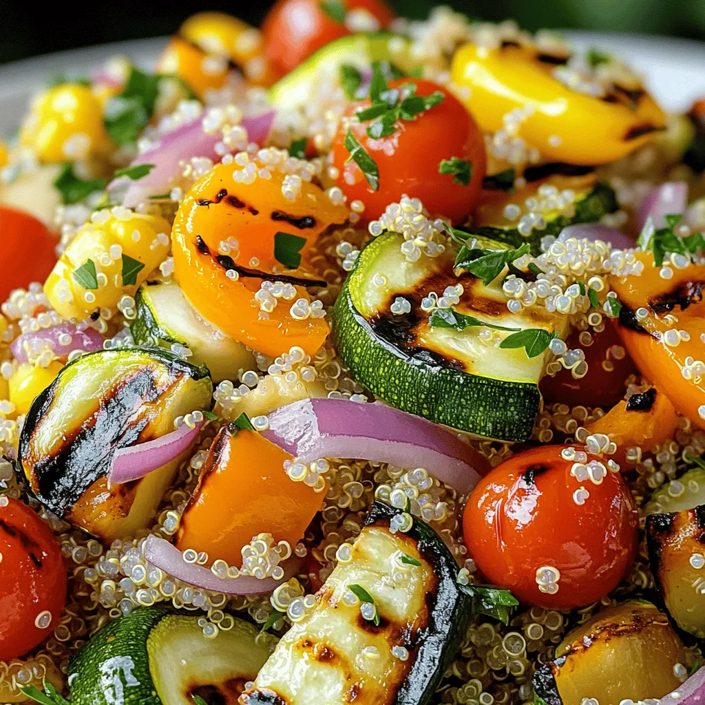 - <strong>Quinoa and Liquid Components</strong> – 1 cup quinoa, rinsed – 2 cups vegetable broth or water” /></p>
</p>
<h2>Variations</h2>
</p>
<h3>Ingredient Substitutions</h3>
</p>
<p>You can change up the grains in this salad. Try using farro, barley, or even brown rice. Each grain has a unique texture and flavor. You can also swap quinoa for legumes like chickpeas or black beans. These add protein and fiber, making your salad even heartier.</p>
</p>
<p>Seasonal vegetables bring life to this dish. In summer, use fresh zucchini, bell peppers, or eggplant. In fall, think about adding roasted squash or Brussels sprouts. Each season offers a chance to mix things up.</p>
</p>
<h3>Dressing Variations</h3>
</p>
<p>Homemade dressings can elevate your salad. A simple lemon vinaigrette works well. Mix olive oil, lemon juice, and a pinch of salt. You can also add honey for sweetness or Dijon mustard for a kick.</p>
</p>
<p>If you want quick options, many store-bought dressings fit perfectly. Look for balsamic vinaigrette or a light Italian dressing. These can save time while still tasting great.</p>
</p>
<h3>Serving Suggestions</h3>
</p>
<p>This salad pairs well with proteins. Grilled chicken, shrimp, or tofu are excellent choices. They add flavor and make the meal more filling.</p>
</p>
<p>For a creative touch, serve the salad in a mason jar. Layer the quinoa and veggies for a colorful display. You can also use lettuce wraps for a fun twist. These ideas make your meal even more appealing.</p>
</p>
<h2>Storage Info</h2>
</p>
<h3>Storing Leftovers</h3>
<p>To keep your grilled vegetable and quinoa salad fresh, store it in an airtight container. Place it in the fridge. This keeps it tasty for up to three days. If you have more salad than you can eat, you can freeze it. Portion it into freezer bags. Label the bags with the date. It should last for up to three months. When you are ready to eat, thaw it in the fridge overnight.</p>
</p>
<h3>Reheating Instructions</h3>
<p>Reheating quinoa salad is easy. You can use the microwave or stovetop. If using the microwave, place the salad in a bowl and cover it with a damp paper towel. Heat it for one to two minutes. Stir halfway through to ensure even heating. If using the stovetop, add a splash of water to a pan. Heat over low until warm. This helps keep the texture and flavor intact. Enjoy your salad warm or at room temperature!</p>
</p>
<h2>FAQs</h2>
</p>
<h3>How do I make quinoa taste better?</h3>
<p>To enhance quinoa’s flavor, cook it in vegetable broth instead of water. Add herbs, spices, or a splash of lemon juice. Toasting the quinoa in a dry pan for a few minutes also boosts its nutty flavor.</p>
</p>
<h3>Can I prepare this salad ahead of time?</h3>
<p>Yes, you can prepare this salad in advance. Cook the quinoa and grill the vegetables ahead of time. Store them separately in the fridge. Combine everything just before serving for the best taste.</p>
</p>
<h3>What other vegetables can I use for grilling?</h3>
<p>You can use many vegetables for grilling. Try eggplant, asparagus, mushrooms, or carrots. Each adds unique flavors and textures. Mix and match your favorites for a fun twist.</p>
</p>
<h3>Is this salad gluten-free?</h3>
<p>Yes, this salad is gluten-free. Quinoa is a gluten-free grain. It’s safe for people with gluten sensitivities to enjoy this dish.</p>
</p>
<h3>How do I keep grilled vegetables from becoming soggy?</h3>
<p>To prevent soggy vegetables, avoid overcooking them. Grill on medium-high heat and turn them only when needed. Make sure your grill is preheated and use oil to keep them from sticking.</p>
</p>
<p>We explored how to make a tasty quinoa salad with grilled veggies. You learned about the right grains, liquids, and vegetables to use. We discussed easy cooking tips and tricks to elevate your dish. Experiment with different dressings and ingredient swaps to keep it fresh. Remember to store any leftovers properly and reheat them well. Enjoy your colorful, healthy salad that’s perfect for any meal. Simple steps lead to great flavors. Dive in and create your own version today!</p>
<div id=