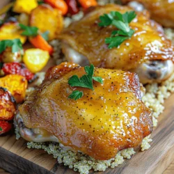 To make this recipe, gather these items: - 4 bone-in, skin-on chicken thighs - 1/4 cup honey - 1/4 cup Dijon mustard - 2 tablespoons soy sauce (or tamari for gluten-free) - 1 tablespoon apple cider vinegar - 2 cloves garlic, minced - 1 teaspoon fresh thyme leaves (or 1/2 teaspoon dried) - 1 teaspoon paprika - Salt and pepper to taste - 1 tablespoon olive oil - Fresh parsley, chopped (for garnish) If you need to swap ingredients, here are some ideas: - Use maple syrup instead of honey for a different sweetness. - Switch Dijon mustard with yellow mustard for a milder taste. - If you don't have apple cider vinegar, try white wine vinegar or lemon juice. - Fresh thyme can be replaced with rosemary or oregano. - Use chicken breasts if you prefer less fat. To enhance the flavor of your chicken thighs, consider these seasonings: - Add a pinch of cayenne pepper for heat. - Try using smoked paprika for a smoky flavor. - Include some fresh lemon zest for brightness. - Garlic powder can boost the garlic flavor if you love it. This recipe is flexible, so feel free to mix and match based on what you have at home. For a full, detailed recipe, check out the Full Recipe to enjoy these savory honey mustard chicken thighs. To start, gather your chicken thighs. I prefer bone-in, skin-on thighs for the best flavor. Rinse them under cold water and pat them dry with paper towels. Drying helps the skin crisp up nicely. You want to make sure there’s no excess water. This step is key for great texture later. Next, we prepare the marinade. In a bowl, combine honey, Dijon mustard, soy sauce, apple cider vinegar, minced garlic, thyme, paprika, salt, and pepper. Whisk them until they blend well. This mixture is both sweet and tangy, giving the chicken great depth. Place the chicken in a large zip-top bag or a shallow dish. Pour the marinade over the chicken, ensuring every piece gets coated. Seal the bag or cover the dish. Let it sit in the fridge for at least 30 minutes. If you have time, marinate it for up to 2 hours. This extra time allows the flavors to infuse deeply. After marinating, it’s time to cook. Preheat your oven to 400°F (200°C). In an oven-safe skillet, heat olive oil over medium-high heat. Take the chicken out of the marinade, letting the extra drip off. Place the thighs skin-side down in the skillet. Sear them for about 5-7 minutes until the skin is golden brown and crispy. This step adds flavor and texture. Once done, flip the thighs over. Pour the leftover marinade over the chicken and place the skillet in the oven. Bake for 25-30 minutes or until the internal temperature reaches 165°F (74°C). The chicken should be juicy, and the skin should remain crispy. Once finished, let the chicken rest for about 5 minutes before serving. Garnish with fresh parsley. For the full recipe, check out the details above. To get that perfect crispy skin, you need to start with dry chicken. Pat the thighs dry with paper towels. This helps the skin crisp up nicely. When cooking, always sear the chicken skin-side down first. Use a hot skillet with olive oil. Let it cook for about 5-7 minutes without moving it. This will create a beautiful golden crust. You can also use a high oven temperature for roasting. This keeps the skin crispy while cooking through. Marinating adds flavor and moisture to your chicken. Use a mix of honey, Dijon mustard, and soy sauce to create a balanced taste. Make sure to marinate for at least 30 minutes. For more flavor, let it sit for up to 2 hours. You can use a zip-top bag for easy marinating. Just seal it tight and give it a good shake. Make sure every piece of chicken gets coated in the marinade. To ensure your chicken cooks evenly, use a meat thermometer. The internal temperature should reach 165°F (74°C). This guarantees it's safe to eat. When baking, let the chicken rest for about 5 minutes before serving. This helps the juices settle back into the meat. If you follow these tips, your chicken thighs will turn out juicy and flavorful every time. For a detailed recipe, check out the Full Recipe. {{image_2}} You can add fresh herbs to boost the flavor. Try rosemary, sage, or oregano. Simply chop the herbs and mix them into the marinade. The herbs add a nice touch and make the chicken extra tasty. I love using fresh thyme, as it pairs well with honey mustard. You can also use dried herbs if that’s what you have on hand. For a kick, add some heat to your honey mustard chicken. You can stir in red pepper flakes or cayenne pepper. Just a pinch will do! This adds a warm spice that balances the sweetness of honey. If you want more heat, add a dash of hot sauce to the marinade. This variation is perfect for those who enjoy bold flavors! You don’t have to stick with thighs. You can use drumsticks or chicken breasts instead. Drumsticks will have a great flavor, and they stay juicy. If you prefer chicken breasts, just make sure not to overcook them. They can dry out quickly. No matter the cut, the honey mustard marinade works well, so feel free to mix it up! For a complete recipe, check out the [Full Recipe]. To keep your honey mustard chicken thighs fresh, let them cool first. Place the chicken in an airtight container. You can store it in the fridge for up to three days. If you want to keep it longer, consider freezing. When it's time to enjoy your leftovers, reheat them properly. You can use the oven or the microwave. For the oven, set it to 350°F (175°C). Place the chicken in a dish and cover it with foil. Heat for about 15-20 minutes. In the microwave, place the chicken on a plate, cover it, and heat for 2-3 minutes. Check that it’s hot all the way through. Freezing is a great way to save your honey mustard chicken thighs. Wrap each thigh in plastic wrap, then place them in a freezer bag. Make sure to squeeze out as much air as possible. You can freeze them for up to three months. To thaw, place the chicken in the fridge overnight. This keeps the flavor and texture intact. For the full recipe, check out the earlier section. Enjoy your cooking! Yes, you can use boneless chicken thighs. They cook faster than bone-in thighs. Adjust the cooking time to about 20-25 minutes. Make sure to check the internal temperature reaches 165°F (74°C). This will ensure the chicken is fully cooked and safe to eat. I love serving these chicken thighs with roasted vegetables. You can use carrots, broccoli, or Brussels sprouts. A side of fluffy rice or quinoa pairs well. You can also serve a fresh salad with a light vinaigrette. These sides balance the sweet and tangy flavors of the chicken. You can store leftovers in the fridge for up to 3 days. Keep the chicken in an airtight container. Make sure it cools to room temperature before sealing. This way, the chicken stays moist and tasty for your next meal. You can also reheat it in the oven or microwave. Remember to check the temperature before eating. For the full recipe, check out the details above! In this post, we covered how to make honey mustard chicken thighs. We listed the ingredients, shared substitution tips, and suggested seasonings. You learned how to prepare, marinate, and cook the chicken perfectly. We shared tricks for crispy skin and storage tips for leftovers. Now you can enjoy delicious variations, like adding herbs or spice. Use these steps to impress at your next meal. Follow this guide for tasty results every time. Enjoy cooking!