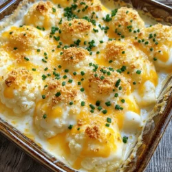 - Cauliflower florets - Cheddar cheese (shredded) - Parmesan cheese (grated) - Cream cheese - Sour cream - Garlic (minced) - Onion powder - Smoked paprika - Salt and pepper The star of this dish is the cauliflower. It gives a light and fluffy texture. The cheese adds the creamy and cheesy taste. Both cheddar and Parmesan cheese work great together. Cream cheese and sour cream make the dish rich and smooth. The seasonings are key. Garlic adds a punch of flavor. Onion powder gives depth, while smoked paprika adds a hint of smokiness. Salt and pepper balance everything out. - Breadcrumbs for topping - Fresh chives for garnish - Other cheese varieties or vegetables You can add breadcrumbs for a crunchy topping. This gives a nice texture contrast. Fresh chives make the dish look bright and fresh. You can also swap in other cheese types. Mozzarella or gouda can bring a new twist. Adding veggies, like spinach or broccoli, can boost nutrition. For the full recipe, check the section above. - First, preheat your oven to 375°F (190°C). This heat will help the dish cook evenly. - While the oven heats, cut your large head of cauliflower into florets. You want them to be bite-sized. - Bring a large pot of salted water to a boil. Add the cauliflower florets and cook for about 5-7 minutes. This step makes the cauliflower tender but not mushy. Drain the florets and set them aside. - In a mixing bowl, combine the cream cheese, sour cream, 3/4 cup of the shredded cheddar cheese, and grated Parmesan cheese. Add minced garlic, onion powder, smoked paprika, and salt and pepper. Mix until smooth and creamy. - Gently fold the drained cauliflower into the cheese mixture. Make sure the cauliflower is well-coated. This ensures every bite is cheesy. - Next, transfer the cheesy cauliflower mixture into a greased baking dish. Spread it evenly so it cooks nicely. - If you like a crunchy topping, sprinkle breadcrumbs over the top. If not, add the remaining shredded cheddar cheese for extra gooeyness. - Now, place the dish in the preheated oven. Bake for 20-25 minutes, or until the cheese is bubbly and slightly golden. You want to see that nice golden brown on top. - Once done, take the dish out of the oven and let it cool for a few minutes. This helps the cheese set. - Before serving, garnish with fresh chives for a pop of color and flavor. They add a nice touch to the dish. For the complete recipe, you can refer to the [Full Recipe]. To cook cauliflower perfectly, start with fresh florets. Cut them into even pieces for uniform cooking. Boil salted water in a large pot. Add the florets and cook for 5-7 minutes. You want them tender but still firm. Drain them well to avoid a watery bake. For a smooth texture, mix the cheeses in a bowl first. Use a fork or spatula to blend them well. This ensures the blend is creamy and easy to coat the cauliflower. When you add the cooked florets, fold gently to keep their shape. There are many ways to serve cheesy cauliflower bake. It pairs great with grilled chicken or fish. You can also enjoy it as a side with steak or pork. For a fun presentation, try using individual ramekins. This makes each serving feel special. You can also serve it in the baking dish. Just sprinkle fresh chives on top for a pop of color. If you want a lower-calorie dish, consider using reduced-fat cream cheese. You can also swap sour cream for Greek yogurt. This keeps the creaminess while cutting calories. For dietary restrictions, use dairy-free cheese alternatives. There are many available now that melt well. You can also add other veggies, like spinach or mushrooms, to boost nutrition. {{image_2}} You can spice up your cheesy cauliflower bake by adding jalapeños. Just chop them finely and mix them in. This gives a nice kick to the dish. If you prefer fresh tastes, try adding herbs like thyme or rosemary. They add a bright flavor that pairs well with the cheese. Feel free to swap cheeses based on what you have. Mozzarella gives a stretchy texture, while gouda adds a smoky flavor. You can also pump up the nutrition by adding vegetables. Broccoli and spinach mix well and bring more color to the bake. If you want to make this dish faster, try the Instant Pot. Just cook the cauliflower on high for 3-5 minutes. You can also use the stovetop with a large pot. For outdoor cooking, grilling adds a unique flavor. Just wrap the mixture in foil and grill it for about 20-25 minutes. This method gives a nice char and smoky taste. To keep your cheesy cauliflower bake fresh, put it in an airtight container. This helps keep moisture in and air out. Make sure to cool the dish first. If you want to freeze it, let it cool completely. Then, wrap it tightly in plastic wrap. Place it in a freezer-safe bag or container. This way, the bake can last for a long time. When you are ready to eat the leftovers, you can reheat them in several ways. The best method is to use an oven. Preheat the oven to 350°F (175°C). Then, place the cheesy bake in an oven-safe dish. Cover it with foil to keep it moist and heat for about 20 minutes. You can also use a microwave. Just put it in a microwave-safe dish, cover it, and heat in short bursts. This keeps the texture nice. To maintain flavor, add a pinch of salt or fresh herbs when reheating. In the fridge, your cheesy cauliflower bake stays good for about 3 to 5 days. If you freeze it, it can last for 2 to 3 months. However, always watch for signs of spoilage. If you see mold or it smells strange, it's best to throw it away. Checking your leftovers often can help you enjoy them at their best! The best way to cook cauliflower is by boiling it. Start by bringing a pot of salted water to a boil. Add the cauliflower florets and cook for 5-7 minutes. You want the cauliflower to be tender but still firm. Drain it well before mixing it with the cheese. This method keeps the cauliflower bright and flavorful. Yes, you can make cheesy cauliflower bake ahead of time. Prepare the dish up to the baking step. Cover it tightly with plastic wrap or foil and store it in the fridge. When ready to bake, remove the cover and bake it directly from the fridge. This dish can save time on busy days. To make this dish gluten-free, skip the breadcrumbs on top. You can still achieve a crunchy texture by using gluten-free breadcrumbs or simply leave it off. The cheesy cauliflower will still be rich and tasty without them. It’s perfect for anyone who needs to avoid gluten. Yes, you can use frozen cauliflower instead of fresh. Just make sure to thaw it and drain any excess water. You may need to adjust the cooking time slightly since frozen cauliflower is often pre-cooked. This substitution can save time and still taste great. Cheesy cauliflower bake goes well with many side dishes. Here are some ideas: - Grilled chicken or fish for protein. - A fresh garden salad for crunch. - Roasted vegetables for added flavor. - Quinoa or rice for a hearty meal. These options complement the rich flavors of the bake and create a balanced plate. Cheesy cauliflower bake is a simple, tasty dish. We covered the key ingredients, like cauliflower and cheeses. I shared clear steps for preparation, cooking, and baking. You also learned helpful tips for serving and storing leftovers. Consider trying different flavors and methods for a fun twist. With these ideas, you can easily customize this dish to fit your taste. Enjoy cooking and let your creativity shine in the kitchen!