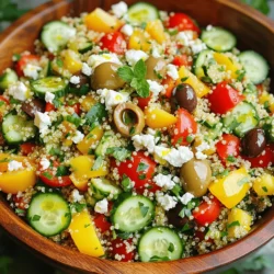 To make a Mediterranean quinoa salad, gather these fresh ingredients: - 1 cup quinoa, rinsed - 2 cups vegetable broth or water - 1 cup cherry tomatoes, halved - 1 cucumber, diced - 1 bell pepper (red or yellow), diced - 1/2 red onion, finely chopped - 1 cup canned chickpeas, drained and rinsed - 1/2 cup Kalamata olives, pitted and sliced - 1/2 cup feta cheese, crumbled (optional) - 1/4 cup fresh parsley, chopped - 1/4 cup fresh mint, chopped - 1/4 cup olive oil - 2 tablespoons lemon juice - Salt and pepper to taste You can customize your salad with these add-ins: - Grilled chicken or shrimp for protein - Avocado for creaminess - Roasted red peppers for a smoky flavor - Spinach or arugula for extra greens - Quinoa can be swapped with farro or bulgur These options keep your meal exciting and flavorful. You can mix and match based on what you have on hand. Each ingredient packs a punch of nutrients: - Quinoa is a complete protein and full of fiber. - Chickpeas add protein and help with digestion. - Olives provide healthy fats and antioxidants. - Fresh herbs like parsley and mint boost flavor and nutrition. This salad is not only tasty but also supports a balanced diet. It's a great choice for lunch or dinner. Enjoy making your Mediterranean quinoa salad! For the full recipe, check out the details above. First, rinse 1 cup of quinoa under cold water. This removes any bitter taste. In a medium saucepan, combine the rinsed quinoa and 2 cups of vegetable broth or water. Heat this mixture over medium-high heat until it boils. Once boiling, lower the heat. Cover the saucepan and let it simmer for about 15 minutes. The quinoa will absorb all the liquid and become fluffy. After cooking, turn off the heat. Let it sit covered for 5 more minutes. Then, fluff the quinoa with a fork and let it cool to room temperature. While the quinoa cools, wash and chop your vegetables. Take 1 cup of cherry tomatoes and cut them in half. Dice 1 cucumber and 1 bell pepper (you can use red or yellow). Finely chop 1/2 of a red onion. Drain and rinse 1 cup of canned chickpeas. Slice 1/2 cup of Kalamata olives. If you like, crumble 1/2 cup of feta cheese. Gather 1/4 cup of fresh parsley and 1/4 cup of fresh mint, then chop them. This mix of veggies will add flavor and color to your salad. In a large bowl, add the halved cherry tomatoes, diced cucumber, diced bell pepper, chopped red onion, chickpeas, sliced olives, and crumbled feta cheese if you’re using it. Gently mix these ingredients together. Once the quinoa has cooled, add it to the bowl. In a small bowl, whisk together 1/4 cup of olive oil, 2 tablespoons of lemon juice, salt, and pepper to taste. Drizzle this dressing over the salad and toss everything gently until well coated. Finally, fold in the chopped parsley and mint for extra flavor. Taste your salad and adjust the seasoning as needed. Serve right away or chill it for 30 minutes to let the flavors blend. For the full recipe, refer to the earlier section. To make fluffy quinoa, start with rinsing it under cold water. This removes the bitter coating. Use a 2:1 ratio of liquid to quinoa. You can use vegetable broth for extra flavor. Bring the liquid to a boil, then lower the heat. Cover the pot and let it simmer for about 15 minutes. After this, turn off the heat and let it sit for 5 minutes. Fluff it gently with a fork. This keeps your quinoa light and airy. Seasoning is key for great flavor. Start with salt in the cooking water. This helps the quinoa absorb flavor while cooking. After mixing the salad, taste it. Adjust the seasoning with more salt, pepper, or lemon juice as needed. Fresh herbs like parsley and mint add brightness. They also bring a fresh taste that enhances the dish. Remember, seasoning is about balance. Keep tasting until it feels just right. This salad shines when served fresh. You can serve it in a large bowl or individual jars. For a beautiful presentation, garnish with extra parsley and feta. If you want to make it a full meal, add protein. Grilled chicken or shrimp work well. This salad also makes a great side dish for any meal. You can enjoy it cold or at room temperature. For an easy lunch, pack it in a container. Check the [Full Recipe] for detailed instructions. {{image_2}} You can make your Mediterranean quinoa salad even heartier by adding protein. Grilled chicken works great. Simply grill it and slice it before mixing it in. Shrimp is another tasty choice. Cook it in a pan with some olive oil and lemon juice for flavor. Both options add texture and make the dish more filling. They also pair well with the fresh veggies and flavors already in the salad. If you want to keep the salad vegetarian or vegan, there are easy swaps. Leave out the feta cheese for a vegan option. You can also add roasted nuts like almonds or walnuts for crunch. Sunflower seeds can add a nice touch too. They boost the protein and add healthy fats. This way, everyone can enjoy the salad without missing out on flavor. Seasonal vegetables can change the flavor profile of your salad. In spring, add asparagus or peas. In summer, try fresh corn or zucchini. Fall is great for roasted butternut squash or sweet potatoes. For winter, use hearty greens like kale or Brussels sprouts. These swaps keep the salad fresh and exciting through the year. You can find new tastes and colors each season, making your salad unique every time you make it. Feel free to explore the Full Recipe for more ideas and tips! To store leftovers, place the salad in an airtight container. This helps keep it fresh. Always cool the salad to room temperature first. Avoid letting it sit out for too long. You can store it in the fridge for up to five days. When preparing the salad in advance, keep dressing separate. This keeps the salad crisp. You can mix the quinoa and veggies together. Just add the dressing right before serving. This way, it stays fresh and tasty. The salad tastes best when enjoyed fresh. If stored properly, it lasts for up to five days. After that, the flavors may fade. Be sure to check for any signs of spoilage. This helps ensure you enjoy every bite. For the best taste, eat it within three days. You can find the Full Recipe for easy reference. You can boost the flavor of your salad in a few ways. First, add more herbs like dill or oregano. Fresh herbs bring a bright taste. Next, try using roasted vegetables. Roasting brings out their natural sweetness. You might also use garlic or red pepper flakes for extra zing. A splash of balsamic vinegar can add a sweet and tangy depth. Lastly, adjust the salt and lemon juice to your liking. The right balance can make all the difference. Yes, you can make this salad ahead of time! It actually tastes better after sitting for a bit. Prepare the salad and store it in the fridge for up to three days. Just keep the dressing separate until you’re ready to serve. This step keeps the salad crisp and fresh. When it’s time to eat, pour the dressing on, mix, and enjoy! Quinoa is a great source of protein and fiber. It has all nine essential amino acids, making it a complete protein. This is especially good for vegetarians and vegans. Chickpeas are also packed with protein and fiber. They help keep you full and support digestion. Together, quinoa and chickpeas make a healthy combo. They can help with weight management and provide steady energy. Eating them is a tasty way to boost your health! In this article, we explored how to create a tasty Mediterranean quinoa salad. We covered ingredients, cooking steps, tips for perfect flavor, and variations for every diet. You now have tools to make a nutritious meal that fits your needs. Remember to store leftovers properly and enjoy multiple servings throughout the week. Keep experimenting with flavors and ingredients. You'll find the combination that excites your palate the most. Enjoy your healthy cooking journey!