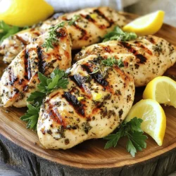 To make this tasty dish, you will need: - 4 boneless, skinless chicken breasts - 1/4 cup olive oil - 2 lemons (juice and zest) - 4 cloves garlic, minced - 1 tablespoon dried oregano - 1 tablespoon fresh thyme leaves (or 1 teaspoon dried) - 1 tablespoon fresh rosemary, finely chopped (or 1 teaspoon dried) - Salt and pepper to taste - Fresh parsley for garnish (optional) If you don’t have certain items, you can swap them out. Use chicken thighs if you prefer. You can also use any cooking oil instead of olive oil. If fresh herbs are not available, just use dried herbs. Keep in mind, dried herbs are more potent, so use less. For lemon, you can use lime juice for a different taste. Using fresh herbs makes a big difference. They add bright flavor and aroma to the chicken. Fresh herbs can make your dish feel special. Dried herbs are useful, too. They last longer and are easy to store. Just remember to adjust the amount since dried herbs are stronger. Fresh herbs give your meal a vibrant touch, while dried herbs add depth. To start, grab a large mixing bowl. Add 1/4 cup of olive oil. Squeeze in the juice from 2 lemons. Don’t forget to zest those lemons too! Next, chop 4 cloves of garlic and add them in. Sprinkle in 1 tablespoon of dried oregano, 1 tablespoon of fresh thyme leaves, and 1 tablespoon of fresh rosemary. You can also use dried herbs if needed. Season with salt and pepper to taste. Whisk everything together until it blends well. This marinade is where the magic begins! Now, take your 4 boneless, skinless chicken breasts. Place them in a resealable plastic bag or a dish. Pour the marinade over the chicken, making sure they get a nice coat. Seal the bag or cover the dish tightly. Refrigerate the chicken for at least 1 hour. For the best flavor, let it marinate overnight. The longer the chicken soaks, the more flavor it absorbs. Before you grill, preheat the grill to medium-high heat, around 375°F (190°C). Lightly oil the grill grates to stop the chicken from sticking. Take the chicken out of the marinade and shake off any extra. Discard the leftover marinade. Place the chicken breasts on the grill. Cook them for about 6-7 minutes on each side. Use a meat thermometer to check if they reach 165°F (75°C). This ensures they are safe to eat. Avoid flipping them too much; let them sear to get those nice grill marks. Once cooked, take the chicken off the grill and let it rest for about 5 minutes. This keeps the juices inside, making it tender and juicy. You can garnish the chicken with fresh parsley if you like. Slice and serve it on a large platter with lemon wedges and some fresh herbs for color. Pair it with grilled veggies or a garden salad for a lovely meal. For the full recipe, check out the detailed instructions! To get those beautiful grill marks, start with a hot grill. Preheat it to medium-high heat. Place the chicken on the grill and do not move it for the first few minutes. This helps the chicken sear and creates those nice lines. After about 6-7 minutes, use tongs to flip the chicken. You will see lovely grill marks on each side. The best cooking temperature for juicy chicken is 165°F (75°C). To check this, use a meat thermometer. Insert it into the thickest part of the chicken. If it reads 165°F, your chicken is safe to eat. This ensures the chicken is cooked but not dry. Trust me, juicy chicken is always better! To stop the chicken from sticking, oil the grill grates before cooking. Use a paper towel dipped in oil and rub it on the grates. You can also lightly coat the chicken with olive oil before placing it on the grill. This extra step helps keep your chicken intact and makes for easier flipping. {{image_2}} You can give this dish a fun Mediterranean twist. Add some feta cheese and olives for a salty kick. You can also toss in sun-dried tomatoes for a sweet touch. These flavors blend well with the lemon and herbs. Try serving it with a side of couscous or a Greek salad for a full meal. If you want to switch things up, use different herbs and spices. Instead of thyme, try basil or dill. For a bolder taste, add smoked paprika or cumin. You can even use a pinch of chili flakes for some heat. This allows you to personalize the chicken to your taste. Pair your herbed lemon grilled chicken with tasty sides. Grilled vegetables like zucchini and bell peppers work great. You could also serve it with quinoa or rice for a filling meal. A fresh garden salad with a light vinaigrette adds a refreshing crunch. These sides enhance the juicy, flavorful chicken and make a complete dish. For more ideas, check out the Full Recipe. After you finish your meal, let the chicken cool down. Place any leftovers in an airtight container. It keeps well in the fridge for up to three days. Make sure it is sealed tightly. This helps keep it fresh and safe to eat. If you want to enjoy it later, consider freezing it. To reheat grilled chicken, use the oven or stovetop. These methods help keep the chicken juicy. Preheat your oven to 350°F (175°C). Place the chicken on a baking sheet, cover it with foil, and heat for about 15-20 minutes. On the stovetop, warm it in a pan over low heat. Add a splash of water or broth for moisture. This keeps it from drying out. Freezing grilled chicken is a great option for meal prep. Wrap each piece in plastic wrap, and then place them in a freezer bag. Be sure to remove as much air as possible. This helps prevent freezer burn. The chicken can stay frozen for up to three months. When you’re ready to eat, thaw it in the fridge overnight. This keeps the texture nice and tasty. For quicker thawing, you can use the microwave, but watch it closely to avoid cooking it. You can find the full recipe for Herbed Lemon Grilled Chicken to enjoy this delicious dish even more! I suggest marinating the chicken for at least one hour. If you have time, marinate it overnight. This gives the chicken more flavor. The longer it sits, the better it tastes. Just don’t forget to keep it in the fridge. Absolutely! Chicken thighs work great for this recipe. They stay juicy and tender while cooking. Thighs also have a richer flavor. Just adjust the cooking time, as thighs may take longer to cook than breasts. The best way is to use a meat thermometer. Insert it into the thickest part of the chicken. It should read 165°F (75°C) to be safe to eat. If you don’t have a thermometer, cut into the chicken. The juices should run clear, not pink. To add heat, mix in red pepper flakes or cayenne pepper in the marinade. Start with a small amount and taste as you go. You can also add chopped jalapeños for a fresh kick. If you like it spicy, don’t hold back! Check out the Full Recipe for more ideas. In this blog post, we covered how to make herbed lemon grilled chicken. We explored key ingredients, marinade steps, and grilling techniques. You learned tips for perfect grill marks and recommended cooking temperatures. We also touched on variations and storage tips for your leftovers. Remember, fresh herbs enhance flavor more than dried ones. Experiment with different spices and sides to make the dish your own. Enjoy your grilling!