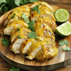 To make Coconut Lime Chicken, gather these key ingredients: - 4 boneless, skinless chicken breasts - 1 can (13.5 oz) coconut milk - 3 tablespoons lime juice (freshly squeezed) - Zest of 1 lime - 2 tablespoons honey - 2 cloves garlic, minced - 1 teaspoon ginger, grated - 1 teaspoon ground coriander - Salt and pepper to taste - 2 tablespoons olive oil - Fresh cilantro leaves for garnish - Lime wedges for serving You can add a few ingredients to boost the taste: - 1 teaspoon red pepper flakes for spice - 1 tablespoon fish sauce for umami - 1 tablespoon soy sauce for a savory touch - Fresh mint leaves for a bright note If you need to swap ingredients, here are some ideas: - Use chicken thighs instead of breasts for juicier meat. - Coconut cream can replace coconut milk for a richer sauce. - Brown sugar can work instead of honey for sweetness. - Fresh lime juice can be swapped with lemon juice for a different zing. These options help you customize the dish to your liking while still keeping it delicious. For the full recipe, check out the complete cooking instructions. First, gather your ingredients. You will need chicken breasts, coconut milk, lime juice, lime zest, honey, garlic, ginger, and spices. In a bowl, mix the coconut milk, lime juice, lime zest, honey, minced garlic, grated ginger, ground coriander, salt, and pepper. Whisk it well to combine everything. Next, place the chicken in a large zip-top bag or shallow dish. Pour the marinade over the chicken. Seal the bag or cover the dish to keep it fresh. Now, marinate the chicken in the fridge for at least one hour or overnight for more flavor. You can cook the chicken in two ways: grilling or using a skillet. If you choose to grill, preheat your grill to medium-high heat. For the skillet method, heat olive oil in a large skillet over medium-high heat. Remove the chicken from the marinade, but keep the marinade to make a sauce later. If grilling, cook the chicken for about 6-7 minutes per side. You want it fully cooked and reach an internal temperature of 165°F (75°C). If using a skillet, cook until golden brown and cooked through. After cooking, let the chicken rest for a few minutes. This helps keep it juicy. Now, slice the chicken into pieces. For a tasty finish, take the reserved marinade and bring it to a boil in a small saucepan. Simmer it for about 5 minutes until it thickens. To serve, plate the sliced chicken and drizzle the thickened sauce on top. Garnish with fresh cilantro leaves. Don’t forget lime wedges on the side for squeezing over the chicken. This adds a bright, zesty flavor. For the full recipe, refer to the earlier section. Enjoy your meal! To get the best taste from your Coconut Lime Chicken, marinating is key. Use a zip-top bag to coat the chicken well. This method helps the chicken soak up all the flavors. I recommend marinating for at least one hour. For even more flavor, try marinating overnight. The longer you let it sit, the better it gets! Cooking time can vary based on the thickness of the chicken breasts. If your pieces are thick, they may need more time. For thinner pieces, check for doneness at about 5-6 minutes per side. Always use a meat thermometer. The chicken should reach 165°F (75°C) to be safe. To thicken your sauce, bring the reserved marinade to a boil. Then, reduce the heat to simmer for about five minutes. This will help it become thicker and more flavorful. If you want an even richer sauce, you can add a cornstarch slurry. Just mix cornstarch with a little cold water before adding it to your sauce. This will give it a nice, smooth texture. For the full recipe, check out the Coconut Lime Chicken. Enjoy your cooking! {{image_2}} You can change up your coconut lime chicken by adding mango salsa. This fresh topping gives your dish a fruity twist. To make mango salsa, mix diced mango, red onion, jalapeño, cilantro, and lime juice. The sweet and spicy flavors pair well with the creamy chicken. Just sprinkle the salsa over the chicken right before serving. It makes the dish pop with color and taste. If you love heat, try making spicy coconut lime chicken. Add sliced jalapeños or crushed red pepper flakes to your marinade. This will give the chicken a nice kick. You can also serve it with a spicy dipping sauce. Combine yogurt with lime juice and hot sauce for a creamy side. The spicy flavor balances the sweet and tangy notes in the dish. For a meat-free option, use tofu instead of chicken. Press firm tofu to remove excess water. Then cut it into cubes and marinate just like the chicken. Grill or pan-fry the tofu until golden brown. The coconut and lime flavors will still shine through. Serve it with the same mango salsa for a vibrant, plant-based meal. For the full recipe, check out the details above. After cooking, let the Coconut Lime Chicken cool to room temperature. Place the chicken in an airtight container. This helps keep it fresh. Store it in the fridge for up to 3 days. If you want to keep it longer, freezing is a great option. To freeze, wrap the cooked chicken tightly in plastic wrap. Then, place it in a freezer bag. Make sure to remove as much air as possible. This prevents freezer burn. You can freeze the chicken for up to 3 months. When you're ready to eat it, thaw it in the fridge overnight. When reheating, avoid drying out the chicken. Use the oven or the microwave. If using an oven, preheat it to 350°F (175°C). Place the chicken in a covered dish with a splash of water. Heat for about 15-20 minutes. If using a microwave, cover the chicken and heat in short bursts. Check often to avoid overcooking. Enjoy your flavorful meal! For the full recipe, check the provided details. The best way to marinate chicken is to use a mix of wet and dry ingredients. In this recipe, I use coconut milk, lime juice, and spices. This blend adds flavor and keeps the chicken moist. Place the chicken in a zip-top bag or a shallow dish. Pour the marinade over it, making sure every piece is covered. Seal the bag or cover the dish. Let it sit in the fridge for at least one hour. For richer flavor, marinate overnight. Yes, you can use bone-in chicken for this recipe. Bone-in chicken adds more flavor and moisture. Just make sure to adjust the cooking time. Bone-in pieces will take longer to cook through. Check the internal temperature. It should reach 165°F (75°C) for safety. The cooking time may vary, so monitor it closely. You can know the chicken is done cooking by checking its internal temperature. Use a meat thermometer to check the thickest part. It should read 165°F (75°C). If you do not have a thermometer, cut into the chicken. The juices should run clear, not pink. Another sign is the chicken will feel firm to the touch. Always ensure it is fully cooked to avoid any risk. This article covers key ingredients, step-by-step cooking tips, and helpful storage info. I shared variations like Coconut Lime Chicken and vegetarian tofu options. You now have all the tools to create delicious meals. Remember to marinate for flavor and use proper cooking methods. Enjoy experimenting with variations and storing leftovers. Cooking should be fun and tasty, so get started now and make these dishes your own.