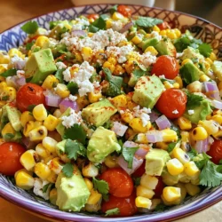 - 4 ears of fresh corn, husked and cleaned - 1 small red onion, finely diced - 1 cup cherry tomatoes, halved - 1 avocado, diced - 1/2 cup fresh cilantro, chopped - 1/2 cup crumbled cotija cheese (or feta) - 2 tablespoons mayonnaise - 2 tablespoons Greek yogurt - 1 tablespoon lime juice - 1 teaspoon chili powder - Salt and pepper to taste You need fresh corn for this dish. It brings a sweet crunch. The red onion adds a nice bite. Cherry tomatoes bring color and a tangy flavor. Avocado gives it creaminess. Cilantro adds freshness, while cotija cheese gives a salty kick. For the dressing, we use mayonnaise and Greek yogurt. This mix gives a creamy texture. Lime juice adds brightness. Chili powder gives that signature smoky heat. Salt and pepper round out the flavors. - Additional lime wedges - Extra cilantro for garnish - Sprinkle of paprika or chili powder Garnishes make your dish pop. Lime wedges add zest. Extra cilantro enhances freshness. A sprinkle of paprika or chili powder adds flair. You can find the full recipe below. Enjoy building your Mexican street corn salad! Grilling the Corn: How to Achieve Perfect Grill Marks Grilling corn is easy. Start by husking and cleaning four ears of fresh corn. Heat your grill to medium-high. Place the corn on the grill for about 8-10 minutes. Turn it every few minutes for even cooking. You want those nice char marks. They add flavor and visual appeal. Once cooked, take it off and let it cool. Cutting Corn Kernels Off the Cob After cooling, it's time to cut the kernels. Hold the cob upright in a large bowl. Use a sharp knife to slice down the sides. The kernels will fall right into the bowl. This method keeps your workspace clean and makes it easy to grab the corn for the salad. Combining Ingredients in a Mixing Bowl Now, let’s bring the salad together. Add the diced red onion, halved cherry tomatoes, diced avocado, and chopped cilantro to the bowl of corn. Mix these ingredients well. The colors will brighten your dish and the flavors will blend beautifully. Creating the Dressing: Balancing Creaminess with Tang For the dressing, mix together two tablespoons of mayonnaise, two tablespoons of Greek yogurt, one tablespoon of lime juice, and one teaspoon of chili powder in a small bowl. Add salt and pepper to taste. Stir until it is smooth and creamy. This dressing offers the perfect balance of tangy and rich flavors. How to Gently Toss the Salad Pour the dressing over the corn and veggies. Use a spatula to gently fold everything together. Be careful not to mash the avocado. You want the salad to look fresh and bright, not mushy. Best Serving Suggestions Serve the salad in a large, colorful bowl. Sprinkle crumbled cotija cheese on top. You can also add extra cilantro and a sprinkle of chili powder for flair. For individual servings, use small cups and add a lime wedge on the side for a pop of color. Enjoy this fresh dish with friends and family. For the full recipe, check the complete instructions above. - Ensuring the Corn is Fresh and Sweet Always pick corn that feels firm. Look for bright green husks. When you peel back the husk, the kernels should be plump and shiny. Fresh corn tastes best and gives your salad that sweet crunch. - Adjusting Seasoning to Taste After mixing your salad, taste it! You might want more lime juice for tang. If you like heat, add more chili powder. Don’t be shy about tweaking the flavors until it sings. - Presentation Ideas for Special Occasions Use a large, colorful bowl to show off the salad. Sprinkle extra cilantro on top for a fresh look. For parties, serve in small cups with a lime wedge. It makes for a fun, easy grab-and-go option. - Best Pairings for a Side Dish This salad goes great with grilled meats or tacos. It balances spicy dishes very well. You can also serve it with chips for a crunchy bite. - Proper Storage Techniques Store leftovers in an airtight container. This keeps the flavors fresh. Place it in the fridge right after serving to keep it safe. - How to Refresh Leftovers Leftovers can lose some crunch. Add a splash of lime juice and a bit more cilantro before serving again. This will bring back some of the freshness and flavor. For the full recipe, check out the Zesty Mexican Street Corn Salad. {{image_2}} You can easily swap some ingredients to fit your taste or needs. - Alternative Cheeses: If you can't find cotija cheese, try feta or parmesan. Both add a nice salty flavor. Feta gives a creamier touch, while parmesan adds a nutty taste. - Dairy-Free Versions: For a dairy-free salad, replace mayonnaise and yogurt. Use avocado or cashew cream. These options keep the salad creamy without dairy. Adding more spices or veggies can make this salad even better. - Adding Spices for Extra Kick: Want some heat? Add cayenne pepper or paprika. These spices boost flavor and add warmth. Start with a small amount and taste as you go. - Incorporating Other Vegetables or Proteins: You can mix in other veggies, like bell peppers or corn salsa. Adding black beans or grilled chicken gives your salad a protein boost. Try these fun twists to change things up. - Gluten-Free Mexican Street Corn Salad: This salad is already gluten-free. Just ensure all your ingredients are certified gluten-free, like sauces and cheeses. - Spicy Version with Jalapeños: For a spicy kick, add diced jalapeños. These peppers bring a fresh burst of heat. Adjust the amount based on your spice tolerance. For the full recipe, check out the details above. To store leftover salad, put it in an airtight container. This keeps the salad fresh. Make sure to cool it before storing. I prefer glass containers, as they do not retain odors. You can also use plastic containers, but ensure they are BPA-free. The salad lasts up to three days in the fridge. Always check for signs of spoilage. If the salad smells off or looks slimy, it’s best to toss it. Freshness is key for both taste and safety. You can freeze Mexican street corn salad, but it changes the texture. To avoid this, freeze ingredients separately. For example, freeze the corn and dressing in different bags. This way, your salad tastes fresh when you thaw it. What is Mexican Street Corn Salad? Mexican Street Corn Salad is a fresh and vibrant dish. It combines grilled corn with rich flavors. You mix in ingredients like cherry tomatoes, avocado, and cotija cheese. This salad has a creamy dressing made from mayonnaise and Greek yogurt. A sprinkle of chili powder adds a nice kick. It’s perfect for parties or as a side dish. Can I make this salad ahead of time? Yes, you can make this salad ahead of time. Prepare it a few hours before serving. Store it in the fridge in an airtight container. This allows the flavors to blend nicely. Just add the dressing before serving for the best taste. How many calories are in Mexican Street Corn Salad? One serving of Mexican Street Corn Salad has about 200-250 calories. This varies based on the ingredients you use. The corn and vegetables add fiber and vitamins. The cheese and dressing add creaminess and flavor. Is this salad healthy? Yes, this salad is healthy. It features fresh veggies and wholesome ingredients. Corn provides fiber and essential nutrients. Avocado adds healthy fats. Using Greek yogurt instead of sour cream keeps it lighter. Gluten-Free Options This salad is naturally gluten-free. All the ingredients, like corn and vegetables, are safe for gluten-free diets. Just ensure any store-bought mayonnaise or yogurt is also gluten-free. Vegetarian and Vegan Adaptations To make this salad vegan, swap out the mayonnaise and Greek yogurt for a plant-based version. You can use cashew cream or a vegan mayo. For the cheese, replace cotija with a vegan alternative or simply skip it. This way, everyone can enjoy the salad! This blog post covered the key ingredients and steps to make a fresh Mexican Street Corn Salad. We explored preparation methods, tips for storing leftovers, and variations to fit your taste. Remember, fresh ingredients are vital for great flavor. Feel free to mix in your favorite spices or toppings to make it your own. Enjoy sharing this delicious, colorful dish with friends and family. It’s a perfect side for any meal. Now, grab your ingredients and get cooking!