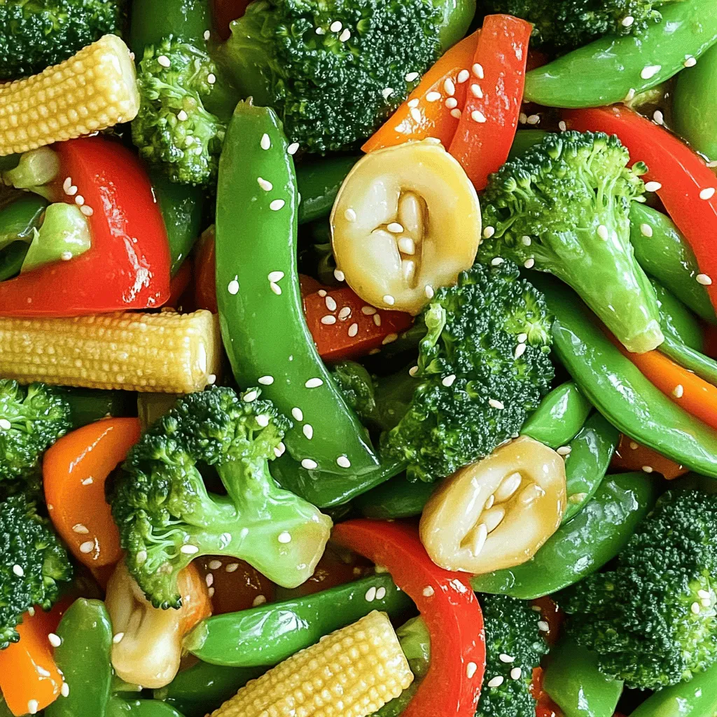 For a tasty veggie stir fry, you need the following vegetables: - 1 cup broccoli florets - 1 red bell pepper, sliced - 1 cup snap peas - 1 carrot, julienned - 1 cup baby corn, halved These veggies bring color and crunch to your dish. You can mix and match based on what you like or have on hand. The sauces and oils add great flavor. Use these: - 3 tablespoons soy sauce - 1 tablespoon sesame oil - 1 tablespoon olive oil Soy sauce gives a salty kick. Sesame oil adds a nutty taste. Olive oil helps cook the veggies evenly. Seasoning is key for a great stir fry. Grab these: - 3 cloves garlic, minced - 1 tablespoon ginger, grated - Salt and pepper to taste - 1 tablespoon sesame seeds (optional) Garlic and ginger add warmth and depth. Salt and pepper enhance the flavors. Sesame seeds add a nice crunch on top. For the full recipe, check the section above. First, wash all your vegetables. Make sure they are clean. Next, chop them to your liking. I like to slice the red bell pepper and julienne the carrot. Cut the broccoli into small florets. Halve the baby corn and leave the snap peas whole. Prepare 3 cloves of garlic by mincing them. Grate 1 tablespoon of ginger. This prep takes about 10 minutes. Now, heat 1 tablespoon of olive oil in a large skillet or wok. Use medium-high heat for the best results. Add the minced garlic and grated ginger. Sauté them for about 30 seconds until they smell great. Toss in your chopped veggies: broccoli, red bell pepper, snap peas, carrot, and baby corn. Stir-fry these for 5 to 7 minutes. You want them tender but still crisp. Next, pour in 3 tablespoons of soy sauce and 1 tablespoon of sesame oil. Mix well to coat all the veggies. Cook for another 2 to 3 minutes. This helps the sauce thicken a bit and blend the flavors. Finally, season with salt and pepper to taste. If you like, sprinkle sesame seeds on top before serving. Enjoy your quick and healthy meal! For the complete recipe, check out the Full Recipe. To get that perfect stir-fry texture, start with a hot pan. Heat your skillet or wok until it feels hot. Use olive oil to help cook the veggies fast. This method gives them a nice crispness. Cut your vegetables into similar sizes for even cooking. Thin slices cook faster and stay crunchy. Keep the veggies moving in the pan. Stir them constantly to avoid burning. Each vegetable has a different cooking time. Broccoli and carrots take longer to cook. They need about 5-7 minutes in the pan. Snap peas and bell peppers cook faster, only needing 3-4 minutes. Add the harder veggies first, then the softer ones. This way, everything cooks just right. Timing is key to keeping the veggies fresh and bright. One common mistake is overcrowding the pan. If you add too many veggies at once, they steam instead of fry. Cook in batches if necessary. Another mistake is not seasoning at the right time. Add soy sauce at the end for the best flavor. Lastly, don’t forget to prep all your ingredients first. This makes the cooking process smooth and fun. For more details, check out the Full Recipe. {{image_2}} Adding protein to your veggie stir fry makes it more filling. Tofu is soft and soaks up flavors well. You can use firm or extra-firm tofu. First, press the tofu to remove excess water. Then, cut it into cubes. Tempeh is another great option. It has a nutty taste and a firm texture. Slice it thinly and sauté it with your veggies. Both options give you a boost of protein and add a great taste to your dish. You can swap in other veggies based on your taste or what you have. Here are some great choices: - Zucchini - Cauliflower - Green beans - Mushrooms - Spinach Mix and match to keep it fun and fresh. The key is to use colorful veggies. They not only look good but also add different flavors and nutrients. Changing the sauce can change everything. You can try teriyaki sauce for a sweet kick. Hoisin sauce adds a rich taste. For spice lovers, chili garlic sauce is a must-try. You can also make your own sauce. Mix soy sauce, honey, and a splash of rice vinegar. This mix adds a nice balance of sweet and tangy. No matter what you choose, experiment to find your favorite flavor. Check the Full Recipe for more ideas on how to build your perfect stir fry! To store your veggie stir fry, let it cool first. Place it in an airtight container. This keeps the flavors fresh. Store it in the fridge for up to three days. When you want to eat it, check for any off smells or changes in color. If you want to freeze your stir fry, use a freezer-safe container. Make sure to leave some space at the top. This allows for expansion as it freezes. Label the container with the date. You can freeze it for up to three months. When you're ready to eat, let it thaw in the fridge overnight. To reheat, you can use a microwave or a skillet. If using a microwave, place the stir fry in a safe bowl. Heat it for about 2-3 minutes. Stir halfway to ensure even heating. If using a skillet, heat it on medium heat for about 5 minutes. Add a splash of water or oil to keep it moist. Enjoy your quick meal again! For the full recipe, check out the Vivid Veggie Stir Fry above. To make a simple veggie stir fry, start by washing and chopping your veggies. Use broccoli, bell pepper, snap peas, and baby corn for color and crunch. Heat olive oil in a skillet over medium-high heat. Add garlic and ginger, cooking for 30 seconds. Toss in your veggies and stir-fry for about 5-7 minutes. When they feel tender but still crisp, add soy sauce and sesame oil. Cook for another 2-3 minutes. Add salt and pepper to taste. You can find the full recipe above. The best vegetables for stir fry are those that cook quickly. I recommend broccoli, bell peppers, carrots, and snap peas. You can also try mushrooms, zucchini, or bok choy. Mixing colors and textures makes your dish more fun and tasty. Remember to cut them into similar sizes for even cooking. Yes, you can make your veggie stir fry ahead of time. Cook it and let it cool down. Then, store it in an airtight container in the fridge. It will stay fresh for up to three days. To reheat, just warm it in a skillet or microwave. This makes it a great meal prep option! You now know how to make a tasty and healthy veggie stir fry. We covered the key ingredients, like fresh vegetables and sauces, for perfect flavor. You learned step-by-step instructions to prepare and cook your dish. Tips helped us avoid common mistakes and achieve the best texture. You can also explore variations, like adding proteins or using different vegetables. Try this simple recipe at home to impress your friends. Enjoy creating your own delicious stir fry!