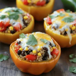 - 4 large bell peppers (any color) - 1 cup quinoa, rinsed - 2 cups vegetable broth or water - 1 can (15 oz) black beans, rinsed and drained - 1 cup corn kernels (fresh, frozen, or canned) - 1 medium onion, diced - 2 cloves garlic, minced - 1 teaspoon cumin - 1 teaspoon smoked paprika - 1 teaspoon chili powder - Salt and pepper to taste - 1/2 cup shredded cheese (cheddar, mozzarella, or your choice) - Fresh cilantro or parsley for garnish When I make stuffed bell peppers, I love to pick fresh ingredients. Using colorful bell peppers makes the dish pop. You can choose red, yellow, or green. Each color adds unique flavor. For the quinoa, I always rinse it well. This step ensures it tastes great. Boiling it in vegetable broth or water makes it fluffy and full of flavor. Black beans add protein and texture. They also give a nice contrast to the quinoa. Corn kernels bring sweetness to the mix. You can use fresh, frozen, or canned corn, depending on what you have. Diced onion and minced garlic add depth. They become fragrant when sautéed. Spices are key in this recipe. Cumin provides warmth, while smoked paprika adds a hint of smokiness. Chili powder gives a nice kick. Adjust salt and pepper to your taste for the best flavor. For toppings, I enjoy adding shredded cheese. It melts beautifully and adds richness. Fresh herbs like cilantro or parsley brighten the dish. They make each bite fresh and inviting. You can find the full recipe to guide you through every step. Enjoy creating this colorful, tasty meal! - Preheat oven to 375°F (190°C). - Cut tops off bell peppers and remove seeds. - Boil vegetable broth or water, add rinsed quinoa. - Simmer until fluffy (about 15 minutes). - Sauté onion and garlic in olive oil until softened. - Mix in black beans, corn, spices, and cooked quinoa. - Fill the hollowed bell peppers with the quinoa mixture. - Top with shredded cheese and cover with foil. - Bake for 25 minutes covered, then uncover and bake for an additional 10-15 minutes. This simple process leads to a tasty, colorful dish that's sure to please anyone. For a full recipe, check out the complete details above. - Ensure quinoa is well-rinsed for better flavor. Rinsing removes bitter saponins. - Don’t overstuff the peppers to prevent spilling. A little space helps them cook evenly. - Add fresh cilantro or parsley for a burst of flavor. Fresh herbs brighten the dish. - Drizzle olive oil or a squeeze of lime before serving. This adds richness and zest. - Pair with a simple side salad. A light salad balances the meal nicely. - Serve alongside crusty bread for a complete meal. Bread is great for scooping up leftovers. These tips make your stuffed bell peppers even more amazing! For the full recipe, check out the details above. {{image_2}} You can easily change the protein in your stuffed bell peppers. Try these ideas: - Swap black beans for chickpeas. They add a nice texture. - Use lentils instead for a hearty option. They are packed with protein. - For meat lovers, add cooked ground turkey or beef. This adds a rich flavor. Boost the flavor of your stuffed peppers with some fun additions: - Mix in chili flakes for a spicy kick. It gives a nice heat. - Add diced zucchini or mushrooms for more veggies. They blend well with the quinoa. - Try different herbs like oregano or basil for fresh notes. Cheese can really elevate your dish. Consider these choices: - Feta or goat cheese can add a tangy flavor. They pair well with the peppers. - Use vegan cheese if you want a dairy-free option. It melts nicely too. - Top your peppers with avocado instead of cheese. This gives a creamy texture without dairy. These variations let you customize your meal. You can switch it up based on what you have at home or your taste buds. Store leftovers in an airtight container for up to 3 days. This keeps them fresh. If you have assembled but uncooked peppers, wrap them in plastic. They stay good for 1 day. You can freeze stuffed peppers before baking for up to 3 months. This is a great way to meal prep. When you’re ready to cook them, thaw overnight in the fridge. This makes cooking easy and quick. To reheat, use the oven at 350°F (175°C) until warmed through. This keeps the peppers tasty. If you prefer, you can microwave them on medium power. This is faster but may not give the same texture. Enjoy your meal! Typically, they bake for 35-40 minutes at 375°F. This time allows the peppers to become tender. The cheese on top will melt and brown nicely during this time. Yes, you can assemble them a day in advance. Just keep them in the fridge until you are ready to bake. You can also freeze them for later use. Just make sure to thaw them before cooking. Rice, couscous, or farro are great alternatives. Each option brings a new texture and flavor. You can choose what you like best or what you have on hand. Yes, they are nutrient-dense. Stuffed peppers can fit various diets, including vegetarian and gluten-free. They are packed with veggies, protein, and flavor. Sour cream, avocado, or additional cheese are popular choices. You can also add hot sauce for some kick or fresh herbs for a bright flavor. Serve them hot with a side salad for a balanced meal. A drizzle of olive oil or a squeeze of lime adds extra zest. This dish is bright, tasty, and healthy. Here’s how to make it. Ingredients: - 4 large bell peppers (any color) - 1 cup quinoa, rinsed - 2 cups vegetable broth or water - 1 can (15 oz) black beans, rinsed and drained - 1 cup corn kernels (fresh, frozen, or canned) - 1 medium onion, diced - 2 cloves garlic, minced - 1 teaspoon cumin - 1 teaspoon smoked paprika - 1 teaspoon chili powder - 1 cup diced tomatoes (canned or fresh) - 1/2 cup shredded cheese (cheddar, mozzarella, or your choice) - Salt and pepper to taste - Fresh cilantro or parsley for garnish Instructions: 1. Preheat your oven to 375°F (190°C). 2. Cut the tops off the bell peppers and remove the seeds and membranes. Place the peppers upright in a baking dish. 3. In a medium saucepan, bring the vegetable broth or water to a boil. Add the rinsed quinoa, reduce heat to low, cover, and simmer for about 15 minutes or until the quinoa is fluffy and the liquid is absorbed. 4. In a large skillet, heat a drizzle of olive oil over medium heat. Add diced onion and garlic, cooking until softened (about 5 minutes). 5. Stir in the black beans, corn, cumin, smoked paprika, chili powder, diced tomatoes, and cooked quinoa. Mix well and cook for an additional 2-3 minutes to heat through. Season with salt and pepper to taste. 6. Spoon the quinoa mixture evenly into the hollowed bell peppers, packing it down gently. 7. Sprinkle shredded cheese on top of each stuffed pepper. Cover the baking dish with foil to keep moisture in. 8. Bake in the preheated oven for about 25 minutes, then remove the foil and bake for an additional 10-15 minutes, or until the peppers are tender and the cheese is bubbly and golden. 9. Once done, remove from the oven and let cool slightly. Garnish with fresh cilantro or parsley before serving. Prep Time: 15 minutes | Total Time: 50 minutes | Servings: 4 Presentation Tips: Serve each stuffed pepper on a plate with a side salad. Drizzle a bit of olive oil or a squeeze of lime over the top before serving for extra zest! In this blog post, I've outlined a simple and tasty recipe for quinoa-stuffed bell peppers. You learned about the key ingredients, step-by-step instructions, and helpful tips to make this dish perfect. Quinoa and vegetables come together for a healthy meal that's easy to customize. Whether you enjoy them fresh or with a twist, stuffed peppers are a delightful option. Remember, cooking should be fun. Enjoy exploring different flavors and making this dish your own!
