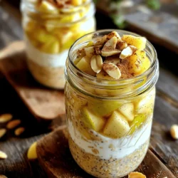 To make apple cinnamon overnight oats, you need simple and fresh ingredients. Here’s what you’ll need: - 1 cup rolled oats - 1 cup almond milk (or any milk of your choice) - 1 medium apple, diced (preferably Granny Smith for tartness) - 1/2 teaspoon ground cinnamon - 1 tablespoon maple syrup (or honey if preferred) - 1/4 cup Greek yogurt (or a plant-based alternative) - 1 tablespoon chia seeds - A pinch of salt These ingredients work together to create a creamy and flavorful dish. The oats soak up the milk and flavors overnight, making them soft and tasty. The apple adds a nice crunch, while cinnamon gives warmth. Adding toppings can make your overnight oats even more special. Try these options: - Sliced almonds - Additional diced apples - A drizzle of almond butter These toppings not only add flavor but also give extra texture. You can mix and match to find your favorite combo. If you want to change things up, here are some substitutions you can use: - For rolled oats, you can use quick oats, but they will be softer. - Swap almond milk for cow's milk, soy milk, or oat milk. - Use any apple variety that you like. Sweet apples work well, too. - If you don’t have Greek yogurt, any yogurt will do. These swaps can help you customize the recipe based on what you have at home. Remember, flexibility is key in cooking! For the full recipe, check out the detailed guide provided above. To make apple cinnamon overnight oats, start by gathering your ingredients. You need rolled oats, almond milk, diced apples, ground cinnamon, maple syrup, Greek yogurt, chia seeds, and a pinch of salt. In a medium bowl, mix the rolled oats with almond milk. Add in the maple syrup, chia seeds, and salt. Stir well. This helps the oats soak up the milk. Next, add the diced apple and ground cinnamon. Make sure to mix gently so everything combines. This will spread the apple and cinnamon flavor throughout. Now, it’s time to divide the mixture. Spoon it into two mason jars or storage containers. Fill each jar about three-quarters full. This gives the oats space to expand. Then, add a layer of Greek yogurt on top. This makes the oats creamy and adds protein. Cover the jars with lids and place them in the fridge. Let them chill overnight, or for at least four hours. This soaking time is key for soft oats. Layering is important for both flavor and texture. Start with the oat mixture at the bottom of the jar. This way, it soaks up the flavors from the apples and cinnamon. After adding the Greek yogurt, you can top with more apples or nuts. This makes it look nice and adds crunch. If you want a stronger cinnamon flavor, sprinkle some on top before serving. You can also layer the oats with yogurt if you like. This keeps the yogurt from mixing in too much. The sweetness of your oats can vary based on your taste. After soaking, taste the oats. If you want them sweeter, add more maple syrup. You can also use honey if you prefer that flavor. If you want a little zing, add a squeeze of lemon juice to the apples. This helps them stay fresh and adds a bright taste. You can even mix in a little nutmeg for extra warmth. For the full recipe, check out the details above. Enjoy your delicious apple cinnamon overnight oats! To make great apple cinnamon overnight oats, follow these tips: - Use old-fashioned rolled oats. They absorb the liquid well and give a nice texture. - Mix your oats well. Stir until all oats are soaked in the milk. This helps with even flavor. - Choose the right container. Use mason jars or airtight containers to keep oats fresh. - Layer your ingredients. Try putting the yogurt on top. It adds creaminess after soaking. - Taste before serving. You can always add more maple syrup to sweeten it up. Apple cinnamon overnight oats are not just tasty; they are also healthy. Here are some benefits: - High in fiber. Oats and apples help keep you full longer, which is great for weight control. - Good for digestion. Chia seeds and oats can aid your digestive system. - Rich in vitamins. Apples provide vitamin C, which supports your immune system. - Low in sugar. Using maple syrup or honey lets you control the sweetness. Sometimes, things don’t go as planned. Here’s how to fix common problems: - Too thick? Add a splash of milk before eating to loosen the oats. - Too runny? If your oats are too wet, use less liquid next time or add more oats. - Bland flavor? Mix in extra cinnamon or a pinch of salt to enhance the taste. - Soggy apples? Add diced apples just before serving for crunch. Follow these tips for a great start to your day with apple cinnamon overnight oats. For the complete recipe, check out the [Full Recipe]. {{image_2}} You can change up your apple cinnamon overnight oats easily. Try adding different fruits. Pears or peaches can bring a sweet twist. You can also use different spices. Nutmeg or cardamom can add warmth. For a nutty flavor, mix in some almond butter. You can switch the sweetener too. Use agave or brown sugar for a different taste. Experiment with these flavors to find your favorite mix. Making this recipe fit your diet is simple. To make it vegan, swap Greek yogurt with a plant-based yogurt. Use maple syrup as your sweetener. For gluten-free oats, just check the label. Look for oats that say gluten-free to be safe. These small changes keep the dish tasty while meeting your dietary needs. If you are in a rush, you can make these oats faster. Use quick oats instead of rolled oats. They soak up the liquid quicker and are ready in less time. You can also prepare them the night before. Just grab and go in the morning. Make them portable by using jars or containers. This way, you can enjoy a healthy breakfast even on your busiest days. For the full recipe, check out the details above! To store Apple Cinnamon Overnight Oats, use airtight containers. Mason jars work great. Fill them up to three-quarters full. This space allows oats to expand as they soak. Keep the lids on tight to lock in freshness. Store the jars in the fridge. These oats last about 3 to 5 days in the fridge. They may get thicker over time. If you prefer them creamier, add a splash of milk before eating. You can enjoy them cold or warm. To reheat, microwave for about 30 seconds to a minute. Stir well for even heat. Making these oats in batches saves time. Prepare a few jars at once for easy breakfasts. You can mix different flavors in each jar. Just be sure to label them with the date. This way, you always know when they were made. Enjoy the ease of a healthy breakfast ready to go each morning. For the full recipe, check the earlier section. Yes, you can use other types of oats. Quick oats or steel-cut oats work too. Each type gives a different texture. Quick oats are soft and mushy. Steel-cut oats are chewier and need longer soaking. Rolled oats are my favorite. They soak well and stay creamy. Overnight oats last about 4 to 5 days in the fridge. Store them in airtight jars. This keeps them fresh and tasty. If you add toppings, wait until you eat them. This keeps them crunchy. You can eat overnight oats warm if you like. Just heat them in a microwave for about 30 seconds. Stir well and enjoy! Some people prefer their oats cold. It all depends on your taste. Apple cinnamon overnight oats are easy to make and taste great. We covered key ingredients, preparation steps, and tips for success. I shared ways to adjust flavors and dietary needs. You can also store your oats to save time. In summary, these oats are healthy, tasty, and versatile. You can enjoy them in many ways. I hope you feel inspired to make your own apple cinnamon overnight oats today!