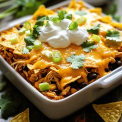 The Chicken Taco Casserole is a fun dish that packs a lot of flavor. Here is what you need: - 2 cups cooked shredded chicken - 1 can black beans, rinsed and drained - 1 can corn, drained - 1 cup salsa (mild or spicy, based on preference) - 1 teaspoon taco seasoning - 2 cups tortilla chips, lightly crushed - 1 cup shredded cheddar cheese - 1 cup sour cream - 1/2 cup green onions, sliced - Fresh cilantro, for garnish Gather these ingredients before you start. The combination of chicken, beans, and corn makes this dish hearty. The salsa adds zest, and the taco seasoning brings it all together. The tortilla chips give a nice crunch, while the cheese melts beautifully. Don't forget the sour cream and green onions for serving! Fresh cilantro brightens the dish and adds a pop of color. For the full recipe, check out the details above. 1. Preheat the oven: Set your oven to 350°F (175°C). This will ensure even cooking. 2. Combine ingredients in a mixing bowl: In a large bowl, mix the cooked shredded chicken, black beans, corn, salsa, and taco seasoning. Stir until everything is well blended. 3. Layer the casserole ingredients: Grease a 9x13 inch baking dish. Spread half of the crushed tortilla chips on the bottom. Next, add half of the chicken mixture on top of the chips. Sprinkle half of the shredded cheddar cheese over this layer. Repeat the process with the remaining chips, chicken mixture, and cheese. 4. Bake the casserole: Place the baking dish in the oven and cover it with aluminum foil. Bake for 20 minutes. 1. Cover with aluminum foil: Make sure the foil is tight around the edges. This helps steam the casserole, keeping it moist. 2. Remove foil for browning: After 20 minutes, take off the foil. Bake for another 10 minutes. This allows the cheese to melt and turn golden brown. 1. Cool before serving: Let the casserole sit for a few minutes once out of the oven. This helps it set and makes serving easier. 2. Garnish options: Top each serving with sour cream, green onions, and fresh cilantro. This adds flavor and makes it look great. For the full recipe, check out the complete instructions above. Enjoy your Chicken Taco Casserole! - Best types of salsa to use: Choose a salsa you love. A mild or spicy salsa works great. I like using fresh salsa for its bold taste. Jarred salsa is fine too. Just pick what you enjoy! - How to avoid soggy chips: To keep your chips crisp, layer them carefully. Place them on the bottom first, but don’t drown them in sauce. Using less salsa can help too. This way, you get that nice crunch! - Plating suggestions: For a beautiful plate, scoop out portions with a spatula. Make sure each serving has layers of chicken and cheese. Serve it on colorful plates for a fun touch! - Garnishing options: Top your casserole with a dollop of sour cream. Add sliced green onions for color. A sprinkle of fresh cilantro adds flavor and looks great! - Meal prep suggestions: You can prepare the chicken and chop veggies a day ahead. This cuts down your cooking time on busy nights. Just mix everything when you’re ready to bake! - Using rotisserie chicken: Grab a rotisserie chicken from the store for quick prep. It's already cooked and shredded. This saves time and adds great flavor to your casserole. {{image_2}} You can easily change the chicken in the casserole. Try using ground beef or turkey instead. This swap gives a different taste while keeping it hearty. For a vegetarian option, use beans and plenty of veggies. Chopped peppers or zucchini add great texture and flavor. To enhance the flavor, add extra spices or herbs. A pinch of cumin or paprika can make a huge difference. You can also try fresh cilantro for a bright kick. When it comes to cheese, feel free to mix it up. Monterey Jack or pepper jack can add a fun twist. Get creative with how you serve this casserole. You can dish it up in bowls or on plates. A taco bar setup lets everyone customize their meal. Set out toppings like salsa, jalapeños, and avocado for fun. This way, everyone can make their own perfect plate. For the full recipe, visit the [Full Recipe] section. To store leftovers, place the casserole in an airtight container. Make sure it cools first. The shelf life in the fridge is about three to four days. Always check for any signs of spoilage before eating. For best results, freeze the casserole before baking. Wrap it tightly in plastic wrap and then foil. This helps prevent freezer burn. You can keep it frozen for up to three months. When ready to eat, thaw it overnight in the fridge. To reheat, bake it directly from the fridge. You can reheat in the oven or microwave. For the oven, cover it with foil to keep it moist. Bake at 350°F (175°C) for about 20 minutes. If using the microwave, heat in short bursts to avoid drying it out. Stir it occasionally to maintain texture. Can I make Chicken Taco Casserole ahead of time? Yes, you can prepare it a day early. Just follow the recipe up to the baking step. Cover the dish tightly and store it in the fridge. When you're ready to eat, bake it straight from the fridge, adding a few extra minutes to the cooking time. What can I substitute for sour cream? You can use Greek yogurt as a great swap. It has a similar tangy flavor and adds creaminess. Cream cheese or cottage cheese also work well, but adjust to your taste. How to adjust the spice level? To lower the spice, choose mild salsa and avoid adding hot spices. For more heat, add jalapeños or spicy salsa. You can also sprinkle some chili powder in the mix for an extra kick. Can I use canned chicken instead of cooked? Yes, canned chicken is a quick option. Drain and rinse it well before mixing with the other ingredients. It saves time but may have a different texture compared to fresh chicken. How long does it take to bake? Baking takes about 30 minutes total. First, cover the dish with foil for 20 minutes. Then, remove the foil for the last 10 minutes to let the cheese brown nicely. What are some side dishes to serve with it? Serve it with a fresh salad or some rice. Guacamole and salsa on the side add flavor. You can also try some tortilla chips or a light corn salad for a nice crunch. For the full recipe, check out the details above. This Chicken Taco Casserole blends easy ingredients into a tasty meal. You prepare it with layers of flavor and texture, from chicken to melted cheese. I shared tips on serving, storage, and variations to keep it fresh. Experimenting with different ingredients can make this dish your own. Whether you stick to the recipe or try alternatives, you'll enjoy a delicious meal. Make it, share it, and savor it with family and friends!