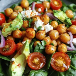 To make this tasty salad, gather these items: - 1 can (15 oz) chickpeas, drained and rinsed - 1 tablespoon olive oil - 1 teaspoon smoked paprika - 1/2 teaspoon garlic powder - Salt and pepper to taste - 4 cups fresh spinach, washed and dried - 1/2 cup cherry tomatoes, halved - 1/4 red onion, thinly sliced - 1 avocado, diced - 1/4 cup feta cheese, crumbled (optional) - 2 tablespoons balsamic vinegar - 1 tablespoon lemon juice - 1 teaspoon honey (or maple syrup for a vegan option) You can add your personal touch to this salad. Try these: - Cucumber slices for crunch - Bell peppers for color - Nuts like almonds or walnuts for a protein boost - Fresh herbs like basil or parsley for extra flavor The right flavors make this salad shine. Here are some ideas: - Try chili powder for heat - Use Italian seasoning for a herby mix - A splash of lime juice can brighten the dish - Swap balsamic vinegar with apple cider vinegar for a different taste For the full recipe, check the details above. Enjoy mixing flavors and colors to make this salad your own! Start by preheating your oven to 400°F (200°C). Grab a can of chickpeas, drain, and rinse them. On a baking sheet, spread the chickpeas out evenly. Drizzle one tablespoon of olive oil over them. Next, add one teaspoon of smoked paprika and half a teaspoon of garlic powder. Season with salt and pepper to your taste. Toss everything well, making sure all the chickpeas get nice and coated. Roast them in the oven for 20-25 minutes. Shake the pan halfway through to help them cook evenly. You want them to be golden and crispy. While the chickpeas roast, it’s time to prepare the salad. Take a large bowl and add four cups of fresh spinach. Make sure you wash and dry the spinach first. Then, cut half a cup of cherry tomatoes in half and slice a quarter of a red onion thinly. Also, dice one avocado into bite-sized pieces. All these colorful ingredients make the salad fresh and vibrant. Once the chickpeas are crispy and slightly cooled, add them to your salad bowl. In a small bowl, mix two tablespoons of balsamic vinegar, one tablespoon of lemon juice, and one teaspoon of honey. Whisk until they blend well. Drizzle this dressing over the salad and toss everything gently. If you like, sprinkle a quarter cup of crumbled feta cheese on top. This adds a nice creamy flavor. Now your crispy chickpeas and spinach salad is ready to enjoy! For the complete recipe, check out the Full Recipe. To get crispy chickpeas, start with dry ones. Drain and rinse them well. Pat them dry with a towel. Moisture will make them soggy. Use olive oil and seasonings for flavor. I love smoked paprika and garlic powder. Bake them at 400°F (200°C) for 20-25 minutes. Shake the pan halfway through for even cooking. Keep an eye on them. They should be golden and crunchy. When making this salad, choose fresh ingredients. In spring, use fresh peas or radishes. Summer brings ripe tomatoes and cucumbers. Fall is great for roasted squash. In winter, add hearty greens like kale or collards. Always pick what is in season. It makes your salad taste better and helps the planet. Serve this salad in a big bowl. You can add more toppings if you like. Try nuts for crunch or fruits for sweetness. Pair it with grilled chicken or fish for a filling meal. You can also add a side of whole-grain bread. For a special touch, sprinkle feta cheese on top. Drizzle extra balsamic vinegar for more flavor. For the full recipe, check the earlier section. {{image_2}} To make this salad vegan, simply skip the feta cheese. You can also replace honey with maple syrup in the dressing. This small change keeps the salad sweet and plant-based. It still tastes amazing with the crunchy chickpeas and fresh veggies. This salad is already gluten-free! The chickpeas and veggies are safe for anyone avoiding gluten. Just ensure your dressings do not contain gluten. Most balsamic vinegar and lemon juice are gluten-free, but double-check the labels to be sure. You can add many fun flavors to this salad. Try adding nuts like walnuts or almonds for crunch. Seeds, like pumpkin or sunflower seeds, also work great. Fresh herbs, like basil or parsley, can brighten up the dish. If you want more spice, a sprinkle of red pepper flakes adds heat. For a creamy touch, swap avocado for a dollop of tahini. The options are endless, and they make the dish your own! For the full recipe, check out the detailed instructions. You can store leftover salad in an airtight container. Add a paper towel inside the lid. This helps absorb excess moisture. Keep the salad in the fridge. It stays fresh for up to two days. However, the chickpeas may lose some crunch. If you have leftover chickpeas, you can reheat them. Spread them on a baking sheet. Bake at 400°F (200°C) for about 10 minutes. This helps restore their crispiness. You can also use the stovetop. Just heat them in a pan until warm. To keep your ingredients fresh, store them properly. Keep spinach in a damp paper towel in a bag. This helps it stay crisp. For cherry tomatoes, store them at room temperature. Do not refrigerate as it changes their taste. Use ripe avocados quickly, as they bruise easily. For feta cheese, keep it in its brine or use a sealed container. Following these tips helps maintain the salad's flavor and texture. For the full recipe, check out the section above. To make chickpeas crispy, start with canned chickpeas. Drain and rinse them well. Dry them with a towel to remove excess moisture. Next, toss them in olive oil and spices. I like to use smoked paprika and garlic powder for flavor. Spread them on a baking sheet in a single layer. Bake at 400°F for 20-25 minutes. Shake the pan halfway through to cook evenly. They should be golden and crunchy when done. Yes, you can prepare the salad in advance! However, keep the dressing separate until you are ready to serve. This keeps the spinach fresh and crisp. You can mix the spinach, tomatoes, onion, and avocado a few hours ahead of time. Just store it in the fridge. When you’re ready, add the chickpeas and dressing. This will make a delicious meal that stays fresh. If you want a substitute for feta cheese, try goat cheese or mozzarella. Both add creaminess and taste. For a vegan option, use tofu or a nut-based cheese. Another good choice is nutritional yeast for a cheesy flavor without dairy. Each of these options will change the taste slightly but will still be tasty in your salad. Crispy chickpeas and spinach salad offers a tasty mix of flavors and textures. We explored key ingredients, step-by-step prep, and helpful tips. With variations and storage info, you'll keep it fresh and exciting. Cooking is about fun, so feel free to try new flavors. Enjoy your healthy meals!