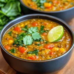 - 1 cup dried green or brown lentils, rinsed and drained - 1 medium onion, finely chopped - 2 cloves garlic, minced - 1 large carrot, diced - 1 celery stalk, diced - 1 red bell pepper, diced - 1 can (14 oz) diced tomatoes - 4 cups vegetable broth - 1 tablespoon olive oil - 1 tablespoon curry powder - 1 teaspoon ground cumin - 1 teaspoon smoked paprika - 1/2 teaspoon cayenne pepper (adjust to taste) - Salt and pepper to taste - 2 cups fresh spinach or kale, chopped - Juice of 1 lime - Fresh cilantro for garnish To make a great spicy lentil soup, you need a few key items. Dried lentils are the star of this dish. They are easy to find and cook quickly. Fresh veggies like onion, garlic, and bell pepper add flavor. Carrots and celery give it a nice crunch. Spices make this soup shine. Curry powder, cumin, and smoked paprika bring warmth. Adjust the cayenne pepper for your taste. A little heat goes a long way! Don’t forget salt and pepper for balance. Greens like spinach or kale boost nutrition. Lime juice adds a bright kick. Finally, fresh cilantro on top makes it look and taste amazing. - Large pot or Dutch oven - Chopping board and knife - Measuring cups and spoons Having the right tools helps you cook well. A large pot or Dutch oven is best for this soup. It holds all the ingredients and allows for even cooking. A chopping board and knife are key for prep work. They help you cut your veggies quickly. Measuring cups and spoons make it easy to get the right amounts. This ensures your soup is tasty and just how you like it. Following the Full Recipe will guide you through the cooking process seamlessly. 1. Heat the olive oil in a large pot over medium heat. 2. Add the chopped onion, carrot, and celery. Sauté these until they soften, about 5-7 minutes. 3. Next, stir in the minced garlic, diced red bell pepper, curry powder, cumin, smoked paprika, and cayenne pepper. Cook these for another 2 minutes. You want the spices to release their aroma. 4. Now, add the rinsed lentils, diced tomatoes (with their juice), and vegetable broth to the pot. 5. Bring the mixture to a boil. This step wakes up all the flavors. 1. Once boiling, reduce the heat to low. Cover the pot and let it simmer for about 30-35 minutes. 2. Check the lentils for tenderness. They should be soft but not mushy. 1. Stir in the chopped spinach or kale. Cook for an additional 5 minutes until the greens wilt. 2. Finally, add lime juice, salt, and pepper to taste. 3. Serve hot, garnished with fresh cilantro. For the full recipe, check out the detailed steps above! You can easily change the heat of your soup. I like to add cayenne pepper for a kick. Start with half a teaspoon and taste as you go. If you want it spicier, add more! Another way to boost flavor is to adjust your spices. Adding a bit more cumin or smoked paprika can deepen the taste. Don’t hesitate to play with the spices. Cooking should be fun! Pair your spicy lentil soup with a thick slice of crusty bread. This combo makes the meal filling and satisfying. You can also enjoy it with a fresh salad for a lighter option. For a beautiful presentation, garnish each bowl with fresh cilantro. A slice of lime on the side adds brightness and color. If you want creaminess, add a dollop of yogurt. This will make each bite even more delicious. Try these tips for a meal that looks and tastes great! You can find the full recipe for spicy lentil soup to explore more ideas. {{image_2}} For a vegan version, use vegetable broth instead of chicken broth. This keeps the soup plant-based. If you have allergies, check labels on broth and spices. Some brands may add gluten or other allergens. Always choose products that fit your diet. You can swap vegetables based on what you have. Try adding sweet potatoes for sweetness. Zucchini or green beans work well too. For a hearty meal, add cooked chicken, sausage, or tofu for protein. Each option brings a unique flavor and texture to your soup. Check out the Full Recipe for more cooking ideas and tips on making your soup shine! You can keep the soup in the fridge for up to five days. Make sure to store it in an airtight container. This helps keep it fresh and tasty. If you want to save it longer, freezing is a great option. To freeze, let the soup cool completely. Then, pour it into freezer-safe bags or containers. Leave some space at the top, as the soup will expand when frozen. You can store it for up to three months. Just label the bags with the date for easy reference. To reheat the soup, use a pot on the stove. Pour the soup in and warm it over medium heat. Stir often to prevent it from sticking. This method keeps the flavors bright and fresh. If you’re in a hurry, you can use the microwave. Place the soup in a microwave-safe bowl. Cover it loosely to avoid splatters. Heat it in short bursts, stirring in between. This helps it heat evenly without losing its taste. For best results, always reheat only what you plan to eat. This keeps the remaining soup fresh for later. Enjoy your Spicy Lentil Soup with a side of crusty bread or a fresh salad! Can I make this soup ahead of time? Yes, you can make this soup ahead of time. It tastes even better the next day. Just store it in an airtight container in the fridge. The flavors will blend nicely as it sits. Is this recipe suitable for meal prep? Absolutely! This soup is great for meal prep. You can divide it into single-serving containers. It stays fresh in the fridge for up to a week. You can also freeze it for longer storage. Lentils are packed with nutrients. They are high in protein and fiber. This soup also has plenty of veggies, adding vitamins and minerals. Carrots, spinach, and bell peppers boost health benefits. A serving of this soup has about 200 calories. Each serving fills you up without adding too many calories. You can enjoy a bowl as a meal or a side. This recipe is nourishing and hearty. You get a balance of protein, carbs, and healthy fats. It’s a perfect option for a healthy lifestyle. For the full recipe, check the previous section. In this article, we explored making delicious spicy lentil soup. We discussed key ingredients like lentils, fresh veggies, and spices. You also learned about essential kitchen tools, preparation steps, and the cooking process. Tips on flavor enhancement and serving ideas offered great ways to enjoy your soup. Lastly, we covered storage tips, reheating methods, and answered common questions. Now, you have all the tools to create a warming, tasty soup. Enjoy the cooking journey and the joy it brings!