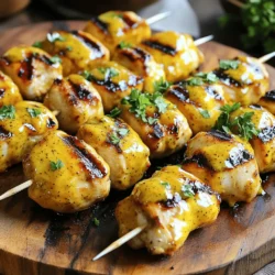 - 1 lb (450g) boneless, skinless chicken breasts - 1/4 cup honey - 1/4 cup Dijon mustard - 2 tablespoons olive oil - 2 cloves garlic, minced - 1 teaspoon smoked paprika - 1/2 teaspoon salt - 1/4 teaspoon black pepper - 1 tablespoon fresh parsley, chopped - Skewers (soaked in water if wooden) The main ingredients for honey mustard chicken skewers are simple and easy to find. Start with one pound of boneless, skinless chicken breasts. This cut is great for skewers because it cooks evenly and stays juicy. Next, you need a quarter cup of honey and a quarter cup of Dijon mustard. These give the skewers a sweet and tangy flavor that everyone loves. Two tablespoons of olive oil add richness and help keep the chicken moist. For seasoning, use two cloves of minced garlic. This adds a wonderful aroma and depth to the dish. One teaspoon of smoked paprika gives a subtle smokiness, which enhances the overall taste. Don’t forget the salt and black pepper! These simple seasonings make a big difference. Lastly, a tablespoon of fresh parsley adds a nice pop of color and freshness when serving. If you’re using wooden skewers, remember to soak them in water for at least 30 minutes. This step keeps them from burning on the grill. If you want to dive deeper into this recipe, check the Full Recipe for more details on preparation and cooking times! First, gather your marinade ingredients. You need honey, Dijon mustard, olive oil, minced garlic, smoked paprika, salt, and black pepper. In a medium bowl, whisk these together until smooth. This mixture will give your chicken a sweet and tangy taste. Next, add your chicken cubes into the bowl. Stir well so each piece gets coated. Cover the bowl and put it in the fridge for at least 30 minutes. For extra flavor, you can marinate it for up to 2 hours. While the chicken marinates, it’s time to prepare the grill. Preheat your grill to medium-high heat. If you are using wooden skewers, soak them in water for about 30 minutes. This step prevents them from burning while grilling. You can skip this if you use metal skewers. Now, it’s time to thread the chicken onto the skewers. Take the marinated chicken cubes and slide them onto the skewers. Leave a little space between each piece for even cooking. Place the skewers on the hot grill. Grill the chicken for about 10 to 12 minutes, turning them occasionally. Look for a golden brown color and ensure the internal temperature reaches 165°F or 75°C. This is when your chicken is safe to eat and perfect! You can find the full recipe to enjoy more deliciousness. The right marination time makes a big difference. I recommend marinating the chicken for at least 30 minutes. This gives the flavors time to soak in. If you want a stronger taste, marinate it for up to 2 hours. You can adjust the honey and mustard amounts to fit your taste. More honey makes it sweeter. More mustard gives a tangy kick. Experiment to find what you love best. Grilling the chicken correctly ensures juicy skewers. Preheat your grill to medium-high heat, around 375°F to 450°F. This helps to sear the chicken nicely. Cook the skewers for about 10 to 12 minutes. Turn them occasionally for even cooking. Keep an eye on the chicken's internal temperature. It should reach 165°F (75°C) for safety. Once your skewers are ready, think about what to serve with them. Fresh veggies or a light salad pair well with the sweet and tangy flavor. You can also serve them with rice or quinoa for a filling meal. For presentation, place the skewers on a large platter. Garnish with parsley for a pop of color. Serve with extra dipping sauce on the side for fun! Check out the Full Recipe for more details. {{image_2}} You can switch up the main protein in this dish. Shrimp makes a great option. It cooks fast and absorbs flavors well. Tofu is another choice for a tasty vegetarian meal. Just make sure to press it first to remove extra moisture. This helps the marinade stick better. Want to change the taste? Add spices like cayenne pepper for heat or garlic powder for more depth. You can also squeeze some lemon or lime juice into the marinade. This adds a fresh twist. Different mustards can change the flavor too. Try whole grain mustard for a grainy texture or spicy brown mustard for an extra kick. Mix in vegetables with your chicken for added nutrition. Bell peppers, zucchini, and cherry tomatoes can work well. They add color and taste to your meal. If you don’t have a grill, you can cook these skewers on a stovetop grill pan. Just watch the heat to avoid burning. This dish is flexible, and you can enjoy it any way you like. For the full recipe, check out the Honey Mustard Chicken Skewers section above. To store leftover honey mustard chicken skewers, place them in an airtight container. Make sure they are cool before sealing. Leftovers will stay fresh for up to three days in the fridge. Always label your container with the date, so you know when to eat them. To freeze the skewers, wrap them tightly in plastic wrap, then place them in a freezer bag. This helps prevent freezer burn. The skewers can be stored for up to three months. When you are ready to eat, thaw them in the fridge overnight. To reheat, grill them on a low setting until heated through. These honey mustard chicken skewers are great for meal prep! You can make a big batch and enjoy them throughout the week. Pair them with rice, salad, or veggies for easy meals. They also work well in wraps or sandwiches. Just pack the sides in separate containers to keep everything fresh. For a tasty lunch, try mixing cold skewers with a grain salad. This adds flavor and makes your meal easy to grab. For the full recipe, visit the earlier section. To check if your chicken skewers are done, look at the internal temperature. Use a meat thermometer. The chicken should reach 165°F (75°C). This ensures it is safe to eat. You can also use visual cues. The chicken should be golden brown on the outside. The juices should run clear, not pink. If you see any pink, it needs more cooking. Yes, you can use other mustards! Different mustards bring unique flavors. Yellow mustard is milder and tangy. Spicy brown mustard adds heat. Honey mustard gives a sweet kick. Each type changes the taste of the dish. If you want a twist, try whole grain mustard. It adds texture and a nutty flavor. Experiment and find your favorite! Several side dishes pair well with honey mustard chicken skewers. Try a fresh green salad for crunch and color. Roasted vegetables add warmth and flavor. Rice or quinoa are great for a hearty bite. For drinks, consider a light white wine or iced tea. These beverages balance the sweetness of the chicken. Enjoy with friends and family for a fun meal! You can make tasty honey mustard chicken skewers in a few easy steps. Start by marinating your chicken with honey, Dijon mustard, and spices. Grill it to golden perfection and serve it with your favorite sides. Remember, you can swap chicken for shrimp or tofu too. This recipe is fun to customize and perfect for meal prep. So, gather your ingredients, fire up the grill, and enjoy a delicious meal that you made yourself!