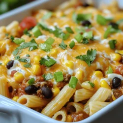 - 8 ounces elbow macaroni or any pasta of choice - 1 pound ground beef or ground turkey - 1 packet taco seasoning - 1 cup salsa - 1 can black beans, drained and rinsed - 1 cup corn kernels - 1 cup diced tomatoes - 2 cups shredded cheddar cheese - Chopped green onions - Cilantro - Sour cream When I create a Cheesy Taco Pasta Bake, I always start with the main ingredients. The pasta is the base, and I love elbow macaroni for its shape. Ground beef or turkey adds protein and heartiness. The taco seasoning gives it that familiar flavor we all love. I also like to use salsa for that extra kick. Next, I mix in a few additional ingredients. Black beans add fiber and texture. Corn kernels bring sweetness and color. Diced tomatoes keep it juicy, and cheddar cheese melts beautifully on top. For garnishes, I recommend green onions and cilantro. They add freshness and make the dish look appealing. A dollop of sour cream can cool down the spice and add creaminess. You can find the full recipe with all the details you need to make this dish. - Preheat the oven to 350°F (175°C). This step is important for even cooking and melting the cheese. - Cook the pasta until al dente. Follow the package instructions. This means the pasta should be firm but not hard. - Brown the ground meat in a skillet. Use medium heat and break the meat apart with a spoon. Cook until it's no longer pink. - Add the vegetables, seasonings, and combine. Stir in onion and garlic. Cook until the onion turns soft. Then add the taco seasoning, salsa, black beans, corn, and diced tomatoes. Mix it all well. Heat for a few minutes so everything warms up. - Combine pasta with filling and transfer to a baking dish. In a bowl, mix the cooked pasta with the meat mixture. Fold in one cup of cheddar cheese and sour cream until it's all blended. - Top with cheese and bake. Pour the mixture into a greased baking dish. Spread it evenly. Sprinkle the remaining cheese on top. Bake for 25-30 minutes. Look for bubbly and slightly golden cheese. This process is simple and makes a great meal. For the full recipe, check the link above. Enjoy your cooking! - How to avoid overcooking pasta: To keep your pasta firm, cook it until al dente. This means it should still have a slight bite. Follow the package instructions, but check it a minute or two early. Drain it right away to stop the cooking process. - Tips for browning meat evenly: Use a large skillet for even cooking. Break the meat into small pieces as it cooks. Avoid overcrowding the pan; it can steam instead of brown. Stir often to get all sides nice and brown. - Suggestions for additional spices or herbs: Add garlic powder or onion powder for extra flavor. Fresh cilantro and lime juice can brighten the dish. Try adding smoked paprika for a deeper taste. - How to customize the heat level with salsa: Choose salsa that matches your taste. If you like it spicy, pick a hot salsa. For a milder version, go for medium or mild. You can also add sliced jalapeños for more heat. - Best ways to garnish the dish: Top your bake with chopped green onions and cilantro. A dollop of sour cream adds creaminess. You can also sprinkle some crushed tortilla chips for crunch. - Serving suggestions: Serve it hot right from the oven. Pair it with a fresh salad or some corn on the side. This dish is great for family dinners or potlucks. For the complete recipe, check the Full Recipe section. {{image_2}} You can switch up the meat in this dish. Ground chicken or ground pork work well. They add a nice flavor while keeping it lean. If you want a veggie option, use meat substitutes like lentils or plant-based crumbles. They soak up the spices and add great texture. The type of pasta can change this dish. Elbow macaroni is classic, but you can use penne or rotini. For a gluten-free option, choose rice or quinoa pasta. Both are tasty and hold the sauce well. Want some heat? Add diced jalapeños or a splash of hot sauce. For a Mediterranean twist, try adding feta cheese and olives. The flavors blend well and create a new dish. Get creative with your spices, and don’t be afraid to mix it up. This recipe is fun to customize! You can find the full recipe [here](#). To keep your Cheesy Taco Pasta Bake fresh, cool it first. Place it in an airtight container. This will help keep the flavors intact. Store it in the fridge for up to three days. Use glass or plastic containers with tight lids. These containers are easy to stack and save space. You can freeze the Cheesy Taco Pasta Bake for later. First, let it cool completely. Then, place it in a freezer-safe container. Make sure to leave some space at the top for expansion. Wrap it tightly with plastic wrap before sealing. When you’re ready to eat, thaw it in the fridge overnight. Reheat in the oven or microwave until hot. In the fridge, the Cheesy Taco Pasta Bake lasts about three days. In the freezer, it can stay good for up to three months. Check for signs of spoilage, like a sour smell or mold. If you see any, it’s best to throw it away. Enjoy your meal without worry! Can I make this dish ahead of time? Yes, you can make Cheesy Taco Pasta Bake ahead of time. Just prepare the dish, cover it, and store it in the fridge. When you are ready, bake it as directed. This makes it easy for busy nights. What are some side dishes that go well with it? Serve this dish with a fresh green salad or tortilla chips. You can also add some guacamole or a side of Mexican rice. These options balance the meal and add more flavor. Is Cheesy Taco Pasta Bake suitable for meal prep? Yes, this dish works great for meal prep. It keeps well in the fridge and reheats nicely. Portion it out for easy lunches or dinners. Can I make it dairy-free or gluten-free? You can make this dish dairy-free by using dairy-free cheese and sour cream. For gluten-free, choose gluten-free pasta and check labels on other ingredients. This way, everyone can enjoy it! What should I do if it’s too dry? If your pasta bake is too dry, add a splash of salsa or broth before baking. Mix it in gently. This adds moisture and keeps it creamy. How can I add more flavor? Boost the flavor by adding extra spices, like cumin or paprika. You can also mix in jalapeños for heat or fresh herbs like cilantro. These simple tweaks will enhance the taste. You now know how to make a tasty Cheesy Taco Pasta Bake. We covered the main ingredients, cooking steps, and tips for the best flavor. Remember, this dish is easy to customize. You can switch meats, try different pasta, and adjust spices to suit your taste. Plus, leftovers can be stored or frozen for later. Get creative and enjoy the process! This recipe is sure to please everyone at your table. Happy cooking!