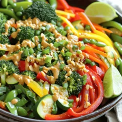- 2 tablespoons vegetable oil - 1 red bell pepper, sliced - 1 yellow bell pepper, sliced - 1 cup broccoli florets - 1 cup snap peas - 1 carrot, julienned - 1 zucchini, sliced - 2 green onions, chopped - 2 cloves garlic, minced - 1 teaspoon ginger, grated - Salt and pepper to taste - 1/2 cup creamy peanut butter - 3 tablespoons soy sauce - 2 tablespoons honey or maple syrup - 1 tablespoon rice vinegar - 1 tablespoon sesame oil - 1/4 cup water (adjust for consistency) - Chili flakes to taste (optional) To make this dish shine, you need fresh vegetables. They add color and flavor. I love using bell peppers for sweetness and broccoli for crunch. Snap peas bring a nice snap, while zucchini adds a soft touch. Carrots add sweetness and color. Green onions give a fresh finish. The aromatics in this recipe are key. Garlic and ginger wake up the dish with their bold flavors. Adjust salt and pepper to your liking for extra taste. The peanut sauce is the star. Creamy peanut butter makes it rich. Soy sauce adds umami, while honey or maple syrup brings sweetness. Rice vinegar gives a tangy kick, and sesame oil adds depth. Water helps to thin it out. You can add chili flakes if you want some heat. For a detailed guide, check the Full Recipe. To start, let's make the peanut sauce. In a bowl, whisk together: - 1/2 cup creamy peanut butter - 3 tablespoons soy sauce - 2 tablespoons honey or maple syrup - 1 tablespoon rice vinegar - 1 tablespoon sesame oil - 1/4 cup water This will create a smooth and creamy sauce. If it feels thick, add more water to get the right consistency. You can also add chili flakes for a spicy kick if you want. Now, let's cook the vegetables. First, heat 2 tablespoons of vegetable oil in a large skillet or wok over medium-high heat. Next, add 2 cloves of minced garlic and 1 teaspoon of grated ginger. Sauté them for about 30 seconds until they smell great. Now it’s time to add the vegetables. Toss in the sliced red and yellow bell peppers, 1 cup of broccoli florets, 1 cup of snap peas, 1 julienned carrot, and 1 sliced zucchini. Stir-fry everything for 5 to 7 minutes. You want the veggies to be bright and tender-crisp. Add salt and pepper to taste. Once the veggies are cooked, remove the skillet from heat. Pour the peanut sauce over the stir-fried vegetables. Toss gently to coat all the veggies in that delicious sauce. For serving, transfer the stir-fry to a large platter or individual bowls. Garnish with chopped green onions. You can drizzle some extra peanut sauce on top for a nice finish. Adding crushed peanuts or lime wedges on the side also looks great! Feel free to explore the [Full Recipe] for more details and tips! - Optimal Stir-Frying Temperature: Heat your skillet or wok to medium-high heat. This helps cook the vegetables quickly. When the oil shimmers, it is ready. - Keeping Vegetables Crisp: Do not overcrowd the pan. Stir-fry in small batches. This ensures even cooking and keeps the veggies bright and crunchy. - Adding Spice with Chili Flakes: If you love heat, sprinkle chili flakes into the stir-fry. Start with a pinch and add more to suit your taste. - Using Fresh Herbs or Lime Juice: Fresh herbs like cilantro or basil brighten the dish. A splash of lime juice adds zing, making the flavors pop. - Pre-cutting Vegetables: Wash and cut your vegetables ahead of time. This saves you time and makes cooking easy and fun. - Storing Leftovers: Keep any leftovers in an airtight container in the fridge. They stay fresh for up to three days. Reheat in a pan to maintain texture. {{image_2}} You can boost your stir-fry with protein. Tofu or tempeh are great plant-based options. They soak up flavor well. Just cube them and add them to the skillet. Cook until golden brown for the best taste. If you prefer meat, chicken and shrimp are solid choices. Cut chicken into thin strips for quick cooking. Shrimp cooks fast, so add them last. They will turn pink and curl when done. For a vegetarian meal, stick to tofu or tempeh. If you want a vegan option, ensure your sauces are plant-based. Some soy sauces contain fish sauce. Always check the labels. You can swap honey for maple syrup for a vegan twist. This change keeps the sweet taste without using bee products. Adjust the sauces based on your dietary needs. Using seasonal veggies makes your stir-fry fresh and tasty. In spring, try adding asparagus or snap peas. Summer is perfect for zucchini and bell peppers. Fall vegetables like butternut squash add a sweet touch. Pair seasonal flavors like fresh basil in summer or nutty sage in fall. These flavors enhance your dish. You can also mix different colors for a beautiful plate. For the full recipe, check the section above. Refrigeration Guidance After enjoying your vegetable stir-fry with peanut sauce, let it cool. Place it in an airtight container. This keeps the flavors fresh. You can store it in the fridge for up to three days. Make sure you seal it well to avoid drying out. Freezing Stir-Fry If you want to save it for later, freezing works well too. Place the stir-fry in a freezer-safe bag. Remove as much air as possible before sealing. You can freeze it for up to three months. Just remember to label the bag with the date! Best Methods to Reheat When it’s time to eat again, reheat the stir-fry gently. Use a skillet over low heat. This helps keep the vegetables crisp. You can also use the microwave. Heat in short bursts, stirring in between. This ensures even heating. Maintaining Vegetable Texture To keep your veggies crunchy, don’t overheat them. Stir often and watch closely. If they look too soft, they may lose their fresh bite. A splash of water can help steam them back to life too. How long leftovers last in the fridge Your stir-fry can last up to three days in the fridge. Check for any signs of spoilage before eating. If it smells off or looks strange, toss it out. Signs of spoilage Signs of spoilage include a bad smell, slimy texture, or discoloration. If you see any of these, it’s best to discard the leftovers. Always trust your senses! To boost flavor, add fresh herbs like basil or cilantro. You can also use fresh lime juice for a zing. Try adding a splash of soy sauce or some chili flakes for heat. A sprinkle of sesame seeds adds crunch and flavor too. Absolutely! You can swap in your favorite veggies. Try adding mushrooms, bok choy, or asparagus. Use what is fresh and in season. This dish is flexible, so get creative with your choices! Yes, but make sure to use gluten-free soy sauce. Many brands offer this option. Check the labels to be sure. If you want a nut-free option, try sun butter instead of peanut butter. It takes about 10 minutes to prep and 10 minutes to cook. In just 20 minutes, you can have a tasty meal. This makes it perfect for busy weeknights. This stir-fry pairs well with rice or quinoa. You can also serve it with noodles for a heartier meal. Add some fresh fruit on the side for a colorful plate. Yes, you can prepare the peanut sauce ahead of time. Store it in the fridge in an airtight container. It stays good for about one week. Just give it a good stir before using it again. For the full recipe, check out the detailed instructions. This blog post covered a tasty vegetable stir-fry with a creamy peanut sauce. We explored fresh veggies, aromatics, and how to create a flavorful sauce. I shared tips for cooking and storing leftovers, plus ways to customize your dish. Remember, you can mix different proteins and seasonal veggies to keep things exciting. Enjoy your cooking journey and make this meal your own!